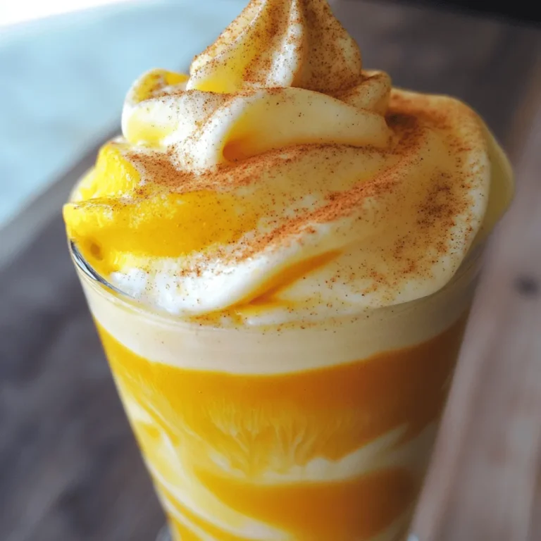 To make this tasty pumpkin cream cold foam, you will need: - 1 cup heavy cream - 1/2 cup pumpkin puree (canned or freshly made) - 2 tablespoons pure maple syrup - 1 teaspoon pure vanilla extract - 1 teaspoon pumpkin pie spice (plus extra for garnish) - A pinch of salt These ingredients work together to create a rich, creamy texture. The heavy cream makes it light and fluffy. Pumpkin puree adds that lovely fall flavor. Maple syrup gives it sweetness, while vanilla and spices add warmth. You can dress up your foam with fun garnishes. Here are some ideas: - A sprinkle of pumpkin pie spice - Whipped cream on top - A drizzle of caramel sauce - Crushed graham crackers for crunch These extras can make your drink look even better. They also add more taste and texture. If you have special dietary needs, there are easy swaps you can make: - Use coconut cream instead of heavy cream for a dairy-free option. - Substitute agave syrup or honey for maple syrup if you prefer. - For a low-sugar version, try a sugar-free sweetener. These changes keep the flavor while meeting your needs. You can still enjoy this delightful treat no matter your diet. To start, gather all the ingredients in a mixing bowl. You will need: - 1 cup heavy cream - 1/2 cup pumpkin puree - 2 tablespoons pure maple syrup - 1 teaspoon pure vanilla extract - 1 teaspoon pumpkin pie spice - A pinch of salt Mix the heavy cream, pumpkin puree, maple syrup, vanilla extract, pumpkin pie spice, and salt. Stir until everything blends well. This step is key for rich flavor in your foam. Next, grab a hand mixer or a whisk. Beat the mixture on medium speed. Watch for soft peaks to form. This should take about 2-3 minutes. Be careful not to overbeat it. If you do, it may turn into butter instead of foam! Now, it’s time to top your coffee. Prepare a glass of your favorite chilled coffee or cold brew. Leave enough room at the top for the foam. Pipe or spoon the pumpkin cream cold foam over the coffee. Aim for a swirled pattern to make it look nice. For a final touch, sprinkle some pumpkin pie spice on top. This adds aroma and makes it even more inviting. Enjoy your foam with a tasty coffee drink! For the full recipe, check out the detailed instructions above. To make the best pumpkin cream cold foam, start with cold cream. Cold cream whips better than warm cream. Use a clean bowl and beaters for best results. A metal bowl works well to keep the cream cold. Whip the cream on medium speed to avoid splatters. Stop when you see soft peaks; this takes about 2-3 minutes. If you whip too long, the cream can turn into butter. You can change the sweetness to fit your taste. If you like it sweeter, add more maple syrup. Start with one extra teaspoon and taste as you go. If you prefer less sweetness, use less maple syrup. You can also try other sweeteners like honey or agave. Always mix well after adding any sweetener, so the flavor blends evenly. Pumpkin cream cold foam pairs well with many drinks. Use it on top of your favorite iced coffee or cold brew. It also tastes great on chai lattes or hot chocolate. For a special touch, add a sprinkle of cinnamon or nutmeg. This will enhance the fall flavors. You can also enjoy it with pumpkin spice muffins or cookies for a cozy treat. For the full recipe, check the recipe section above. {{image_4}} You can easily make a tasty pumpkin cream cold foam without dairy. Use coconut cream instead of heavy cream. It’s thick and adds a nice flavor. For the pumpkin puree, you can stick with the standard kind. The other ingredients stay the same. Just whip them up as usual. This version is great for those who avoid dairy. If you love spices, try adding more to your foam. Increase the pumpkin pie spice to two teaspoons. You can also add a dash of cinnamon or nutmeg for extra warmth. This spiced version enhances the pumpkin flavor and gives your drink a cozy vibe. It’s perfect for chilly days. You can swap the maple syrup for other sweeteners. Honey or agave syrup works well, too. For a low-calorie option, use stevia or erythritol. Just remember to adjust the amount since they can be sweeter than maple syrup. This way, you can enjoy your pumpkin cream cold foam while keeping it healthier. Check the Full Recipe for more tips on making your foam just right! To keep your pumpkin cream cold foam fresh, store it in an airtight container. You can use any sealed jar or bowl with a lid. Make sure the foam cools to room temperature before sealing. Place it in the fridge right away. This keeps it tasty for later use. Your pumpkin cream cold foam stays good for about 3-4 days in the fridge. To enjoy the best flavor, use it within those days. The foam may lose some fluffiness over time. To make the most of it, try to use it soon after making. If you notice any strange smells or colors, it's best to toss it. If your foam flattens, you can revive it easily. Pour it into a mixing bowl. Use a hand mixer or whisk to whip it again. It should come back to a light and fluffy texture. Avoid using heat to warm it up. This can ruin the cream and change its taste. Just whip it back to life, and you’re ready to enjoy! Pumpkin Cream Cold Foam is a fluffy topping for your coffee. It has rich pumpkin flavor and spice. Made with heavy cream, pumpkin puree, and spices, it adds a fun twist. You whip the cream to make it light and airy. This foam sits perfectly on your favorite iced drink, making it taste even better. You can enjoy it all fall long! You can change the flavor of your Pumpkin Cream Cold Foam easily. Try adding more spices if you like it stronger. Cinnamon or nutmeg can add warmth. You can also swap maple syrup for honey for a different sweetness. For a fun twist, mix in some cocoa powder for a mocha-style foam. Let your taste guide you! Yes, you can make Pumpkin Cream Cold Foam ahead of time. Just whip it up and store it in the fridge. It stays fresh for 2-3 days. When you're ready to use it, give it a quick whip to revive the fluffiness. This makes it great for busy mornings or gatherings! You can find great Pumpkin Cream Cold Foam at coffee shops in the fall. Many local cafes have their own twist on this drink. If you want the best, try making it at home with the full recipe. This way, you can control the flavors and enjoy it any time you want! You can create a delicious Pumpkin Cream Cold Foam at home with simple steps. We covered the main ingredients, optional toppings, and substitutions for dietary needs. I shared how to prepare, whip, and add the foam to your coffee. Also, I gave tips for sweetness and serving ideas. Don’t forget about variations for different diets. Store any leftovers properly, and you'll enjoy them later. Making this foam can brighten your drinks, so have fun experimenting with flavors! Enjoy your tasty treat!