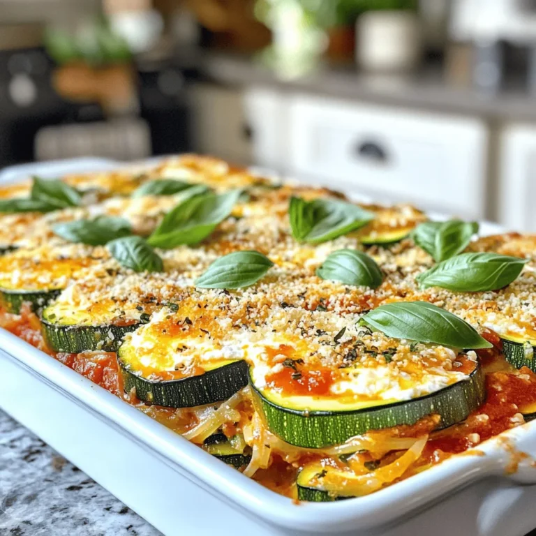 To make a classic Italian zucchini pasta casserole, you will need the following ingredients: - 3 medium zucchinis, sliced into thin, even rounds - 2 cups cooked pasta (choose your favorite like penne or fusilli) - 1 cup marinara sauce (preferably homemade or high-quality store-bought) - 1 cup creamy ricotta cheese - 1 cup shredded mozzarella cheese, plus extra for topping - 1/2 cup grated Parmesan cheese - 1 large egg, lightly beaten - 2 cloves garlic, minced - 1 teaspoon dried oregano - 1 teaspoon dried basil - Sea salt and freshly cracked black pepper, to taste - Olive oil, for drizzling and greasing - Fresh basil leaves, for garnish Each ingredient plays a key role in building flavor and texture. The zucchini adds a fresh crunch, while the pasta provides a hearty base. The cheeses bring creaminess and richness. Marinara sauce ties everything together with its robust flavor. When I make this dish, I focus on using fresh ingredients. It makes a big difference. Quality marinara or homemade sauce enhances the taste. I also love to mix different cheeses for added depth. You can switch up the cheeses based on your preference. Using good olive oil is essential for greasing the dish and drizzling on top. It adds a lovely finish. As for herbs, oregano and basil deliver classic Italian flavor. Feel free to personalize this recipe. Adjust the seasonings to suit your taste. This dish is forgiving, making it easy to put your spin on it. For the full recipe, check out the complete instructions. 1. Preheating the Oven and Sautéing Zucchini - First, set your oven to 375°F (190°C). This temperature works well for baking. - Next, grab a skillet and drizzle some olive oil into it. Heat it over medium heat. - Add the sliced zucchinis and minced garlic to the skillet. Sauté them for about 5-7 minutes. - Keep stirring until the zucchinis become soft and slightly golden. - Season with sea salt, black pepper, oregano, and basil. This adds a punch of flavor. - Once done, remove the skillet from the heat and let it cool for a few moments. 2. Mixing Ingredients for the Casserole - While the zucchini cools, take a large mixing bowl and combine the cooked pasta, marinara sauce, ricotta cheese, and the lightly beaten egg. - Add half of the mozzarella and half of the Parmesan cheese to the bowl. - Stir everything together until well mixed. This will create a creamy base. - Now, gently fold the sautéed zucchini into the pasta mixture. Make sure it blends without mashing the veggies. 1. Assembling the Casserole - Grease a 9x13 inch baking dish with olive oil. This keeps the casserole from sticking. - Pour the pasta and zucchini mixture into the greased dish. Spread it out evenly with a spatula. - To finish, sprinkle the remaining mozzarella and Parmesan on top. This creates a cheesy crust. 2. Baking and Best Practices - Cover the dish tightly with aluminum foil and place it in the preheated oven. - Bake for 20 minutes. This helps all the flavors mix well. - After 20 minutes, carefully take off the foil. Bake for another 10-15 minutes. Watch for the cheese to melt and turn golden brown. - Once it’s done, remove the casserole from the oven. Let it cool for a few minutes before serving. - For a lovely touch, garnish with fresh basil leaves. This adds color and flavor to your dish. For the complete recipe, refer to [Full Recipe]. - Seasoning Suggestions: I love using fresh herbs. Basil and oregano add a lovely taste. Don’t forget to season with sea salt and black pepper. These simple touches make a big difference. Consider adding a pinch of red pepper flakes for a bit of heat. - Achieving the Perfect Cheese Crust: To get that golden crust, use a mix of mozzarella and Parmesan on top. When you bake the casserole, keep it covered for the first part of cooking. This helps the cheese melt nicely. Uncover it towards the end to allow browning. - Sautéing Tips: When sautéing zucchini, cut it into thin, even rounds. This ensures even cooking. Don’t overcrowd the pan; this can lead to steaming instead of browning. Give them enough space to caramelize. - Alternative Pasta Cooking Methods: You can use different pasta shapes, like penne or fusilli. You don’t need to cook it all the way. Make it al dente, as it will cook more in the oven. This keeps the pasta from getting mushy in the casserole. Make sure to check out the Full Recipe for all the steps and details! {{image_4}} Different Cheese Options Cheese makes this dish rich and creamy. You can swap ricotta for cottage cheese if you like. For a sharper taste, use aged provolone or gouda. If you want a bit of tang, try feta cheese. Each cheese brings its unique flavor to the casserole. Meat Additions and Alternatives For meat lovers, ground beef or turkey can add protein. Cook the meat first and mix it with the pasta. If you prefer a lighter option, add cooked chicken or sausage. You can also use plant-based meats for a tasty, hearty dish. Gluten-Free Options To make this casserole gluten-free, choose gluten-free pasta. Many brands offer great options that hold up well in baking. Just check the package for cooking times to ensure perfect texture. Vegan Adaptations For a vegan version, swap all cheeses for cashew cream or tofu ricotta. You can also use a flax egg instead of the beaten egg for binding. Use your favorite marinara sauce that is dairy-free, and you’ll have a delicious vegan casserole. Experimenting with these swaps and modifications can make the Classic Italian Zucchini Pasta Casserole fit any diet or taste. For the full recipe, check out the details above. After enjoying your Classic Italian Zucchini Pasta Casserole, let’s talk storage. First, cool the casserole completely. This helps prevent condensation, which can make it soggy. Once cool, place leftovers in an airtight container. Store them in the fridge for up to three days. If you want to save it for longer, freezing works too. Cut the casserole into portions. Wrap each slice tightly in plastic wrap, then place them in a freezer-safe bag. This way, you can enjoy it for up to three months. When ready to enjoy your casserole again, reheating is key. The best method is using an oven. Preheat it to 350°F (175°C). Place the casserole in a baking dish and cover it with foil. Heat for 20-25 minutes. This helps keep the texture nice and creamy. If you’re in a hurry, a microwave works too. Use a microwave-safe plate and cover it with a damp paper towel. Heat in short bursts, stirring in between, until hot. This method may not keep the texture as good as the oven. For the best flavor and texture, always let it cool slightly before serving. Enjoy! Can I use other vegetables? Yes, you can use other veggies. Try bell peppers, spinach, or mushrooms. Just chop them small so they cook well. Mixing different vegetables adds flavor and color to your dish. How to make it ahead of time? You can make this casserole a day ahead. Just prepare it like normal, but do not bake it. Cover it and store it in the fridge. When ready, bake it as instructed, adding a few extra minutes if needed. What types of pasta work best? I love using penne or fusilli for this dish. Both types hold sauce well and stay firm while baking. You can also use gluten-free pasta if you prefer. How long can it be stored in the fridge? You can keep leftovers in the fridge for about three days. Make sure to cover it well. To reheat, just warm it in the oven or microwave until hot. Recommended Side Dishes Serve this casserole with a fresh salad or garlic bread. A simple mixed greens salad adds a crisp touch. Garlic bread brings a nice crunch and flavor. Pairing Wine with Casserole A light red wine like Chianti pairs well with this dish. It balances the flavors of the zucchini and cheese. If you prefer white, try a crisp Pinot Grigio. How to Garnish and Serve Garnish with fresh basil leaves for a pop of color. You can also sprinkle extra Parmesan on top before serving. This adds flavor and looks great on the table. For the full recipe, check the details above. Enjoy your cooking! In this blog post, we explored a delicious zucchini pasta casserole. We covered ingredients like zucchini, pasta, marinara, and various cheeses. You learned step-by-step instructions for preparation and baking. We included helpful tips for flavor and texture enhancement. You also discovered variations to suit different diets and preferences. In closing, this casserole is versatile and easy to make. Enjoy the cooking process and share it with loved ones.