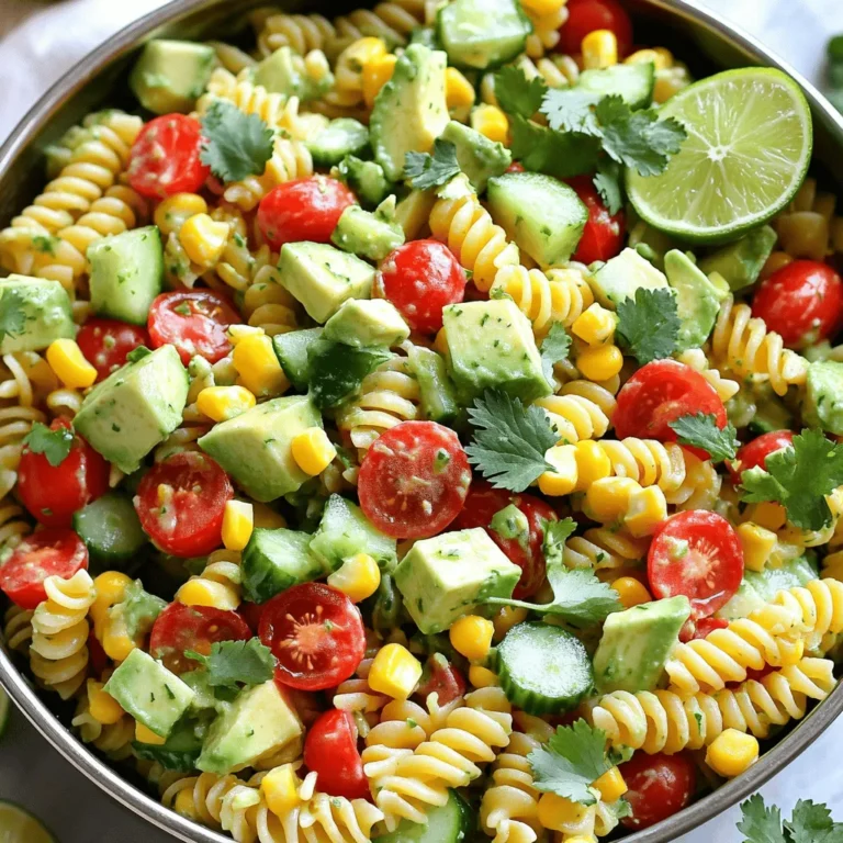- Pasta Types: I recommend using rotini or fusilli pasta. These shapes hold the dressing well. If you prefer, you can swap them for penne or farfalle. Just make sure the pasta cooks until it’s al dente. - Fresh Vegetables: For a great taste and texture, use cherry tomatoes, cucumbers, and bell peppers. These add color and crunch. Red onion gives a nice bite. Fresh corn, either cooked or frozen, adds sweetness. Lastly, diced avocado brings creaminess to the salad. - Dressing Components: The dressing is what makes this salad shine. Use the juice of two fresh limes for tangy flavor. Extra virgin olive oil adds richness. Garlic powder gives depth. Don’t forget salt and freshly ground pepper to taste. These ingredients create that fresh cilantro lime flavor that everyone loves. You can find the complete preparation method in the [Full Recipe]. To start, bring a large pot of salted water to a boil. This step is key for flavor. Add 8 oz of rotini or fusilli pasta. Cook it until it's al dente, which means it should have a slight bite. This usually takes about 8 to 10 minutes. Once cooked, drain the pasta. Rinsing it under cold water stops the cooking. It also helps cool it down quickly. You’ll need a large pot for boiling and a colander for draining. While the pasta cools, get your veggies ready. Chop the cherry tomatoes, cucumber, bell pepper, and red onion. Aim for even pieces to ensure a nice bite. Use a sharp knife for clean cuts. For the avocado, slice it carefully. Cut it in half, remove the pit, and scoop out the flesh with a spoon. Then dice it into small pieces. Handle it gently to avoid mashing. Next, it’s time for the dressing. In a small bowl, combine the juice of 2 limes, 3 tablespoons of olive oil, and 1 teaspoon of garlic powder. Whisk these ingredients together until they blend well. Always taste it! Adjust the seasoning with salt and pepper to suit your preference. Now, let’s mix everything together. In a large bowl, combine the cooled pasta, chopped veggies, and diced avocado. Drizzle the dressing over the top. Toss gently to coat everything. Be careful not to mash the avocado. Finally, fold in ½ cup of chopped cilantro. This adds a fresh flavor. Mix gently, ensuring the avocado stays intact. For the best taste, cover the salad and chill it in the fridge for at least 30 minutes. This allows all the flavors to blend beautifully. For the full recipe, check the instructions at the beginning. Enjoy your bright and zesty Cilantro Lime Pasta Salad! To boost the citrus flavor in your cilantro lime pasta salad, try adding lime zest. This adds a bright, fresh taste. You can also mix in a little orange juice for a sweet twist. For herbs and spices, consider adding fresh parsley or mint. Both pair well with cilantro. A pinch of cumin or chili powder can also give your salad a nice kick. You want your salad to look as good as it tastes. Serve it in a clear bowl to show off the colorful veggies. You can layer the ingredients for a fun effect. For garnishes, fresh cilantro leaves work wonders. Add lime wedges on the side for a pop of color and extra zing. Slices of radish or a sprinkle of feta cheese can also elevate the dish. Chill your salad for at least 30 minutes before serving. This lets the flavors mix well. If you have time, chilling it longer is even better. To enjoy leftovers, keep them in a sealed container. Add a splash of lime juice before eating. This helps keep everything fresh and tasty. {{image_4}} You can change this salad to match your taste. Here are some great protein options: - Chicken - Shrimp - Beans Adding these gives you more protein and flavor. If you want a vegetarian dish, beans are a good choice. They add nutrients and make the salad filling. Need to change the recipe for special diets? No problem! You can use gluten-free pasta instead of regular pasta. There are many kinds available, like rice or chickpea pasta. For a vegan version, simply swap out the dressing. Use a mix of lime juice and avocado oil, or find a vegan dressing at the store. The best ingredients change with the seasons. In summer, use fresh corn and ripe tomatoes. They add sweetness and crunch. In winter, try roasted vegetables like squash or broccoli. They give warmth and heartiness to the dish. Always look for local produce. It tastes better and supports your community! Check your farmer's market for fresh options. For the full recipe, check out the entire section above! To keep your cilantro lime pasta salad fresh, store it in the fridge. Place it in an airtight container; this helps lock in flavors. Use a glass or plastic container with a tight lid. Avoid large bowls, as they can let air in and make the salad dry out. You can freeze pasta salad, but it may change the texture. If you choose to freeze it, use a freezer-safe container. When you want to eat it, move it to the fridge overnight. Let it thaw slowly for best results. Serve it cold once it’s thawed. Leftovers will last up to three days in the fridge. Check for signs of spoilage before eating. If you see any mold or if it smells off, throw it away. Always trust your senses. Keeping track of freshness helps you enjoy your salad at its best! For the full recipe, check the section above. To keep avocado fresh, use lime juice. The acid slows the browning. You can also cover the avocado tightly with plastic wrap. This limits air exposure. If you mix the avocado in last, it stays bright green longer. Yes, you can prepare this pasta salad a few hours in advance. Just store it in the fridge. For the best taste, mix in the avocado right before serving. This helps keep it fresh. If you dislike cilantro, try parsley or basil instead. Both herbs add a fresh taste. You can also use mint for a unique twist. Mix in different herbs to find your favorite flavor. To make this pasta salad gluten-free, use gluten-free pasta. Many brands offer great options like rice or quinoa pasta. Check the box for cooking times. The rest of the ingredients are naturally gluten-free. Serve the pasta salad in a large, colorful bowl. Add lime wedges and extra cilantro on top for decoration. This makes it more inviting. For a buffet, set it out with serving spoons. This allows guests to help themselves easily. This blog post covered key ingredients, cooking steps, and helpful tips for making a delicious pasta salad. Remember to choose the right pasta and fresh vegetables for a tasty mix. The dressing adds incredible flavor, so don't skip it. Storing leftovers properly keeps your salad fresh for later. Try different variations to suit your taste. My final thought? Pasta salad is versatile and fun. Enjoy making it your own, and share it with others!
