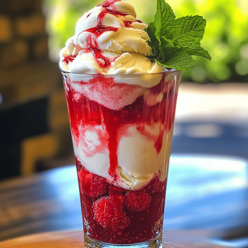 - 1 cup fresh raspberries - 2 tablespoons granulated sugar - 1 tablespoon freshly squeezed lemon juice - 2 cups sparkling water or club soda - 1 cup creamy vanilla ice cream - Whipped cream (for a lavish topping) - Fresh mint leaves (for garnishing) In this recipe, fresh ingredients shine. Start with ripe raspberries; their sweet-tart flavor makes the float pop. You’ll mix these with sugar and lemon juice. The sugar enhances the raspberries' natural sweetness, while lemon juice adds a refreshing zing. For the bubbly part, you can use sparkling water or club soda. Both options add fizz and fun. The creamy vanilla ice cream takes the float to a whole new level. It balances the tartness of the raspberries perfectly. Don't forget the whipped cream on top! It makes your drink feel special and rich. Fresh mint leaves add a nice touch. They make the float look pretty and taste fresh. This Sparkling Raspberry Cream Soda Float is easy to make. Just gather these ingredients, and you’re ready for a sweet treat. For the full recipe, check out the details above. Enjoy making this refreshing delight! To make the raspberry sauce, start by cooking fresh raspberries, sugar, and lemon juice together. Place a small saucepan over medium heat. Stir the mixture as it cooks for about 5-7 minutes. Watch as the raspberries break down and turn into a thick sauce. If you want a smoother sauce, strain it through a fine mesh sieve to remove the seeds. Next, grab a tall glass. Add about 2 tablespoons of the raspberry sauce to the bottom of the glass. This sauce will create a sweet base. Now, carefully place a generous scoop of creamy vanilla ice cream on top of the sauce. This adds a rich, creamy layer. Slowly pour sparkling water or club soda over the ice cream. Fill the glass almost to the top and enjoy the fizzy reaction! To finish, add a big swirl of whipped cream on top. For an extra treat, drizzle a bit more raspberry sauce over the whipped cream. Finally, garnish with fresh mint leaves for a burst of color and flavor. Serve this delightful float right away, and watch everyone enjoy it! For the complete details, check the Full Recipe. To make the best raspberry sauce, start by adjusting the sweetness. You can add more sugar if you like it sweeter or cut back if you prefer a tangy taste. If fresh raspberries are not available, frozen ones work just as well. They are often picked at their peak ripeness and freeze nicely. Just thaw them before cooking. When serving your float, don’t limit yourself to just vanilla ice cream. You can try different flavors like chocolate, strawberry, or even mint! Each flavor brings its own twist. Also, consider using flavored sparkling waters. Lemon or berry sparkling water can add an exciting zing to your float. Presentation matters! Use tall, clear glasses to show off the beautiful layers of your float. This makes it look extra special. Adding colorful straws or decorative picks can also elevate your drink. You can even use a fresh raspberry or a mint leaf on the pick for added flair. {{image_4}} You can easily change up the flavor of your float. A splash of lemon or lime juice adds a zesty kick. This brightens the drink and makes it extra refreshing. You can also mix in other berries like strawberries or blueberries. This gives your float a different taste and adds fun color, too! If you want to try something new, swap out the vanilla ice cream. Coconut ice cream adds a tropical twist that I love. Chocolate ice cream gives a rich flavor that pairs well with raspberries. For a vegan option, use non-dairy ice cream. There are many great flavors you can choose from, so pick your favorite! Make the float festive by using holiday colors. For example, use red and green fruits for Christmas or orange and brown for fall. Seasonal fruits can also give a unique base flavor. Try peaches in summer or pumpkin in autumn for a fun twist. Each season brings new ideas to make your float special! You should refrigerate leftover raspberry sauce. Place it in an airtight container. To enjoy the best quality, use it within 3-5 days. This keeps the flavor fresh and bright for your next float. Fresh raspberries must stay in the fridge. Keep them dry and in a sealed container. Also, make sure to store your sparkling water chilled. This helps maintain its fizz until you use it in the float. You can prepare the raspberry sauce in advance. Just remember to assemble the float right before serving. This way, the ice cream stays creamy and the drink remains fizzy. Enjoy the vibrant layers as they come together! Yes, frozen raspberries can be used if fresh ones are unavailable. They work well and save time. Just thaw them a bit before you start. This will help them break down easily when cooking. You can use club soda, tonic water, or flavored sparkling drinks. Each will give your float a different taste. Choose what you like best for a fun twist. To make it non-dairy, use a dairy-free ice cream alternative. There are many great options available now. Almond, coconut, or cashew ice creams work wonderfully. Yes, it's a fun and delicious treat suitable for kids! Kids love the fizz and the creamy ice cream. It’s a perfect summer treat for family gatherings or backyard parties. This blog post shared a simple recipe for a refreshing raspberry float. You learned how to make a tasty raspberry sauce, assemble the drink, and add delicious toppings. Remember, you can customize this recipe with different flavors and ingredients. Enjoy experimenting to find your perfect mix! Keep your ingredients fresh and assemble the float just before serving. With these tips, you can create delightful treats for any occasion. Your creativity will make each float special!