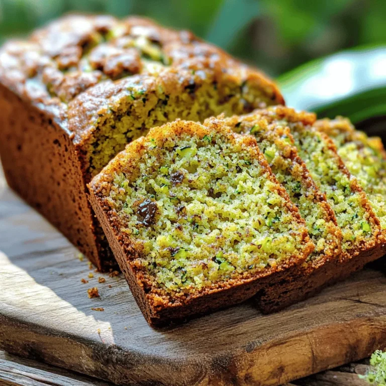 To make the best moist zucchini bread, you need key ingredients. Here’s what you’ll use: - 2 cups grated zucchini (about 2 medium zucchinis) - 1 cup granulated sugar - 1/2 cup brown sugar, tightly packed - 3 large eggs, preferably at room temperature - 1/2 cup vegetable oil (or melted coconut oil) - 1 teaspoon pure vanilla extract - 2 cups all-purpose flour (you can use half whole wheat flour) - 1 teaspoon baking soda - 1/2 teaspoon baking powder - 1 teaspoon ground cinnamon - 1/2 teaspoon ground nutmeg - 1/2 teaspoon fine salt These ingredients work together to create a soft, moist loaf. The zucchini adds moisture, while the sugars give sweetness. You can get creative with mix-ins to enhance flavor. Here are some options: - 1/2 cup chopped walnuts or pecans (for crunch) - 1/2 cup semi-sweet or dark chocolate chips (for a treat) Adding these mix-ins makes the bread even more special. The nuts give texture, and chocolate adds richness. If you want to make your zucchini bread healthier, consider these swaps: - Use applesauce instead of oil for less fat. - Replace granulated sugar with honey or maple syrup. - Add flaxseed meal instead of some flour for more fiber. These substitutions still keep the bread tasty while providing healthier choices. You can enjoy this delightful bread without guilt! For the full recipe, check the section dedicated to it. Start by preheating your oven to 350°F (175°C). Grease a 9x5 inch loaf pan with butter or oil. Dust it lightly with flour. You can also line it with parchment paper. This makes it easy to remove the bread later. In a big mixing bowl, add the grated zucchini. Use about 2 medium zucchinis. Add 1 cup of granulated sugar and 1/2 cup of brown sugar. Whisk in 3 large eggs, 1/2 cup of vegetable oil, and 1 teaspoon of pure vanilla extract. Mix everything until it is smooth. This mix adds moisture to the bread. In a separate bowl, sift together 2 cups of all-purpose flour, 1 teaspoon of baking soda, 1/2 teaspoon of baking powder, 1 teaspoon of ground cinnamon, 1/2 teaspoon of ground nutmeg, and 1/2 teaspoon of fine salt. This step helps to remove lumps and ensures even mixing. Gradually add the dry mix to the wet ingredients. Stir gently until just combined. It’s okay if the batter has some lumps. Overmixing can make the bread dense. Pour the batter into the prepared loaf pan. Smooth the top with a spatula. Bake the bread for 50-60 minutes. Check with a toothpick; it should come out clean or with a few moist crumbs. Let the bread cool in the pan for about 10 minutes after baking. Carefully transfer the loaf to a wire rack. Allow it to cool completely before slicing. This helps keep the bread moist and fluffy. Enjoy each slice with cream cheese or butter for an extra treat. For the full recipe, check out the Ultimate Moist Zucchini Bread. To make great zucchini bread, start with fresh zucchinis. Choose medium-sized ones, as they have the best flavor. Look for smooth skin and a firm feel. Avoid any zucchinis with soft spots or blemishes. You can also use yellow squash for a fun twist. Always wash them well before grating. Moistness is key to a delicious zucchini bread. Here are some tips to keep it rich: - Grate Zucchini Finely: This helps it blend into the batter and release moisture. - Don’t Squeeze Too Hard: While you should remove some excess water, keep some moisture for the bread. - Use Room Temperature Eggs: This helps mix better and adds to the moisture. - Add Oil: Using vegetable oil or melted coconut oil adds richness. - Don’t Overmix: Stir gently until just combined to avoid a dense loaf. Even the best bakers can make mistakes. Here are some common ones to watch out for: - Not Preheating the Oven: Always preheat your oven before baking to ensure even cooking. - Overbaking: Check your bread early to avoid a dry loaf. A toothpick should come out with some moist crumbs. - Skipping the Cooling Step: Letting your bread cool in the pan for a bit helps it set and makes slicing easier. - Using Too Much Flour: Weigh ingredients or spoon flour into measuring cups to avoid packing it down. Too much flour makes the bread dry. These tips will help you create a moist, flavorful zucchini bread every time. For the full recipe, check out the Ultimate Moist Zucchini Bread 🥒 section. Enjoy baking your delicious loaf! {{image_4}} You can make a tasty chocolate version of zucchini bread. This adds a rich flavor. Start with the base recipe. Then, fold in 1 cup of semi-sweet chocolate chips. You can also add 1/4 cup of cocoa powder to the dry mix. This makes the bread extra moist and sweet. The chocolate pairs well with the zucchini. Your kids will love it, and so will you! If you need a gluten-free option, use gluten-free flour. Look for a blend that works well in baking. You can also use almond flour or coconut flour. Adjust the ratios a bit, as these flours absorb moisture differently. You might need to add an extra egg or some applesauce to keep it moist. This way, everyone can enjoy your delicious zucchini bread. Adding spices can make your zucchini bread stand out. Try mixing in 1 teaspoon of pumpkin spice for a warm flavor. You can use cardamom or ginger for a bit of zing. A dash of nutmeg adds depth too. Each spice gives a new twist to the classic recipe. Experiment and find your favorite mix. Your friends and family will be impressed by your creativity! To keep your zucchini bread fresh, store it in an airtight container. Place the loaf at room temperature for up to three days. If you want to keep it longer, the fridge works too. Just wrap it in plastic wrap before putting it in the fridge. This helps trap moisture and flavor, ensuring each slice stays soft. Freezing zucchini bread is a great way to save it for later. Start by letting the bread cool completely. Then, slice it into individual pieces for easy thawing. Wrap each slice tightly in plastic wrap. Place the wrapped slices in a freezer bag or airtight container. It can stay in the freezer for up to three months. When you want to enjoy it, just thaw a slice in the fridge or at room temperature. To reheat your zucchini bread, preheat your oven to 350°F (175°C). Place the whole loaf or individual slices on a baking sheet. Heat for about 10-15 minutes for a whole loaf or 5-7 minutes for slices. This warms the bread and adds a nice touch of crispness to the crust. You can also use a microwave if you're in a rush. Just heat each slice for about 10-15 seconds. Enjoy your warm, moist zucchini bread just like fresh from the oven! To make zucchini bread moist, use fresh zucchini with high water content. Grate it finely to release moisture. Adding enough oil and sugar helps too. Don't overmix the batter; gently stir until combined. Bake it until just done for the best texture. Yes, you can use frozen zucchini. Thaw it first and drain excess water. Frozen zucchini works well, but fresh is best for taste. It may change the texture slightly, but it still makes delicious bread. Use a box grater or food processor to grate zucchini. A box grater gives you control for a fine or coarse grate. A food processor saves time for larger batches. Make sure to squeeze out excess water to keep the bread from being too wet. Zucchini bread lasts about 3 to 4 days at room temperature. Store it in an airtight container to keep it fresh. You can also refrigerate it for up to a week. For longer storage, freeze it for up to three months. Yes, you can use whole wheat flour instead of all-purpose flour. It adds fiber and a nutty flavor. For a lighter texture, try half whole wheat and half all-purpose flour. Adjust the liquid slightly if needed, as whole wheat absorbs more moisture. For the full recipe, check out the Ultimate Moist Zucchini Bread section. This zucchini bread is soft, sweet, and packed with flavor. The grated zucchini keeps it moist and tender. You can enjoy it for breakfast or as a snack. It’s easy to make and uses simple ingredients. Adding nuts or chocolate chips makes it even better. This recipe is a winner in my kitchen and will be in yours too. - 2 cups grated zucchini (about 2 medium zucchinis) - 1 cup granulated sugar - 1/2 cup brown sugar, tightly packed - 3 large eggs, at room temperature - 1/2 cup vegetable oil (or melted coconut oil) - 1 teaspoon pure vanilla extract - 2 cups all-purpose flour (or half whole wheat flour) - 1 teaspoon baking soda - 1/2 teaspoon baking powder - 1 teaspoon ground cinnamon - 1/2 teaspoon ground nutmeg - 1/2 teaspoon fine salt - 1/2 cup chopped walnuts or pecans (optional) - 1/2 cup semi-sweet or dark chocolate chips (optional) 1. Preheat the oven to 350°F (175°C). Grease a 9x5 inch loaf pan or line it with parchment paper. 2. In a large bowl, mix the grated zucchini, granulated sugar, and brown sugar. Add the eggs, vegetable oil, and vanilla. Whisk until smooth. 3. In another bowl, sift the all-purpose flour, baking soda, baking powder, cinnamon, nutmeg, and salt. Make sure there are no lumps. 4. Gradually mix the dry ingredients into the wet ingredients. Stir gently until just combined. It’s okay if the batter is a bit lumpy; overmixing makes the bread dense. 5. Fold in the walnuts and chocolate chips, if using. 6. Pour the batter into the prepared loaf pan. Smooth the top with a spatula. 7. Bake for 50-60 minutes. Check doneness with a toothpick; it should come out clean or with a few crumbs. The top should be golden brown. 8. Let the bread cool in the pan for 10 minutes. Then transfer it to a wire rack to cool completely before slicing. You can find the Full Recipe for all the details you need to create this delightful bread. In this post, we covered how to make the best moist zucchini bread. You learned about key ingredients and tasty mix-ins. I shared tips for mixing and baking to keep it soft. We also looked at storage options and variations. Zucchini bread can be a fun treat with many flavors. With these steps, you can bake a delicious loaf every time. Enjoy your baking journey and share it with friends!