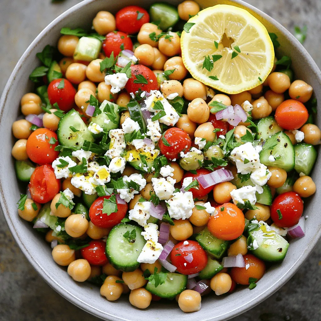 To make Greek Chickpea Cucumber Feta Salad, you will need: - 1 can (15 oz) chickpeas, thoroughly drained and rinsed - 1 medium cucumber, diced into bite-sized pieces - 1 cup cherry tomatoes, halved - 1/2 medium red onion, finely chopped - 1 cup feta cheese, crumbled - 1/4 cup Kalamata olives, pitted and halved - 1/4 cup fresh parsley, finely chopped - 3 tablespoons extra virgin olive oil - 2 tablespoons red wine vinegar (or substitute with apple cider vinegar) - 1 teaspoon dried oregano - Salt and freshly ground black pepper to taste You can swap out some ingredients based on what you have. No feta cheese? Use goat cheese or a dairy-free option. If you don’t like Kalamata olives, green olives work well too. For a crunchier salad, add bell peppers or radishes. You can also mix in some avocados for a creamy twist. Don't have red wine vinegar? Use lemon juice or apple cider vinegar instead. Fresh ingredients make this salad shine. When you use ripe tomatoes and crisp cucumbers, you enhance the flavor and texture. Fresh herbs like parsley brighten the dish. They add a pop of color and a burst of flavor. The quality of your olive oil matters too. A good extra virgin olive oil brings depth to the dressing. Using fresh produce not only boosts taste but also adds vital nutrients. Enjoying this salad means savoring the vibrant flavors of the Mediterranean. Start by gathering all your ingredients. You will need: - 1 can (15 oz) chickpeas, thoroughly drained and rinsed - 1 medium cucumber, diced into bite-sized pieces - 1 cup cherry tomatoes, halved - 1/2 medium red onion, finely chopped - 1 cup feta cheese, crumbled - 1/4 cup Kalamata olives, pitted and halved - 1/4 cup fresh parsley, finely chopped In a large mixing bowl, add the chickpeas, cucumber, cherry tomatoes, and red onion. Stir gently to mix everything well. Next, it’s time to add flavor and texture. Carefully fold in the crumbled feta cheese, Kalamata olives, and fresh parsley. Use a gentle hand to keep the feta intact. This adds creaminess to the salad. Now, let’s whip up the dressing. In a small bowl, combine: - 3 tablespoons extra virgin olive oil - 2 tablespoons red wine vinegar (or apple cider vinegar) - 1 teaspoon dried oregano - Salt and freshly ground black pepper to taste Whisk these ingredients together until the mixture is smooth and well blended. The dressing will enhance the salad's taste. Drizzle the dressing over the salad mixture in the large bowl. Using a gentle folding motion, toss everything together. You want all the ingredients to be nicely coated. Let the salad sit at room temperature for 10-15 minutes. This resting time allows the flavors to meld beautifully. For the full recipe, check the Mediterranean Chickpea Cucumber Feta Delight. To keep your Greek Chickpea Cucumber Feta Salad fresh, choose the best ingredients. Use ripe cherry tomatoes and crisp cucumbers. Look for bright green, firm cucumbers. Always rinse canned chickpeas well to remove any canning liquid. This step helps reduce sodium and enhances flavor. Store leftover salad in an airtight container in the fridge. This will help maintain its freshness for up to 2 days. Serve your salad at room temperature for the best taste. This allows the flavors to shine. If you store it in the fridge, take it out about 20 minutes before serving. Letting it warm slightly helps enhance the taste and makes for a more enjoyable meal. To boost the flavor of your salad, try adding fresh herbs. Basil or mint can add a nice twist. A squeeze of fresh lemon juice can brighten the dish even more. For a spicy kick, add a pinch of red pepper flakes. Mixing in different olives can also create a unique taste. If you want to change the dressing, add a touch of honey or Dijon mustard for extra depth. These small changes can make your salad even more exciting. For the full recipe, check out the Mediterranean Chickpea Cucumber Feta Delight. {{image_4}} You can easily boost the protein in your Greek chickpea cucumber feta salad. Grilled chicken, shrimp, or even tofu work well. Just cut them into bite-sized pieces. Mix them in with the chickpeas. This adds flavor and makes the salad more filling. If you want a vegan version, swap the feta cheese for avocado or a plant-based cheese. Avocado gives a creamy texture and healthy fats. You can also add hemp seeds for more protein. This keeps the salad fresh and tasty without any animal products. Feel free to change up the ingredients based on the season. In spring, add fresh radishes for a crunchy bite. In summer, diced bell peppers add sweetness. In fall, try roasted butternut squash for warmth. Each swap keeps your salad exciting and full of flavor. Explore the [Full Recipe] for more ideas on how to make this dish your own! To keep your Greek chickpea cucumber feta salad fresh, store it in an airtight container. This will help keep the flavors strong and the ingredients crisp. If you have leftovers, it’s best to separate the dressing from the salad. This way, the salad won’t get soggy. Just toss the dressing in when you’re ready to enjoy it again. When stored properly, the salad lasts about 3 to 5 days in the fridge. The chickpeas and feta cheese hold up well. However, the cucumber and tomatoes start to lose their crunch after a couple of days. Make sure to check for any signs of spoilage, like a funky smell or slimy texture. I do not recommend freezing this salad. The textures change, and the fresh ingredients do not thaw well. If you want to prep ahead, consider freezing the chickpeas separately. They can last up to 3 months in the freezer. Just thaw them in the fridge overnight before mixing them back into your salad. For the best taste, always enjoy your salad fresh! For the full recipe, refer back to the Mediterranean Chickpea Cucumber Feta Delight. Yes, you can make this salad the night before. Just keep it in the fridge. The flavors will blend well overnight. However, the salad may lose some crunch. To keep it fresh, add the cucumber and feta just before serving. If you don’t have feta, try using goat cheese or ricotta. Both options bring a creamy taste. You can also use a dairy-free cheese for a vegan twist. Just choose a cheese that crumbles well to mimic feta. To spice up your salad, add chopped jalapeños or red pepper flakes. You can also mix in a spicy dressing. Try adding a dash of hot sauce to the olive oil and vinegar mix. This will give your salad a nice kick. Yes, this salad is gluten-free! All the ingredients are naturally free of gluten. Chickpeas, cucumber, tomatoes, and feta are all safe for a gluten-free diet. It's a great choice for those with gluten sensitivity. Enjoy this fresh and tasty salad without worry. In this blog post, I covered the core ingredients and their importance. We explored how to prepare, mix, and dress the salad. I also shared tips for freshness and serving. You learned about different variations to suit your taste and how to store your salad properly. Eating fresh, tasty food is fun and easy. Enjoy your Greek Chickpea Cucumber Feta Salad, and don’t be afraid to experiment with new flavors!