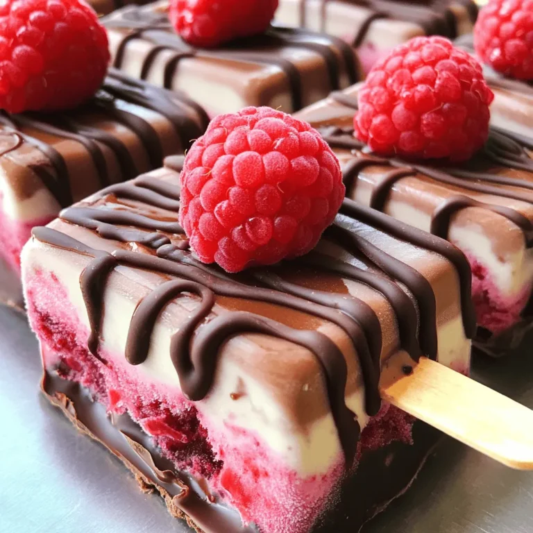 Creating Chocolate Raspberry Frozen Yogurt Pops is simple and fun. You only need a few key ingredients. This recipe makes six delicious pops. Here’s what you need for the base of your pops: - 2 cups plain Greek yogurt - 1 cup fresh raspberries (plus extra for garnish) - 1/2 cup semi-sweet chocolate chips - 1/4 cup honey or maple syrup - 1 teaspoon vanilla extract - A pinch of salt These ingredients work together to form a creamy and tangy treat. The Greek yogurt gives a thick texture. The raspberries add a fruity burst. The chocolate brings sweetness and depth. You can personalize your pops with a few extra ingredients: - Nuts for crunch - Coconut flakes for a tropical twist - Mint leaves for freshness Feel free to mix and match. Experimenting is part of the fun. You can also adjust the sweetness by adding more or less honey or syrup. Enjoy creating your perfect frozen treat! Start by melting the chocolate. Take a microwave-safe bowl and add the semi-sweet chocolate chips. Heat them in the microwave. Use 30-second intervals, stirring well each time. This keeps the chocolate from burning. Once melted, let it cool a bit before using. Now, it's time to blend the yogurt mixture. Grab a blender or food processor. Add the plain Greek yogurt, honey or maple syrup, vanilla extract, and a pinch of salt. Blend it on medium-high speed. You want it smooth and creamy. Make sure everything is well mixed. Next, fold in the raspberries. Carefully add the fresh raspberries to the yogurt mixture. Use a spatula to fold them in gently. You want some whole raspberry pieces for texture. Save a few for garnish. Pour half of the yogurt mixture into popsicle molds. Then, drizzle a layer of melted chocolate on top. Finish by adding the rest of the yogurt mixture. Fill the molds almost to the top. If you have popsicle sticks, insert them into the molds. If not, freeze the pops for a bit first, then add the sticks. Finally, place the molds in the freezer. Let them freeze for 4-6 hours until set. When ready to enjoy, run warm water over the molds. This helps loosen the pops. Gently pull them out and garnish with reserved raspberries. This simple process gives you a delightful treat that is fresh and tasty! For the complete recipe, check out the Full Recipe section. To get the right texture, use full-fat Greek yogurt. It gives a creamy base. Blend until smooth, but don’t overdo it. You want a thick, rich mix. When adding raspberries, fold them in gently. This keeps some whole for a nice bite. If too blended, you'll miss that fresh fruit flavor. Melting chocolate can be tricky. Always use a microwave-safe bowl. Heat chocolate chips in 30-second bursts. Stir well between each round. The goal is smooth and glossy chocolate. If it looks too thick, let it cool a bit. This helps in drizzling over the yogurt mix without clumping. Garnishing adds fun and flair. Use extra fresh raspberries on top. They look bright and inviting. You can also sprinkle chocolate shavings for extra charm. A light drizzle of melted chocolate gives a nice touch. For something different, try crushed nuts or shredded coconut. These add a crunchy contrast to the pops. {{image_4}} You can change up the fruit in these pops. Try strawberries for a sweet twist. Blueberries also work well and add a nice color. Bananas can give a creamy texture. Mixing different fruits can make your pops even more exciting. Just remember to keep the yogurt base the same for creamy goodness. If you want a dairy-free treat, use coconut yogurt. It has a lovely flavor and creamy texture. Almond yogurt is another great choice. It’s light and adds a nice taste. You can also try soy yogurt for a protein boost. Just make sure to pick a brand that tastes good to you. Mix-ins can take your pops to the next level. Consider adding chopped nuts for a crunchy bite. Crushed cookies can bring a fun texture and flavor. For a more decadent treat, swirl in more melted chocolate. You can even add a bit of mint or a sprinkle of cinnamon for a unique twist. Be creative and make these pops your own! To keep your Chocolate Raspberry Frozen Yogurt Pops fresh, follow these steps. First, ensure the pops are fully frozen before storing. This usually takes 4-6 hours. Once solid, they can last for a long time in the freezer. Wrap each pop in plastic wrap for extra protection. This will prevent freezer burn and keep them tasty. Always store your pops in a consistent, cold temperature. Avoid opening the freezer often. This helps maintain the right conditions for your pops. Also, keep them away from strong-smelling foods. Yogurt can absorb odors, which might affect the flavor. Finally, enjoy your pops within 2-3 months for the best taste. Use airtight containers or freezer bags for best results. Choose containers that are the right size for your pops. If you have leftover yogurt mixture, store it in a jar with a lid. This can be saved for future pops or used in smoothies. Always label your containers with the date. This way, you know how long they’ve been stored. For the complete recipe, check out the Full Recipe section! Chocolate Raspberry Frozen Yogurt Pops last about 2 to 3 months in the freezer. After that time, they may lose their flavor and texture. For the best taste, enjoy them within the first month. Yes, you can use other types of yogurt. Greek yogurt gives a thick and creamy texture. You can also use regular yogurt, dairy-free yogurt, or even flavored yogurt. Just keep in mind that flavored yogurt may change the taste of your pops. The best way to remove the pops is to run warm water over the outside of the molds. Do this for about 10 seconds. This helps loosen the pops, making them easier to pull out. If you don’t have warm water, you can let them sit at room temp for a minute or two. This post covered the fun of making Chocolate Raspberry Frozen Yogurt Pops. You learned about the key ingredients and how to mix and freeze them. I shared tips for getting the right texture and fun ways to customize your pops. Plus, I included storage advice to keep them fresh. In the end, making these pops is easy and rewarding. Enjoy all the sweet options you can create!