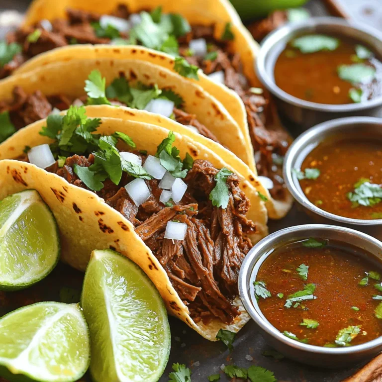 Cooking great Crockpot Birria Tacos starts with fresh and simple ingredients. Here’s what you need: - Beef chuck roast (2 lbs) - Beef broth (4 cups, low sodium recommended) - Dried guajillo chilies (3, stems and seeds removed) - Dried ancho chilies (2, stems and seeds removed) - Onion (1 medium, quartered) - Garlic (4 cloves, minced) - Ground cumin (2 teaspoons) - Dried oregano (1 teaspoon) - Apple cider vinegar (1 tablespoon) - Salt and pepper to taste - Corn tortillas (about 16 for serving) - Fresh cilantro and diced onions (for garnish) - Lime wedges (for serving) Each ingredient plays a key role in making your tacos flavorful and rich. The beef chuck roast gives the dish a hearty base. The dried chilies add warmth and depth. Don't forget the fresh cilantro and lime wedges for that final touch! For the full recipe, you can easily follow the steps to bring this delicious meal to your table. - Toast the guajillo and ancho chilies: In a skillet, set over medium heat, toast the chilies. Do this for about 2-3 minutes. You want the chilies to smell good but not burn. - Soak the chilies in hot water: After toasting, put the chilies in a bowl and cover them with hot water. Let them soak for 15-20 minutes until they are soft. - Combine ingredients in the blender: Drain the chilies and toss them into a blender. Add the quartered onion, minced garlic, ground cumin, dried oregano, apple cider vinegar, and a pinch of salt. Pour in about 1 cup of beef broth. - Adjust seasoning as needed: Blend everything on high until it is smooth. Taste the sauce and add more salt if needed. - Layer beef chuck roast in the crockpot: Place the beef chunks at the bottom of the crockpot. - Pour blended chili sauce and remaining broth: Then, pour the chili sauce over the beef. Add the rest of the beef broth and stir it gently to mix. - Set slow cooker and cooking times: Cover the crockpot with its lid. Cook on low for 8 hours or high for 4 hours. - Check for tenderness: The beef should be very tender and easy to shred when done. - Remove beef and shred it: Use tongs to take the beef out of the crockpot. Place it in a bowl and shred it with two forks. - Reserve the liquid for dipping broth: Strain the leftover liquid from the crockpot into another bowl. You will use this as a tasty dipping broth. - Warm and dip tortillas: In a skillet, warm the corn tortillas until soft. For extra flavor, dip each tortilla in the reserved broth first. - Fill tortillas and add garnishes: Place a generous amount of shredded beef in each tortilla. Top with fresh cilantro and diced onions. This recipe is not just about cooking; it’s about creating a meal that brings joy. For the complete process, check the Full Recipe. - Selecting the right cut of meat: I recommend using beef chuck roast. It's tender and flavorful. You can also use short ribs for more richness. Ensure you cut the meat into 1-2 inch chunks for even cooking. - Adjusting spice levels: Spice is key to birria. If you like it mild, use fewer chilies. For more heat, add extra guajillo or ancho chilies. Taste the sauce before cooking to find your perfect balance. - Cooking on low vs. high settings: For the best results, I prefer cooking on low. This allows the meat to become very tender. If you’re short on time, high can work too, but the meat may not shred as easily. - Optimal time for tender beef: Generally, cook on low for about 8 hours. If on high, aim for 4 hours. The meat should easily fall apart when ready. - Presentation ideas for taco platters: Serve tacos on a colorful platter. Arrange them tightly together for a stunning display. Garnish with fresh cilantro and diced onions for added color. - Accompaniments for a complete meal: Pair your tacos with lime wedges and a bowl of dipping broth. You can also serve rice and beans on the side for a hearty meal. Enjoy with your favorite salsa for an extra kick! {{image_4}} You can switch things up by using different meats for your Birria tacos. Chicken or pork also works great. The cooking time may change. Chicken cooks faster than beef, so check it after three hours. Pork can be just as tender and flavorful as beef. For a meatless version, use jackfruit or mushrooms. These options absorb flavors well and give you a tasty dish. Want to elevate your tacos even more? Try adding spices like cinnamon or cloves. These spices add warmth and depth. You can also mix in vegetables like bell peppers or carrots. This adds color and nutrition, making your dish even better. When it comes to taco styles, you have choices! Soft tacos are classic and easy to handle. They are made with corn tortillas. If you prefer crunch, go for crispy tacos. Just fry the tortillas in a bit of oil. You can also choose between flour and corn tortillas. Each brings its own flavor and texture to the meal. Explore both to find your favorite! After enjoying your delicious tacos, you may have some beef left. To store shredded beef, let it cool down first. Place it in an airtight container. You can keep it in the fridge for up to three days. For the tortillas, keep them in a separate bag. Store them at room temperature in a cool, dry place. This helps keep them soft and ready for your next meal. If you want to save the cooked Birria for later, freezing is a great option. First, let the shredded beef cool. Then, place it in a freezer-safe bag. Make sure to squeeze out all the air before sealing. You can freeze it for up to three months. When you are ready to enjoy it, thaw the beef in the fridge overnight. To reheat, warm it in a pot on low heat. You can add a little broth to help keep it moist. Stored beef in the refrigerator should be used within three days. After this time, it may spoil. Look for signs of spoilage like a sour smell or discoloration. If you notice these signs, it’s best to throw it away. Keeping an eye on your food helps ensure safety and taste. Birria is a traditional Mexican dish. It originated in the state of Jalisco. People first made it with goat meat. Now, beef is the most common choice. It features a rich, spicy broth. You can find it in tacos or served as a stew. This dish has deep roots in Mexican culture. It is often served at special events and holidays. The flavors come from dried chilies, spices, and herbs. Yes, you can use an Instant Pot. To modify the recipe, follow these steps: - Sauté mode: Start by sautéing the beef in the pot. - Cooking time: Cook on high pressure for 60 minutes. - Natural release: Let the pressure release naturally for 10-15 minutes. These changes help cook the beef quickly while keeping it tender and flavorful. Toppings add fun flavors to your tacos. Here are some great choices: - Chopped fresh cilantro - Diced onions - Crumbled queso fresco - Sliced radishes - Avocado or guacamole - Lime wedges for squeezing Feel free to mix and match these toppings for your perfect bite! Birria can be spicy, but you control the heat. The dried guajillo and ancho chilies add warmth. If you want less heat, you can use fewer chilies. Adding sour cream or cheese can help cool it down. Customize the spice level to fit your taste. Serving Birria tacos is simple and fun. Follow these tips: - Serve with broth: Use the reserved liquid as a dipping sauce. - Accompaniments: Offer lime wedges and your favorite toppings. - Taco presentation: Arrange tacos on a colorful platter for a festive look. These details make your meal more inviting and enjoyable. You can find the full recipe for more cooking tips and ideas. Crockpot Birria Tacos are a delight! You start by toasting dried chilies. After that, you soak them in hot water. Blend the chilies with onion, garlic, and spices to make a rich sauce. Then, coat chunks of beef with this sauce in the crockpot. Cook on low for eight hours or high for four hours until the meat is tender. Shred the beef and serve in corn tortillas with fresh toppings. For detailed steps, check the [Full Recipe](#). This recipe is friendly for all cooks. The steps are simple and clear. Even beginners can make great tacos. Preparing the ingredients takes a short time. The slow cooker does most of the work. You don't need to worry about constant stirring or checking. It’s an easy way to impress friends and family. - Prep Time: 20 minutes - Cook Time: 8 hours (low) or 4 hours (high) - Servings: 8-10 tacos With a bit of time, you will have a tasty meal ready to enjoy! This blog post guides you through making delicious birria tacos. You learned the key ingredients, like beef, chilies, and spices. I provided step-by-step instructions, including how to prepare chilies and cook the beef. You also discovered tips for storing leftovers and variations to try. Now, you can enjoy tasty birria tacos at home. With practice, you'll create the perfect meal for friends and family. Dive in and savor each bite!