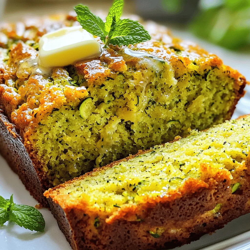 - Zucchini: This is the star of the show. Zucchini adds moisture and a subtle flavor to the bread. It helps keep the bread soft and tender. You can use green or yellow zucchini. - Types of flour: I use both all-purpose and whole wheat flour in this recipe. All-purpose flour gives a light texture, while whole wheat flour adds a nutty taste and extra fiber. Combining them makes a perfect balance. - Optional ingredients: You can add nuts like walnuts or chocolate chips for extra flavor and texture. Walnuts add crunch, while chocolate chips bring sweetness. Feel free to mix them in or leave them out. - Gluten-free flour options: If you need a gluten-free version, use a 1:1 gluten-free flour blend. This will keep the texture similar to traditional zucchini bread. - Sugar alternatives: For a healthier option, you can use coconut sugar or maple syrup instead of granulated sugar. Both will add a unique taste while lowering the glycemic index. - Tips for selecting high-quality zucchini: Look for zucchini that is firm and has smooth skin. The color should be bright and even. Avoid any that are soft or have blemishes. - Storage tips for zucchini before use: Store zucchini in the fridge in a plastic bag. It lasts about a week. If you have too much, you can also freeze grated zucchini for later use in this bread or other recipes. 1. Preheat your oven. Set it to 350°F (175°C). This helps the bread bake evenly. 2. Prepare the loaf pan. Grease a 9x5 inch pan with cooking spray or butter. This keeps the bread from sticking. 3. Mix the wet ingredients. In a medium bowl, combine the grated zucchini, vegetable oil, granulated sugar, brown sugar, beaten eggs, and vanilla extract. Stir until well mixed. 1. Measure your ingredients. Use the right tools. Proper measuring ensures your bread rises well. 2. Combine dry ingredients. In a large bowl, whisk together all-purpose and whole wheat flour, baking soda, baking powder, salt, cinnamon, and nutmeg. This ensures even mixing. 3. Mix wet and dry. Gently add the dry mixture to the wet zucchini mix. Use a spatula or wooden spoon. Be careful not to overmix. This keeps your bread light and fluffy. 1. Bake the bread. Pour the batter into the prepared loaf pan. Smooth the top for even baking. 2. Set baking time. Place the pan in the oven for 50-60 minutes. Check for doneness by inserting a toothpick. It should come out clean or with a few moist crumbs. 3. Cool the bread. Remove it from the oven and let it cool in the pan for about 10 minutes. Then, turn it out onto a wire rack to cool completely. For the full recipe, refer to the detailed instructions earlier. Enjoy baking your delicious zucchini bread! To get the best texture, avoid overmixing the batter. Mix just until everything blends. Overmixing can make the bread tough. It’s better to have a few lumps in the batter than a dense loaf. Cooling the bread before slicing is key. Let it sit in the pan for about 10 minutes. This helps keep the shape. Then turn it out onto a wire rack. Let it cool completely before cutting. This way, you’ll have neat slices. Spices can really lift the taste of your zucchini bread. I recommend using ground cinnamon and nutmeg. These spices add warmth and depth. You can also try adding a pinch of ginger or allspice for fun. To store leftover zucchini bread, wrap it tightly in plastic wrap. Keep it in an airtight container at room temperature. This keeps the bread fresh for several days. For longer storage, freeze slices in a plastic bag. Just thaw them when you’re ready to enjoy. When serving zucchini bread, slice it into thick pieces. You can serve it warm, adding a pat of butter or cream cheese. This adds a nice touch. For a lovely presentation, garnish each slice with fresh mint. It not only looks great but adds a fresh aroma too. You can also sprinkle a bit of powdered sugar on top for extra sweetness. Enjoy the delightful blend of flavors! {{image_4}} You can easily change zucchini bread by adding new flavors. For a savory twist, try adding herbs like rosemary or thyme. These herbs add a nice touch and boost the bread's flavor. You can also mix in fruits like blueberries. They add sweetness and moisture, making the bread even tastier. If you follow a vegan diet, you can make a vegan zucchini bread. Replace the eggs with flaxseed meal or applesauce. For those watching carbs, try using almond flour instead of regular flour. This keeps the bread low in carbs while still being delicious. Mixing spices can change the taste of your zucchini bread. Try adding ginger or cloves for a warm flavor. You can also use different nuts, like pecans or hazelnuts, instead of walnuts. They add a crunchy texture and a unique flavor to the bread. Check out the Full Recipe for more details on these variations! To keep your zucchini bread fresh, store it in an airtight container. This method prevents air from drying it out. If you have leftovers, place parchment paper between slices. This helps keep them separated and easy to grab. If you want to freeze your zucchini bread, wrap it tightly in plastic wrap. Then, place it in a freezer bag. This method protects the bread from freezer burn. You can freeze it for up to three months. When you’re ready to enjoy it, thaw it in the fridge overnight. Homemade zucchini bread lasts about 1 week at room temperature. If you store it in the fridge, it can last up to 2 weeks. Look for signs that it has gone bad. These include mold, an off smell, or a change in texture. If you see any of these signs, it’s best to toss it. To reheat zucchini bread, use the oven. Preheat it to 350°F (175°C). Wrap the bread in aluminum foil to keep it moist. Heat for about 10-15 minutes. You can also use a microwave. Heat slices on a microwave-safe plate for about 15-20 seconds. This method is quick but may make the bread a bit dry. If you have leftover bread, try making French toast. Dip slices in a mixture of eggs and milk, then cook on a hot skillet. Or, crumble it over yogurt for a tasty parfait. These ideas add fun twists to your leftover zucchini bread. Yes, you can! Zucchini is great, but other veggies work too. You can use grated carrots, shredded squash, or even sweet potatoes. These add unique flavors and nutrients. Each veggie brings its own taste, making your bread special. Just remember to adjust the moisture. If you use wetter veggies, reduce the oil or sugar in your recipe. No, you do not need to peel the zucchini. Keeping the skin on adds color and nutrients. The skin has fiber, which is good for digestion. It also helps the bread hold its shape. Plus, the skin gives your bread a lovely green hue, making it more appealing. A toothpick works best. Insert it in the center of the bread. If it comes out clean or with a few crumbs, the bread is done. If it has wet batter, give it more time. You can also gently press the top. If it springs back, it’s ready. Avoid opening the oven too often, as this can lower the temperature and affect baking. Zucchini bread is a delightful mix of flavor and health. This post covered its important ingredients, from fresh zucchini to flour types. We discussed smart ingredient swaps for different diets and how to choose the best zucchini. You learned the steps to bake, tips for texture, and ways to enhance flavor. Variations allow you to get creative, while storage advice helps keep your bread fresh. Zucchini bread is versatile, and now you can make it your own. Enjoy experimenting with this recipe, and share it with friends!