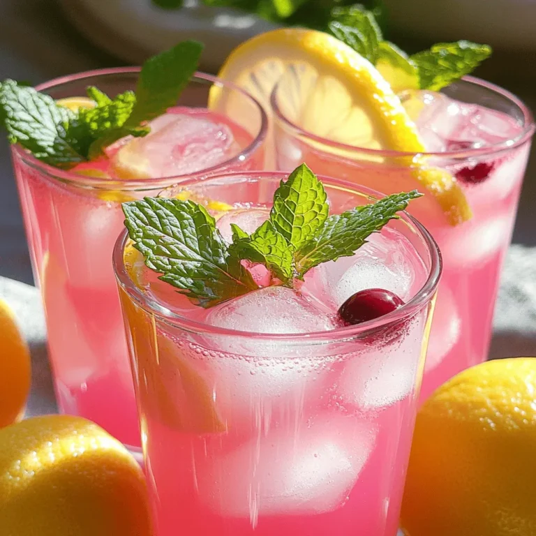 - 1 cup freshly squeezed lemon juice - 3/4 cup granulated sugar - 4 cups cold water - 1/2 cup cranberry juice - Ice cubes - Fresh mint leaves - Lemon slices Pink lemonade is a fun and tasty drink. It packs a punch of flavor, but it's good to know what’s in it. - Calories: A serving has about 100 calories. - Sugars: Each glass has around 24 grams of sugar. - Vitamins: It provides vitamin C from the lemon juice. Using fresh ingredients is key. Fresh lemon juice gives bright flavor and important nutrients. Plus, it has no added preservatives. The cranberry juice adds a nice touch of sweetness and color. This drink not only refreshes but nourishes your body too. Make it with care, and you’ll taste the difference. For the full recipe, check out [Full Recipe]. To make simple syrup, start by cooking sugar in water. In a medium saucepan, mix 1 cup of water with 3/4 cup of granulated sugar. Set the heat to medium. Stir the mixture as it heats up. Keep stirring until the sugar fully dissolves and the liquid looks clear. This means your syrup is ready! Once done, remove it from the heat and let it cool completely. Now for the fun part! Grab a large pitcher. Pour in 1 cup of freshly squeezed lemon juice. This juice gives your pink lemonade its bright flavor. Next, add 1/2 cup of cranberry juice. This juice adds a lovely pink color and a hint of sweetness. Stir gently to blend both juices. Once your simple syrup has cooled, it's time to combine. Pour the syrup into the pitcher with the juices. Stir well to mix everything together. Next, add 3 cups of cold water to the pitcher. Stir again until everything is fully combined. Now, it's time to taste your lemonade. Take a sip! If you want it sweeter, add more sugar slowly. Stir until it dissolves. If it’s too strong, add a bit more water. To make your drink extra refreshing, chill it in the fridge for at least 30 minutes. This step is key! When ready to serve, fill glasses with ice cubes. Pour the chilled lemonade over the ice. Garnish each glass with a lemon slice and a sprig of fresh mint. Your refreshing pink lemonade is ready to enjoy! For the full recipe, check out the [Full Recipe]. To get the right taste, you can adjust the sweetness and tartness of your pink lemonade. Start with the basic recipe, but feel free to tweak it. If you want it sweeter, add more sugar slowly and stir. If it tastes too sweet, squeeze in more lemon juice. This balance makes a drink that everyone enjoys. Using fresh lemon juice is key to good flavor. When you squeeze lemons, use a citrus juicer to get the most juice. Choose ripe lemons that feel heavy for their size. This means they are juicy and full of flavor. Avoid using bottled lemon juice, as it lacks the fresh taste that makes pink lemonade special. Garnishing adds fun and flair to your pink lemonade. A simple slice of lemon on the glass rim looks nice. You can also add fresh mint leaves on top. This not only makes your drink pretty but gives it a burst of fresh aroma. For serving, consider the occasion. Use clear glasses to show off the lovely pink color. At a picnic, add ice to keep it cool. For parties, consider a large pitcher with a ladle for easy serving. Each guest can fill their glass and enjoy this refreshing drink. {{image_4}} You can make pink lemonade even more fun by adding different fruit juices. For example, try mixing in fresh raspberry or strawberry juice. These fruits add a bold taste and deep color. You can also mix in other juices like peach or watermelon for unique flavors. Sweeteners are another area to explore. Instead of regular sugar, try honey or agave syrup. These options can give your drink a distinct taste. Adjust the sweetness to fit your own preference. Play around until you find the perfect mix for you! If you want a cool treat, make a frozen pink lemonade slush. Here’s what you need: - 1 batch of pink lemonade (from the Full Recipe) - 2 cups ice cubes To prepare, start by blending the pink lemonade and ice in a blender. Blend until the ice is finely crushed and the mixture is smooth. You may need to add more ice or lemonade to reach your desired consistency. Serve it in a tall glass with a straw for a fun twist on this classic drink. Enjoy the refreshing chill! To keep your leftover pink lemonade fresh, use an airtight container. Glass jars or plastic pitchers work well. Make sure to seal it tightly to avoid any odors from your fridge. You can store it for up to five days in the refrigerator. Always check for signs of spoilage before you drink it. If you want to save pink lemonade for later, freezing is a great choice. Pour the lemonade into ice cube trays or freezer-safe bags. Leave some space in the containers for expansion. When you’re ready to enjoy your drink, take out the lemonade and thaw it in the fridge overnight. For a fun twist, serve the thawed lemonade over ice. You can also blend it with fresh fruit for a slushy treat. You can sweeten pink lemonade with sugar, honey, or agave. Each sweetener has its perks. Sugar is the most common choice. It dissolves easily in water. Honey adds a floral taste. It also provides some health benefits. Agave syrup is sweeter than sugar. You use less of it, making it a smart choice for those cutting calories. Remember, you can mix and match sweeteners to find your perfect balance. Yes, you can use bottled lemon juice. However, fresh lemon juice tastes better. Fresh juice has a bright flavor. Bottled juice often lacks that vibrant taste. It may also have preservatives. These can change the flavor a bit. If you have time, always go for fresh lemons. They make your pink lemonade taste just right. Pink lemonade can stay fresh for about 5 to 7 days in the fridge. Make sure to keep it in a sealed container. This helps to lock in the flavor. Always check for signs of spoilage. If it smells off or shows changes in color, toss it out. Enjoy your pink lemonade fresh for the best taste! You learned how to make a tasty pink lemonade from fresh ingredients. We covered the key steps, from making simple syrup to mixing flavors. You now know how to customize it for any event. Remember to taste and adjust for the right sweetness. Store leftovers properly and enjoy them later. With this guide, you can create a delightful drink everyone will love. Have fun experimenting with different flavors and serving ideas!