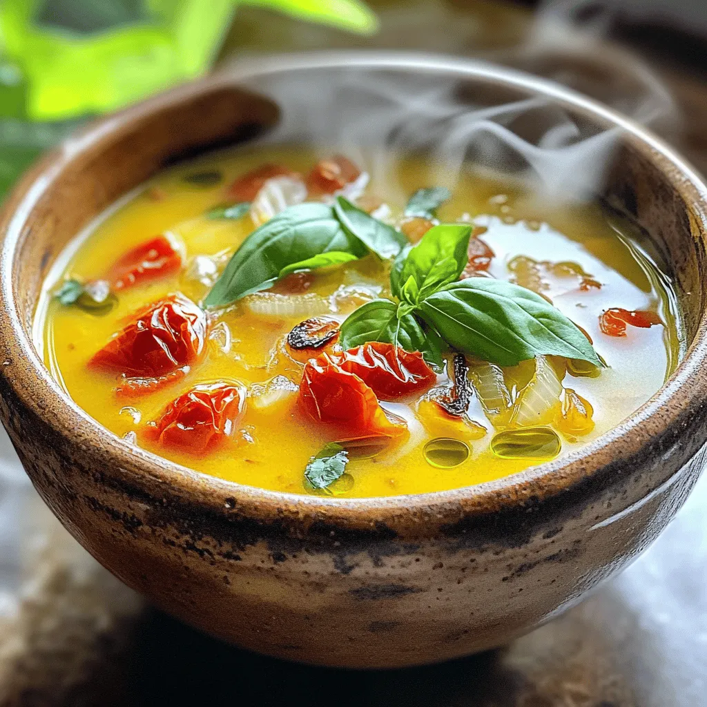 - ripe tomatoes - onion - garlic - extra virgin olive oil - salt and pepper - vegetable broth - granulated sugar - fresh basil leaves - balsamic vinegar - heavy cream (optional) When I make roasted tomato basil soup, I gather the freshest ingredients. Ripe tomatoes are the star. They give the soup its rich flavor. I love using juicy, in-season tomatoes for the best taste. Next, I chop a large onion. It adds sweetness and depth. I also use garlic, which gives the soup a warm, inviting aroma. Extra virgin olive oil is a must. It helps to roast the veggies and adds healthy fats. Salt and pepper season the soup perfectly. I then choose low-sodium vegetable broth. It keeps the soup light but flavorful. A teaspoon of granulated sugar balances the acidity of the tomatoes. Fresh basil leaves add a fragrant touch. I use them generously for that classic flavor. A splash of balsamic vinegar brightens the taste. Finally, I consider adding heavy cream. It makes the soup creamy and rich, but it's optional. This combination of ingredients creates a delightful soup that warms the soul. For the complete recipe, check out the [Full Recipe]. Tomatoes are full of vitamins. They have vitamin C, potassium, and antioxidants. Eating tomatoes can support heart health and skin. Basil is more than just a herb. It has anti-inflammatory properties and is rich in vitamins A and K. It can help boost your immune system too. Olive oil is known for its health benefits. It contains healthy fats that can lower bad cholesterol. It also has antioxidants that help fight disease. These ingredients not only taste great but are good for you too! First, preheat your oven to 425°F (220°C). This helps the tomatoes roast perfectly. While the oven heats, prepare your fresh ingredients. Take 2 pounds of ripe tomatoes and cut them into quarters. Next, chop 1 large onion into bite-sized pieces. Finally, peel 4 cloves of garlic and leave them whole. Now, it's time to roast. On a large baking sheet, arrange the quartered tomatoes, chopped onion, and whole garlic cloves. Drizzle ¼ cup of extra virgin olive oil over the veggies. Season with salt and freshly ground black pepper to taste. Toss everything together to coat evenly. Roast the vegetables in the oven for about 25-30 minutes. You're looking for caramelized edges and soft onions. The aroma should be sweet and inviting. Once roasted, take the baking sheet out and let the veggies cool for a few minutes. In a large pot, combine the roasted vegetables with 2 cups of vegetable broth. Add 1 teaspoon of granulated sugar and 1 cup of fresh basil leaves. Heat the mixture over medium until it simmers. This helps all the flavors blend nicely. Next, you’ll blend the soup. Use an immersion blender for a smooth consistency. If you don’t have one, carefully pour the soup into a blender in batches. Return the blended soup to the pot. Add 1 teaspoon of balsamic vinegar for a hint of tang. For a creamy texture, stir in ½ cup of heavy cream if you like. Taste your soup and adjust the seasoning with salt and pepper as needed. Serve hot in bowls, garnishing with fresh basil leaves or a swirl of olive oil for a nice touch. For the full recipe, check out the detailed instructions. Seasoning is key to great soup. Use salt and pepper to enhance the taste. Adding a sprinkle of sugar balances the acidity of tomatoes. Always taste as you go. This lets you adjust flavors to your liking. Roasting is also vital. Roast your veggies for 25 to 30 minutes. This helps develop a deep, sweet flavor. The edges should caramelize nicely. You want that lovely aroma wafting from your oven. To make a rich soup, you can add heavy cream. This gives a smooth, creamy texture. If you want a lighter option, use blended beans or pureed potatoes. Both will add body without extra fat. When blending, make sure to mix well. This helps create a uniform texture. If you prefer a chunkier soup, blend only half. This way, you get a mix of smooth and textured soup. A beautiful presentation makes your dish shine. Garnish with fresh basil leaves for color. A swirl of olive oil adds a nice touch, too. Serve your soup in deep bowls. Pair it with crusty artisan bread or grilled cheese. This gives a nice crunch and complements the soup. You can also add some croutons on top for extra texture. Enjoying the soup is about the experience, so make it look good! {{image_4}} You can change this soup by adding more vegetables. Carrots add sweetness. Bell peppers bring a nice crunch. Chopping them into small pieces helps them cook well. You might also try adding zucchini for a fresh twist. Using fresh herbs like thyme or oregano can boost the flavor. These herbs add a new layer of taste to your dish. If you want a vegan soup, you can skip the heavy cream. Use coconut milk instead for a creamy texture. Almond milk is another good choice. For broth, make sure to use vegetable broth. This keeps the soup vegan. Adjust the seasoning to fit your taste. You can change the soup's taste with spices. Adding cumin or smoked paprika gives a warm depth. A pinch of chili flakes can add heat. You can also explore cultural variations. For example, Italian versions may include a dash of pesto. Some Mexican versions use lime juice and cilantro. These spices and ingredients make your soup unique and exciting. For the full recipe, check out the [Full Recipe]. After you enjoy your roasted tomato basil soup, you may have some left. Here’s how to keep it fresh: - Refrigeration tips: Store the soup in an airtight container. It lasts for about 4 to 5 days in the fridge. Let it cool before sealing to prevent moisture buildup. - Freezing the soup: If you want to save it longer, freezing works well. Use freezer-safe bags or containers. Leave some space at the top as the soup expands when frozen. It can last up to 3 months in the freezer. When you're ready to enjoy your soup again, here’s how to reheat it without losing flavor: - Methods to reheat without losing flavor: The best way is to use the stovetop. Pour the soup into a pot and heat it over medium heat. Stir often until it's warm. You can also use a microwave. Heat in short bursts, about 1 to 2 minutes, stirring in between. - Tips for maintaining texture: If the soup seems too thick, add a splash of broth or water. This helps restore its creamy texture. Always taste before serving to adjust the seasoning if needed. Roasted Tomato Basil Soup lasts about 5 days in the fridge. Store it in an airtight container. Make sure it cools down before sealing. If you see any mold, toss it right away. For best taste, heat and enjoy it within those days. Yes, you can use canned tomatoes. They are convenient and often more consistent in flavor. Canned tomatoes save time, but fresh tomatoes add a brighter taste. When using canned, choose whole or crushed tomatoes without added sugars. Drain excess liquid to avoid a watery soup. You can pair the soup with a variety of dishes. Some great options include: - Grilled cheese sandwiches - Crusty artisan bread - Fresh basil pesto pasta - A simple mixed green salad These dishes complement the soup's rich flavors and add texture to your meal. For a complete experience, consider adding a dollop of sour cream or a sprinkle of Parmesan cheese on top. Want to explore more? Check the Full Recipe for more serving ideas! This article explored how to make a tasty Roasted Tomato Basil Soup. We covered the ingredients you need, their benefits, and the steps to create this dish. You learned about helpful tips and how to customize the recipe to suit your taste. Storing and reheating the soup was also discussed for your convenience. Now, you have all the tools to make this simple and delicious soup. Enjoy cooking and sharing it with friends and family. Your kitchen can be a place of joy and flavor!