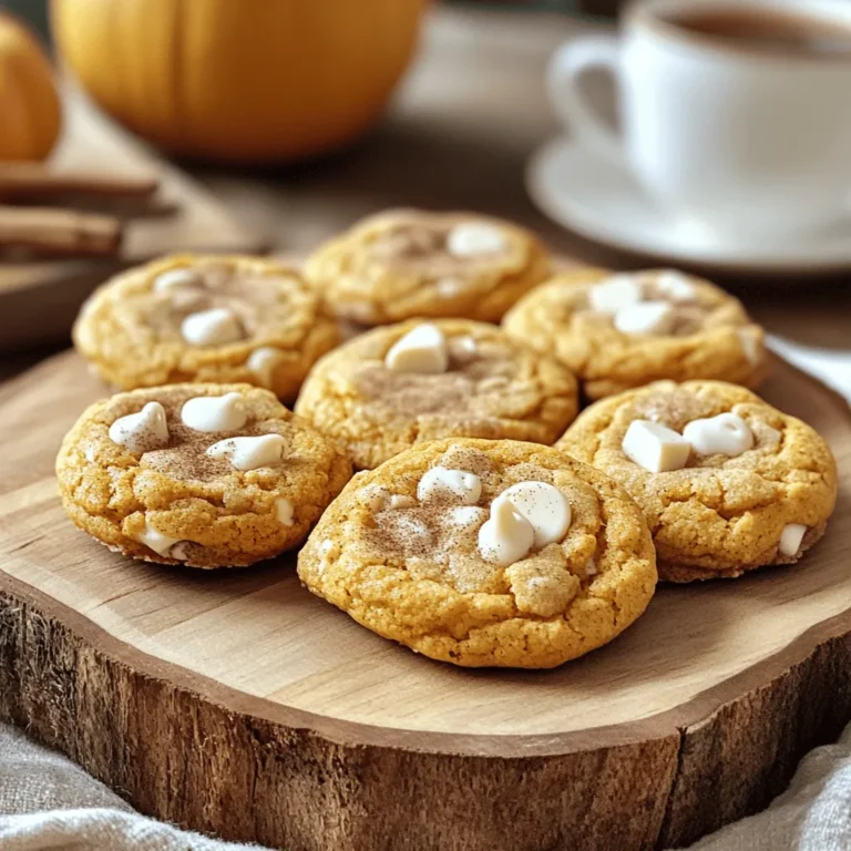 To make these delightful cookies, gather the following ingredients: - 1 cup pumpkin puree (fresh or canned) - 1/2 cup unsalted butter, softened - 1 cup packed brown sugar - 1/2 cup granulated sugar - 1 large egg - 1 teaspoon pure vanilla extract - 2 cups all-purpose flour - 1 teaspoon baking soda - 1/2 teaspoon baking powder - 1 teaspoon ground cinnamon - 1/2 teaspoon ground nutmeg - 1/4 teaspoon ground ginger - 1/4 teaspoon salt - 1 cup white chocolate chips These ingredients work together to create a soft, flavorful cookie with a creamy white chocolate burst. If you want to mix things up, try these options: - Use dark chocolate chips instead of white chocolate. - Add crushed nuts like walnuts or pecans for a crunchy texture. - Swap out some flour for oats for a chewy twist. - Incorporate dried cranberries for a sweet and tart flavor. These variations can add a personal touch to your cookies. To enhance the flavor of your cookies, consider these tips: - Use fresh pumpkin puree for a richer taste. - Ensure your butter is at room temperature for better mixing. - Measure flour accurately; too much can lead to dry cookies. - Don’t skip the spices! They add warmth and depth to the flavor. These small adjustments can make a big difference in the final result. For the full recipe, refer to the earlier section. Enjoy your baking adventure! First, gather all your ingredients. You will need pumpkin puree, butter, sugars, and an egg. The spices like cinnamon, nutmeg, and ginger add warmth. Measure everything out to make the process smooth. Make sure your butter is soft. This helps it mix well. Preheat your oven to 350°F (175°C). Line your baking sheet with parchment paper to avoid sticking. In a large bowl, add the softened butter, brown sugar, and granulated sugar. Use an electric mixer on medium speed. Mix for about 2-3 minutes until creamy. Next, add the pumpkin puree, egg, and vanilla extract. Keep mixing until everything is smooth. This step is key for a rich cookie base. In a separate bowl, whisk together the flour, baking soda, and baking powder. Add the ground cinnamon, nutmeg, ginger, and salt. This helps spread the spices evenly. Once mixed, slowly add this to your wet ingredients. Stir gently with a spatula or spoon. Do not overmix; it’s fine if some flour is still visible. Now, fold in the white chocolate chips. This gives each bite a sweet surprise. Use a tablespoon or cookie scoop to drop rounded balls onto the baking sheet. Space them about 2 inches apart. Bake them in the oven for 10-12 minutes. Look for lightly golden edges and soft centers. Once done, let the cookies cool on the sheet for about 5 minutes. Then, move them to a wire rack to cool completely. Enjoy these delightful treats! For the full recipe, check out the complete details. To get a soft and chewy cookie, mix your dough just enough. Overmixing makes cookies tough. You want to see a few flour streaks before folding in the white chocolate chips. Bake until the edges are golden, but the center looks soft. This keeps your cookies moist and tasty. One common mistake is using cold butter. Always use softened butter to get a creamy mix. Also, don’t skip lining your baking sheet with parchment paper. This prevents the cookies from sticking and helps them bake evenly. Lastly, avoid baking too long. Check them at ten minutes to keep them soft. Spices can take your cookies to the next level. Consider adding a pinch of allspice or cloves for warmth. You can also add a bit more cinnamon if you love that fall flavor. Don't be shy—experiment with spices that excite your taste buds. Each little change can make your cookies even more special. {{image_4}} You can easily make these cookies gluten-free. Just swap regular flour for a gluten-free blend. Look for a mix that has a good balance of flours. I like using a blend with almond and rice flour. This gives the cookies great texture and taste. Follow the same steps in the recipe. Your cookies will still be soft and yummy! If you want a healthier cookie, try using coconut oil in place of butter. Coconut oil adds a nice flavor and keeps the cookies moist. Simply melt the coconut oil and mix it with the sugars before adding the pumpkin. You can also reduce the sugar by 1/4 cup. This small change still keeps the cookies sweet and delicious. Feel free to make these cookies even more fun by adding nuts or dried fruits. Chopped pecans or walnuts give a nice crunch. Dried cranberries or raisins add sweetness and a chewy texture. Just mix in about 1/2 cup of your choice after folding in the white chocolate chips. This twist makes each bite a little different and extra special. For the full recipe, check out the details above! To keep your cookies fresh, store them in an airtight container. This helps keep moisture in. I recommend using a container lined with parchment paper. Place the cookies in a single layer. If you have many cookies, add another layer of parchment paper between them. This way, they won't stick together. You can freeze these cookies for longer storage. Place cooled cookies in a plastic bag or container. Make sure to remove as much air as possible. They can last up to three months in the freezer. When ready to enjoy, simply thaw them at room temperature. To warm them, pop them in the microwave for a few seconds. This brings back that fresh-baked taste. These cookies stay fresh for about a week when stored correctly. They taste best in the first few days. After that, the texture may change, but they will still be good. If you notice them getting dry, try adding a slice of bread in the container. This helps keep them moist for a longer time. You’ll be glad you followed these tips to maintain those delightful flavors from the full recipe! Yes, you can use fresh pumpkin. Just make sure to cook and puree it first. Fresh pumpkin gives a nice flavor and texture. It may have a bit more moisture than canned, so adjust the flour a little if needed. To make chewier cookies, add an extra egg yolk. This will keep them moist. You can also chill the dough before baking. Chilling helps to set the shape and keeps them soft. If you don’t have white chocolate chips, you can use dark chocolate chips. They add a nice contrast to the pumpkin flavor. You could also try butterscotch or peanut butter chips for a fun twist. Absolutely! These cookies make a great gift. They look lovely on a plate and taste amazing. Just package them in a nice box or jar. You can even add a little ribbon for a special touch. For the full recipe, check out the complete guide. White chocolate pumpkin cookies blend flavors and textures perfectly. We explored vital ingredients and shared tips for the best results. Mixing and baking methods made cookie-making easy. You learned how to avoid common mistakes and enhance flavors. Variations cater to different diets while storage info keeps cookies fresh. Those flavorful treats could be gifts too! Enjoy baking these delightful cookies, and share the joy with others.