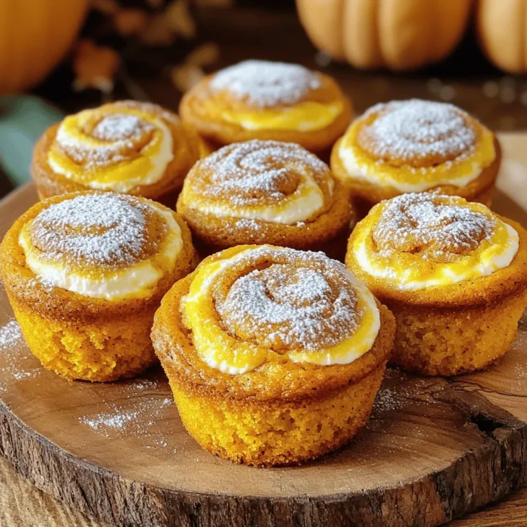To make Pumpkin Cream Cheese Swirl Muffins, you need fresh, quality ingredients. Here’s the list to get you started: - 1 ½ cups all-purpose flour - 1 tsp baking powder - 1 tsp baking soda - ½ tsp ground cinnamon - ¼ tsp ground nutmeg - ¼ tsp salt - ½ cup granulated sugar - ½ cup packed brown sugar - 1 cup canned pumpkin puree - 2 large eggs, at room temperature - ⅓ cup vegetable oil - 1 tsp vanilla extract - 8 oz cream cheese, softened to room temperature - ¼ cup powdered sugar - ½ tsp vanilla extract I recommend using canned pumpkin puree for its rich flavor. It simplifies the process, ensuring you get that delicious pumpkin taste. Ensure the cream cheese is soft. This makes mixing easier and gives a smooth filling. You can find the full recipe at the end of this article. Enjoy gathering these ingredients! - Preheat the oven to 350°F (175°C). Prepare a muffin tin with liners or non-stick spray. - In a medium bowl, mix the all-purpose flour, baking powder, baking soda, ground cinnamon, ground nutmeg, and salt. Whisk until combined, then set aside. - In a large bowl, whisk together the granulated sugar, brown sugar, pumpkin puree, eggs, vegetable oil, and vanilla extract. Mix until smooth and creamy. - Gradually add the dry mixture into the wet pumpkin mixture. Stir gently until just combined. Do not overmix; lumps are okay! - In another bowl, beat the softened cream cheese until smooth. Add powdered sugar and vanilla extract. Mix until creamy. - Pour pumpkin batter into muffin cups, filling each about halfway. Spoon a dollop of cream cheese filling in the center of each cup. Top with more pumpkin batter, filling each cup about ¾ full. - With a toothpick, gently swirl the cream cheese filling into the pumpkin batter for a marbled look. - Bake muffins for 18-22 minutes. They are done when a toothpick comes out clean, though some cream cheese might stay on the toothpick. - Let the muffins cool in the tin for 5 minutes. Transfer to a wire rack to cool completely. To get that perfect cream cheese swirl, follow these steps. First, use a toothpick or skewer to gently swirl the cream cheese into the pumpkin batter. Do not stir too much. You want to see the cream cheese and pumpkin mix without blending them completely. This gives your muffins that beautiful marbled look. Another key point is to avoid overmixing the pumpkin batter. When you mix, do it gently until just combined. It's okay if you see some small lumps. Overmixing can make your muffins tough. Using room temperature ingredients is very important. When eggs and cream cheese are at room temperature, they mix better. This creates a smoother batter and a more tender muffin. Baking time also matters. Set your timer for about 18-22 minutes. To check if they are done, insert a toothpick into the center. If it comes out clean, your muffins are ready. Remember, the cream cheese may stay a little soft. That's normal! For a lovely presentation, arrange your muffins on a festive platter. Dust the tops with a light sprinkle of powdered sugar. This adds a nice touch! You can also serve them with a dollop of whipped cream on the side. It makes them even more tempting. Enjoy your delicious Pumpkin Cream Cheese Swirl Muffins! Check out the Full Recipe for more details. {{image_4}} For a gluten-free option, you can use a 1:1 gluten-free flour blend. These blends work well in most recipes. If you want to try alternative sweeteners, consider using honey or maple syrup instead of sugar. These natural sweeteners add a nice flavor twist. To make your muffins more exciting, try adding chocolate chips or nuts. They bring a delightful crunch and rich taste. You can also experiment with different spices. Try adding ginger or cloves for extra warmth and depth. If you want a fun seasonal twist, consider adding apple or pecan flavors. Chopped apples add moisture and sweetness. Chopped pecans give a nice crunch and nutty flavor. For a smaller treat, make mini muffins. They are perfect for snacks or a quick bite. You can find the Full Recipe above to explore these variations! Store your pumpkin cream cheese swirl muffins at room temperature. Use an airtight container to keep them fresh. This simple step prevents them from drying out or getting stale. Your muffins will stay tasty for about three days. If you want to keep them longer, consider putting them in the fridge. Just remember to let them come to room temperature before enjoying. For long-term storage, freezing is your best option. Wrap each muffin tightly in plastic wrap or aluminum foil. Then, place them in a freezer-safe bag or container. This method helps keep the muffins moist and flavorful. They can last up to three months in the freezer without losing taste. To thaw, remove the muffins from the freezer. Let them sit at room temperature for about an hour. If you’re in a hurry, use the microwave. Heat them on low power for 10 to 15 seconds. For a warm muffin, pop it in the oven at 350°F (175°C) for about 5-10 minutes. Enjoy your delicious treats any time! For the full recipe, check out the details above. To check if your muffins are done, look for a few signs. First, they should be golden brown on top. Next, you can gently press the top with your finger. If it springs back, they are ready. Also, insert a toothpick in the center. If it comes out clean, your muffins are done. These tips help you bake the perfect pumpkin cream cheese swirl muffins every time. Yes, you can make these muffins ahead of time! Bake them and let them cool completely. Once cooled, store them in an airtight container at room temperature for up to three days. If you want to keep them longer, freeze them. Just place them in a freezer bag, and they will stay fresh for up to three months. Thaw them in the fridge or at room temperature before enjoying. If you need an alternative to cream cheese, consider using mascarpone cheese. It has a similar texture and flavor. Greek yogurt is another great option, bringing creaminess and tang. You can also try cottage cheese blended smooth for a lower-fat choice. Each option gives a different taste, so feel free to experiment to find your favorite! These muffins combine simple ingredients for a delightful treat. We covered dry and wet ingredients, along with a tasty cream cheese filling. Following the steps ensures a perfect bake. Tips for texture and dazzling presentation make these muffins shine. Storage advice keeps them fresh for days. Experiment with flavors to suit the season or your taste. Enjoy making and sharing these tasty muffins. You’ll impress friends and family with your baking skills. So, get mixing and enjoy the results!
