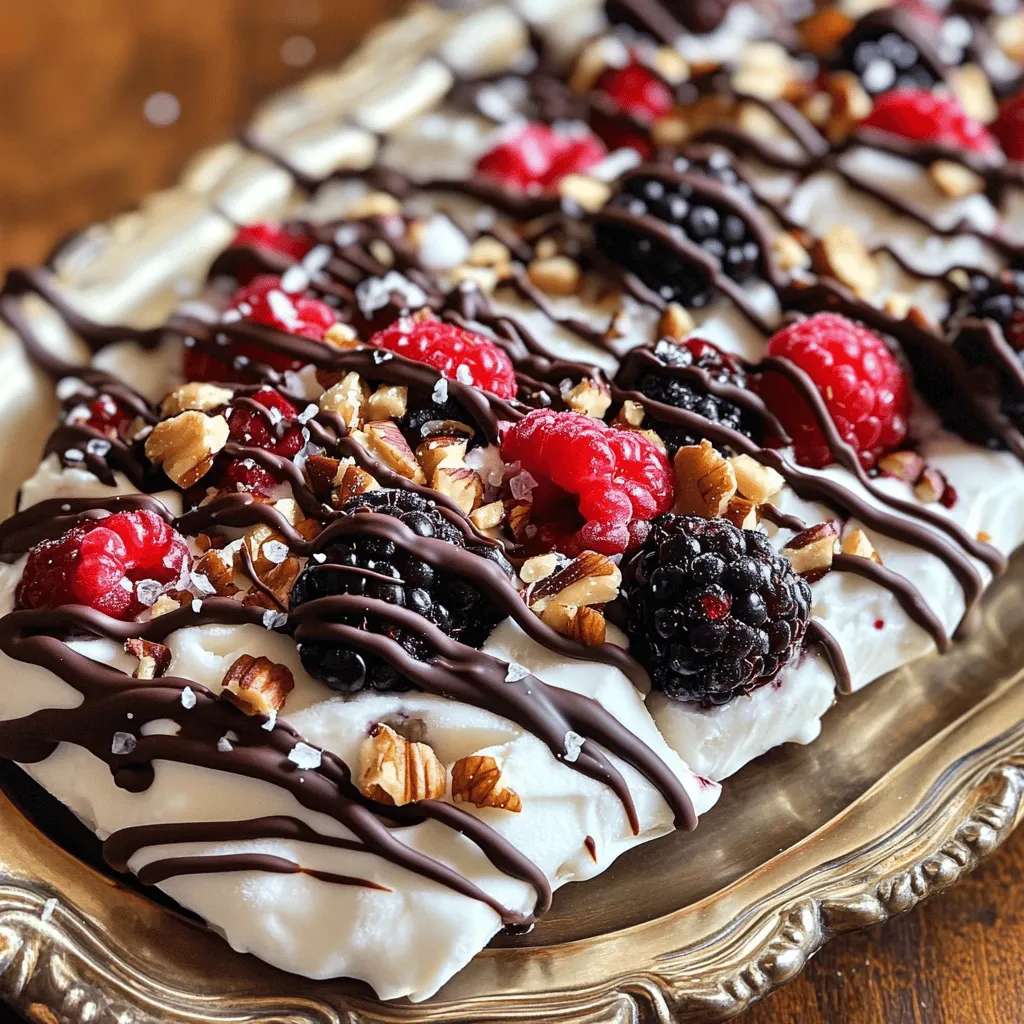 To make this tasty treat, you need just a few key things: - 2 cups Greek yogurt (use plain or your favorite flavor) - 1/4 cup honey or maple syrup (for sweetness) - 1/2 teaspoon pure vanilla extract (for flavor) - 1/2 cup dark chocolate chips (for rich chocolate swirls) - 1/4 cup mixed berries (like strawberries, blueberries, and raspberries) - 2 tablespoons chopped nuts (choose almonds, walnuts, or pistachios) - Pinch of sea salt (to enhance flavors) These ingredients combine to create a creamy and crunchy dessert. You can change up this recipe to suit your taste! Here are some fun ideas: - Add a splash of almond extract for a nutty twist. - Swap the berries for tropical fruits like mango or kiwi. - Use yogurt with fruit already mixed in for extra flavor. - Try different nuts like pecans or hazelnuts for variety. Feel free to get creative and make it your own! For the best flavor, I like using plain Greek yogurt. It has a nice tang and thick texture. If you want something sweeter, flavored yogurt works too. As for sweeteners, honey gives a lovely floral note, while maple syrup adds a rich, earthy taste. Choose what you enjoy most! For the full recipe and steps, check out Frozen Yogurt Bark with Dark Chocolate Swirl. To start, take a large mixing bowl. Add 2 cups of Greek yogurt, your choice of 1/4 cup honey or maple syrup, and 1/2 teaspoon pure vanilla extract. Use a spatula to mix until it’s smooth and creamy. This base is the heart of our bark. It’s tasty and healthy, giving you a great mix of flavors. Next, grab a microwave-safe bowl. Place 1/2 cup dark chocolate chips in it. Heat the chocolate in the microwave in 30-second bursts. After each burst, stir the chocolate until it’s smooth and silky. Be careful not to overheat it. This melted chocolate adds a rich touch to your bark. Now, it’s time to bring it all together. Pour the yogurt mixture onto a lined baking sheet. Spread it evenly to about 1/4 inch thick. Drizzle the melted dark chocolate over the yogurt. Take a skewer or a butter knife and swirl it gently. This creates a beautiful marbled effect. Next, sprinkle your toppings over the yogurt. Use 1/4 cup mixed berries and 2 tablespoons chopped nuts, like almonds or walnuts. Finally, add a pinch of sea salt over the top. This helps brighten the flavors. Place the baking sheet in the freezer for 3 to 4 hours. Once it’s firm, peel the bark from the parchment paper. Break it into pieces and enjoy this delightful treat. For the full recipe, be sure to check out the complete guide. To melt chocolate well, use a microwave-safe bowl. Place the dark chocolate chips in the bowl. Heat them in short bursts, about 30 seconds each. After each burst, stir the chocolate. This keeps it from burning. Stop when the chocolate is smooth and shiny. If you prefer, you can use a double boiler. Just simmer water below a bowl of chocolate over it. Stir often until melted. For a creamy texture, mix the yogurt, sweetener, and vanilla well. Use a spatula to blend until smooth. Spread it evenly on the lined baking sheet. Aim for about 1/4 inch thick. Too thin will freeze too quickly and break. Too thick will take longer to freeze. The right thickness makes for a great bite. Presentation matters! Serve the frozen yogurt bark on a colorful platter. Add a few whole berries on top for color. A drizzle of melted chocolate over the top adds flair. You can also use some chopped nuts for crunch. When you break the bark into pieces, vary the sizes. This makes for a fun, rustic look. For an extra touch, dust with a little sea salt before serving. Make this dessert look as good as it tastes! You can find the full recipe above to guide you. {{image_4}} You can change the berries to suit your taste. Strawberries, blueberries, and raspberries work well. Try blackberries for a bold twist. Each berry adds its own flavor and color. You can mix and match them too! For a tropical touch, add diced mango or pineapple. These fruity variations create a fresh burst in every bite. If you need nut-free options, skip the nuts or use seeds. Sunflower seeds or pumpkin seeds add crunch without allergens. For a dairy-free version, choose coconut yogurt or almond yogurt. Both give a creamy texture. You can still enjoy that dark chocolate swirl, making it a treat for everyone. To make your yogurt bark unique, try different extracts. Almond extract adds a rich flavor. Coconut extract pairs well with tropical fruits. You can even use peppermint extract for a refreshing twist! Mix these flavors into your yogurt before spreading. The options are endless, and every batch can be a new surprise. To keep your frozen yogurt bark fresh, place it in a freezer-safe container. Use layers of parchment paper between pieces to prevent sticking. This method helps maintain the bark’s texture and flavor. If you prefer, you can also wrap each piece in plastic wrap for easy grab-and-go snacks. When properly stored, frozen yogurt bark can last up to two months in the freezer. After that, it may start to lose its flavor and texture. Always check for any signs of freezer burn before serving. If it looks or smells off, it’s best to toss it out and make a fresh batch. To thaw the bark, simply place it in the fridge for about 30 minutes. This will soften it slightly while keeping it cool. You can also let it sit at room temperature for a few minutes. For a fun twist, serve the thawed bark with fresh fruit or a drizzle of warm chocolate. Enjoy the delightful mix of flavors and textures! Yes, you can use non-dairy yogurt. Almond, coconut, or soy yogurt works well. Just pick a flavor you enjoy. The texture may be slightly different, but it will still taste great. Non-dairy yogurt also gives a nice creamy base for the bark. The best chocolate for melting is dark chocolate chips. Look for high-quality brands that contain at least 60% cocoa. This gives a rich flavor. You can also use chocolate bars, but chips melt more evenly. Just remember to melt slowly to avoid burning. It usually takes about 3 to 4 hours for the bark to freeze completely. Make sure to leave it in the freezer until it is solid. If you want to speed it up, you can place it in a colder part of the freezer. Absolutely! You can get creative with toppings. Granola adds crunch, while coconut gives a tropical flair. Other options include dried fruits, seeds, or even a sprinkle of spices. Just remember to keep the balance of flavors. - Full Recipe Reference: Frozen Yogurt Bark with Dark Chocolate Swirl You learned how to make tasty frozen yogurt bark with dark chocolate. Start with key ingredients, then follow the step-by-step guide. Use my tips to melt chocolate and serve it well. Don't forget to try fun variations and ask questions if you need more help. Remember, you can store it right and enjoy it later. Making this treat is easy and fun. I hope this inspires you to get creative in the kitchen!