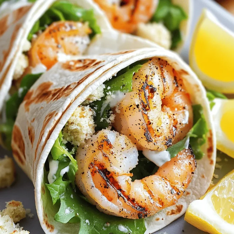 - 1 lb large shrimp, peeled and deveined - 2 tablespoons extra virgin olive oil - 1 teaspoon garlic powder - 1 teaspoon smoked paprika - Salt and freshly ground black pepper to taste - 4 large flour tortillas (10-inch) - 2 cups Romaine lettuce, roughly chopped - ½ cup creamy Caesar dressing - ½ cup finely grated Parmesan cheese - ¼ cup seasoned croutons, crushed (optional for added crunch) - Lemon wedges, for serving Using fresh shrimp is key for this dish. Frozen shrimp work too, just thaw them first. Always choose high-quality olive oil for better flavor. Fresh Romaine lettuce adds a nice crunch. For the Caesar dressing, a homemade version can elevate your wraps. Aged Parmesan gives a stronger taste, so look for that if you can. If you have a shellfish allergy, try grilled chicken or tofu. For a gluten-free option, use gluten-free tortillas. If you're lactose intolerant, swap Parmesan with nutritional yeast or a dairy-free alternative. Always check labels for hidden allergens in dressings and croutons. Start by preheating your grill to medium-high heat. This way, the shrimp gets a nice sear. In a mixing bowl, add 1 pound of peeled and deveined shrimp. Pour in 2 tablespoons of olive oil, then add 1 teaspoon of garlic powder and 1 teaspoon of smoked paprika. Add salt and black pepper to taste. Toss everything together until the shrimp are well coated. This blend gives great flavor to the shrimp. Take a large flour tortilla and lay it flat. Spoon a generous amount of the Caesar salad mix into the center. This mix includes 2 cups of chopped Romaine lettuce and ½ cup of creamy Caesar dressing. Sprinkle in ½ cup of finely grated Parmesan cheese for some extra zing. Place a few grilled shrimp on top. If you want some crunch, add crushed croutons now. Fold the sides of the tortilla in, then roll it up tightly from the bottom. Repeat this with all the tortillas until you have yummy wraps ready to go. When your shrimp are on the grill, cook them for about 2-3 minutes on one side. Then flip them over and grill for another 2-3 minutes. The shrimp should turn pink and opaque. This means they are cooked just right. After grilling, let the shrimp cool slightly before adding them to the wraps. For a finishing touch, grill the wrapped tortillas seam-side down for 1-2 minutes. This helps crisp them up and keeps the fillings secure. For more details, check out the Full Recipe. To wrap your tortilla well, start with a large tortilla. This gives you space for filling. Lay the tortilla flat on a clean surface. Spoon your Caesar salad mixture in the center. Leave about two inches on the sides. Place the grilled shrimp on top. Then, fold the sides in first. Next, roll the bottom up tightly. This keeps everything inside. Make sure the seam is down when you serve. To boost flavor, use fresh herbs like basil or parsley. Add a squeeze of lemon juice for brightness. You can also try different spices. A pinch of cayenne adds heat. If you like creaminess, add more Caesar dressing. For a crunchy texture, sprinkle extra croutons inside. Each tweak makes the dish unique. Grilling times may vary by grill type. Gas grills heat quickly. Cook shrimp for about 2-3 minutes per side. Charcoal grills need a bit longer. Check the shrimp for doneness. They should be pink and opaque. If you have a grill with hot spots, move the shrimp around. This ensures even cooking. {{image_4}} You can swap shrimp for other proteins. Grilled chicken works well. It adds a nice, juicy flavor. You can also use salmon for a richer taste. For a lighter option, try turkey. Each choice gives a unique twist to your wraps. To cut calories, consider using less dressing. You can also use yogurt instead of creamy Caesar dressing. Whole wheat tortillas are a great choice. They add fiber and taste without many extra calories. You can still enjoy the same great flavors while keeping it lighter. For a vegetarian wrap, skip the shrimp and add grilled veggies. Bell peppers, zucchini, and mushrooms taste great. You can also use chickpeas for protein. If you want a vegan wrap, use a plant-based Caesar dressing. There are many good options in stores. This way, you keep the wrap fun and flavorful for everyone. You can find the full recipe for Grilled Shrimp Caesar Wraps to try these variations. To keep your Grilled Shrimp Caesar Wraps fresh, follow these steps: - Wrap each individual wrap in plastic wrap or aluminum foil. - Place the wrapped wraps in an airtight container. - You can also use a resealable plastic bag. This method helps keep moisture out and preserves flavor. If stored properly, these wraps last for about 2-3 days in the fridge. Make sure to check for any signs of spoilage before eating. If the shrimp smells off, toss it. To reheat your wraps, avoid sogginess. Try these methods: - Oven: Preheat to 350°F (175°C). Wrap in foil and heat for about 10 minutes. - Skillet: Heat in a non-stick skillet over medium heat. Cook for 2-3 minutes on each side. - Microwave: Place on a plate and cover with a damp paper towel. Heat for 30-45 seconds, but this may make them soggy. For the best taste, I suggest using the oven or skillet method. Enjoy your delicious leftovers! Don't forget to check out the Full Recipe for more tips. Yes, you can make these wraps ahead of time. Prepare the shrimp and salad mix first. Store them separately in the fridge. When you’re ready to eat, just assemble the wraps. This keeps the tortillas fresh and avoids sogginess. These wraps go great with light sides. Here are a few ideas: - Fresh fruit salad - Crispy sweet potato fries - A side of steamed broccoli - A simple green salad These options balance the meal and add nutrition. To keep your wraps crisp, follow these tips: - Use freshly made tortillas. - Add the Caesar dressing just before serving. - Avoid overloading the wraps with fillings. These steps help maintain texture and flavor. For more details, check the Full Recipe. In this guide, we've covered how to make Grilled Shrimp Caesar Wraps. You learned about key ingredients, preparation steps, and grilling tips. We explored substitutions and variations for different diets, too. Always choose fresh ingredients for the best taste. Store any leftovers properly to keep them tasty. These wraps are a great meal option for gatherings or a quick lunch. Enjoy making them your own with different flavors and styles. Happy grilling!