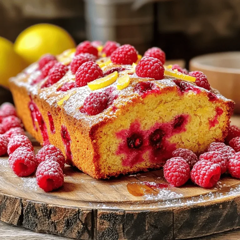 To make a delightful Raspberry Lemon Loaf, you will need the following ingredients: - 1 ½ cups all-purpose flour - 1 teaspoon baking powder - ½ teaspoon baking soda - ¼ teaspoon salt - ½ cup unsalted butter, softened to room temperature - 1 cup granulated sugar - 2 large eggs, at room temperature - 1 teaspoon pure vanilla extract - Zest of 1 lemon - ½ cup buttermilk, at room temperature - 1 cup fresh raspberries (or frozen, thawed and drained) - 1 tablespoon fresh lemon juice Using quality ingredients makes a big difference. The all-purpose flour gives the loaf a soft texture. Baking powder and baking soda help it rise well, creating a light loaf. The butter and sugar add richness and sweetness. Eggs provide structure and moisture. The vanilla extract enhances the flavor, while lemon zest adds a fresh, bright note. Buttermilk helps keep the loaf moist and tender. Fresh raspberries bring a burst of flavor and color. You can find the full recipe linked above, which includes details on preparation and baking. Each ingredient plays a role in making this loaf a tasty treat. Enjoy the process of gathering and mixing these lovely items! 1. Preheat your oven to 350°F (175°C). This step is key for even baking. 2. Grab a 9x5-inch loaf pan. Grease the sides and line the bottom with parchment paper. This makes removing the loaf easy later. 3. In a medium bowl, whisk together 1 ½ cups of all-purpose flour, 1 teaspoon baking powder, ½ teaspoon baking soda, and ¼ teaspoon salt. Mix well and set aside. 4. In a large bowl, cream ½ cup of softened unsalted butter with 1 cup of granulated sugar. Whip until light and fluffy, which takes about 3-4 minutes. 1. Add 2 large eggs, one at a time. Mix well after each addition. This helps the batter blend smoothly. 2. Stir in 1 teaspoon of pure vanilla extract and the zest of 1 lemon. These flavors are what make this loaf special. 3. Now, pour in half of the dry mixture from earlier. Gently fold it into the butter mix. 4. Add ½ cup of buttermilk and mix until just combined. Avoid over-mixing, as it can make the loaf tough. 5. Gradually fold in the rest of the dry ingredients until no flour streaks are left. 6. Carefully fold in 1 cup of fresh raspberries. Be gentle to keep them whole. 1. Transfer the batter into your prepared loaf pan. Smooth the top with a spatula. 2. Drizzle 1 tablespoon of fresh lemon juice over the batter. This boosts lemon flavor. 3. Bake for 55-60 minutes. Check for doneness by inserting a toothpick into the center. It should come out clean. 4. Once baked, let the loaf cool in the pan for about 10 minutes. After that, move it to a wire rack to cool completely. Enjoy making your Raspberry Lemon Loaf! For detailed measurements, check the Full Recipe. To start, use room temperature ingredients. This helps the batter mix well. Cold butter or eggs can lead to a dense loaf. When mixing, be gentle. Over-mixing can make the loaf tough. Mix just until you see no dry flour. To boost raspberry flavor, try adding a bit of lemon zest. This will brighten the taste. You can also use a splash of raspberry juice if you want more flavor. For slicing, use a sharp knife. This will give you clean cuts. Place the slices on a beautiful platter for a nice look. Garnish with fresh raspberries and a dusting of powdered sugar. This adds color and makes your loaf look appealing. Serve each slice with whipped cream or vanilla ice cream. This makes it feel special and adds a creamy touch. Enjoy every bite! For the full recipe, check the [Full Recipe]. {{image_4}} You can change up the recipe with fun ingredient swaps. - Using different types of berries: Raspberries are great, but try blueberries or strawberries. Each berry adds its own taste and color. - Alternative flours for gluten-free options: If you need a gluten-free loaf, use almond flour or a gluten-free blend. This keeps the loaf soft and tasty. - Variations with citrus zest: Want to switch it up? Use lime or orange zest instead of lemon. This brightens the flavor and gives a twist to the loaf. You can also add extra flavors to make your loaf unique. - Adding spices like cinnamon or nutmeg: A pinch of cinnamon gives warmth. Nutmeg adds a hint of spice. Just a little can change the whole taste. - Incorporating chocolate or nuts: Mix in chocolate chips for a sweet touch. Chopped nuts, like walnuts or pecans, add crunch and richness. - Options for a lemon glaze or icing: Drizzle a lemon glaze on top for added sweetness. Mix powdered sugar with lemon juice to create a simple icing. This makes the loaf even more special. For the complete recipe, check the [Full Recipe]. To keep your raspberry lemon loaf fresh, store it at room temperature. Place it in an airtight container. This helps lock in moisture and flavor. If you have leftovers, the loaf can last about three days on the counter. For longer freshness, you can refrigerate the loaf. Wrap it tightly in plastic wrap or foil. This adds a little chill and keeps it soft. In the fridge, it can last up to a week. If you want to save it for later, freezing is a great option. Slice the loaf first for easy serving. Wrap each slice in plastic wrap and then in foil. This keeps the flavor and texture intact. You can freeze it for up to three months. On the counter, your loaf will stay fresh for about three days. After that, it may start to dry out or lose taste. Look for signs of spoilage, like a change in smell or mold. If the loaf feels hard or dry, it's best to toss it. For thawing frozen slices, take them out of the freezer. Let them sit at room temperature for about 30 minutes. You can also warm them up in a toaster. This brings back that soft texture. For the full recipe, check the link provided. Enjoy your baking! Can I use frozen raspberries? Yes, you can use frozen raspberries. Just thaw and drain them first. This helps keep the batter from getting too wet. How do I know when the loaf is done baking? To check if the loaf is done, insert a toothpick in the center. If it comes out clean, your loaf is ready! What can I serve with Raspberry Lemon Loaf? You can serve it with whipped cream or a scoop of vanilla ice cream. Fresh raspberries on the side add a nice touch too. Why does my loaf sink in the middle? A loaf may sink if you overmix the batter or if the oven is too cool. Ensure to mix just until blended. How to fix dry loaf or dense texture? If your loaf is dry, it may have too much flour. Measure flour carefully and add a bit more buttermilk next time. Adjusting for high-altitude baking differences At high altitudes, reduce sugar and increase liquid. Bake the loaf a bit longer to ensure it cooks through. This raspberry lemon loaf combines bright flavors with simple steps. We discussed the ingredients, from flour to fresh raspberries. Following easy instructions, you can create a delightful loaf. I shared tips to perfect your bake and enhance presentation. You even learned about ingredient swaps and storage methods to keep it fresh. With these insights, you can bake with confidence. Enjoy your delicious raspberry lemon loaf!