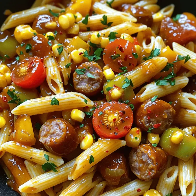 To make Spicy Honey BBQ Sausage Pasta Skillet, you need some key items. Here’s what you will use: - 8 oz penne pasta - 2 tablespoons olive oil - 1 lb spicy Italian sausage, casings removed - 1 medium onion, diced - 3 cloves garlic, minced - 1 bell pepper (red or yellow), diced - 1 cup corn kernels (fresh or frozen) - 1 cup cherry tomatoes, halved - 1/2 cup BBQ sauce - 2 tablespoons honey - 1 teaspoon crushed red pepper flakes - Salt and pepper to taste You can add extra flavor or texture with these ingredients: - Chopped fresh parsley for garnish - Grated Parmesan cheese for serving To prepare this dish, you will need a few handy tools: - Large pot for boiling pasta - Large skillet for cooking sausage and veggies - Colander for draining pasta - Spatula for mixing and breaking up sausage Start by boiling a large pot of salted water. Once it reaches a rolling boil, add 8 oz of penne pasta. Cook it for about 8-10 minutes until it is al dente. Drain the pasta in a colander and set it aside for later. In a large skillet, heat 2 tablespoons of olive oil over medium heat. When the oil shimmers, add 1 lb of spicy Italian sausage. Break the sausage apart with a spatula. Cook until it browns nicely, which should take around 5-7 minutes. Add 1 diced medium onion and 1 diced bell pepper to the skillet. Stir everything together and sauté for about 3-4 minutes. This will help the veggies soften. Then, add 3 minced garlic cloves and cook for another 1-2 minutes until the garlic smells amazing. Next, stir in 1 cup of corn kernels and 1 cup of halved cherry tomatoes. Pour in 1/2 cup of BBQ sauce and 2 tablespoons of honey. Sprinkle in 1 teaspoon of crushed red pepper flakes for heat. Mix it all well and let it simmer for about 5 minutes. This helps the flavors blend together. Once the sauce is bubbling, add the cooked penne pasta to the skillet. Toss everything gently until the pasta is coated with the sauce. Taste it, and adjust the seasoning with salt and pepper as you like. Take the skillet off the heat. Garnish your dish with chopped fresh parsley for a burst of color. If you want, add some grated Parmesan cheese on top. Serve hot and enjoy your Spicy Honey BBQ Sausage Pasta Skillet! For the full recipe, check [Full Recipe]. To get the right heat, start with the crushed red pepper flakes. I suggest using one teaspoon first. You can always add more if you want extra kick. Taste as you go. This dish should be spicy but not overpowering. Adjust it to suit your taste buds. Seasoning is key. Use salt and pepper to bring out the flavors. I often add a dash of garlic powder for extra depth. Fresh herbs like parsley can brighten the dish. Don’t forget to taste before serving. A little tweak can make a big difference. Cooking times can vary based on your stove. When cooking the sausage, look for a golden brown color. For the veggies, aim for a soft texture without losing crunch. The pasta should be al dente. Always keep an eye on your skillet. This way, you won’t overcook any ingredients. For the full recipe, check out the complete list of steps. {{image_4}} You can easily switch out ingredients in this dish. If you can't find spicy Italian sausage, use any sausage you like. Chicken sausage or turkey sausage works well too. For a lighter option, try ground turkey or beef. If you're vegan, use plant-based sausage. Honey can be swapped for maple syrup for a different sweet touch. You can also use low-sugar BBQ sauce if you're watching your sugar intake. Penne pasta is great, but many other options exist. Try fusilli or rigatoni for fun shapes. Gluten-free pasta works too if you need it. You can also use whole wheat pasta for added fiber. Just keep an eye on cooking times, as they may vary. Want to boost the nutrition? Add more veggies! Spinach or kale can wilt nicely into the dish. You can toss in zucchini or mushrooms for added flavor. Carrots or peas can add sweetness too. Feel free to get creative with what you have on hand. Each choice adds color and nutrients, making the meal even better. For the full recipe, check out the Spicy Honey BBQ Sausage Pasta Skillet! After you enjoy your Spicy Honey BBQ Sausage Pasta Skillet, let any leftovers cool. Transfer them to an airtight container. You can keep it in the fridge for up to three days. Make sure to seal the container well. This keeps the flavors fresh and tasty. To reheat, simply take the pasta out of the fridge. Place it in a skillet over medium heat. Add a splash of water or broth to keep it moist. Stir often until it’s heated through. You can also use a microwave. Heat it in short bursts, stirring in between. This way, it warms evenly. If you want to store the dish for longer, freezing is a great option. Let the pasta cool completely first. Then, put it in a freezer-safe container. You can also use freezer bags. Just remove as much air as possible. It can last up to three months in the freezer. When you're ready to eat, thaw it overnight in the fridge before reheating. It makes for a quick meal later! For the full recipe, check out the details above. Yes, you can use different types of sausage. If you prefer mild flavors, use sweet Italian sausage. Chicken or turkey sausage also works well. You can even try smoked sausage for a unique twist. Just make sure to cook it fully before mixing it with the pasta. To kick up the heat, add more crushed red pepper flakes. You can also use spicy BBQ sauce instead of regular BBQ sauce. Adding diced jalapeños or a splash of hot sauce will give your dish extra spice. Adjust the heat to match your taste. This dish pairs well with a simple green salad. Garlic bread is great for sopping up the sauce. You can also serve it with roasted vegetables or a side of coleslaw for a crunchy contrast. Each adds a nice touch to your meal. Yes, you can make a vegetarian version easily. Substitute sausage with plant-based sausage or diced mushrooms. Use vegetable broth instead of meat-based sauces. You can also add more veggies like zucchini or spinach for extra flavor. This keeps the dish hearty and satisfying. For the full recipe, visit the section above. Now you know how to make a tasty Spicy Honey BBQ Sausage Pasta Skillet. We covered essential and optional ingredients, cooking tools, and step-by-step instructions. You learned tips for spice levels and enhancing flavors. We also explored variations, storage info, and common questions. I hope you'll try this dish at home. Enjoy experimenting with the flavors and making it your own! Happy cooking!