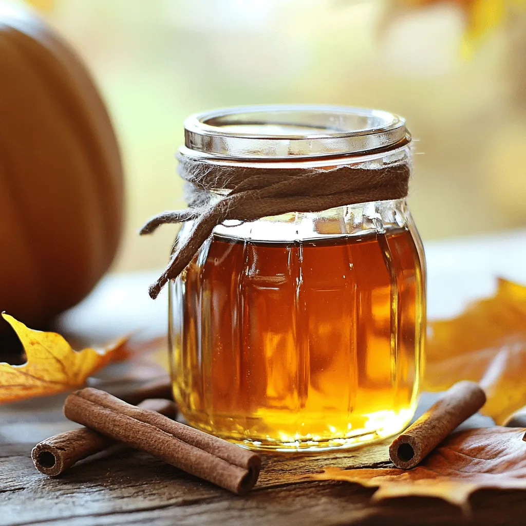 To make your own pumpkin spice syrup, you need a few key ingredients: - 1 cup of pure pumpkin puree - 1 cup of packed brown sugar - 1 cup of water - 1 teaspoon of pure vanilla extract - 1 teaspoon of pumpkin pie spice - A pinch of fine sea salt These ingredients work together to create a thick and rich syrup. The pumpkin puree gives it a wonderful fall flavor. Brown sugar adds sweetness and depth. Water helps mix everything smoothly. Vanilla extract enhances the taste, while pumpkin pie spice brings warmth. Sea salt balances the sweetness. You can also get creative with some optional ingredients: - Additional spices like cinnamon, nutmeg, or ginger - Sweetener alternatives like maple syrup or honey - Flavor variations such as vanilla bean or caramel These add-ins can make your syrup unique. If you love spice, adding more cinnamon or nutmeg will give it a kick. Want a different kind of sweetness? Try maple syrup or honey instead of brown sugar. You can even mix in vanilla bean for an extra touch! For the full recipe, check out the detailed steps and tips to make your pumpkin spice syrup shine! To make your pumpkin spice syrup, you need to start with the right items. Gather these ingredients: - 1 cup of pure pumpkin puree - 1 cup of packed brown sugar - 1 cup of water - 1 teaspoon of pure vanilla extract - 1 teaspoon of pumpkin pie spice - A pinch of fine sea salt Also, grab your tools: - A medium saucepan - A whisk or wooden spoon - A fine mesh sieve - A clean glass jar or bottle Now, let’s cook! Combine the pumpkin puree, brown sugar, and water in the saucepan. Place it over medium heat. Stir non-stop to dissolve the sugar. You want a smooth mix. Next, add the vanilla extract, pumpkin pie spice, and sea salt. Stir again to mix all the flavors together. Increase the heat a bit until the mix starts to simmer. Then, lower the heat and let it cook for 10-15 minutes. This helps thicken the syrup and blend the spices. When the syrup is thick enough, take the pan off the heat. Let it cool for a few minutes. Now, we need to strain the syrup. Set the fine mesh sieve over your jar or bottle. Pour the syrup through, pressing the solids with a spoon. This helps you get every drop. Discard what’s left in the sieve. Let the strained syrup cool completely. Once it’s cool, seal your jar or bottle. Store it in the fridge. It will stay fresh for up to two weeks. You’ll know it’s ready to store when it’s thick and smooth. Enjoy your homemade pumpkin spice syrup! For the full recipe, check the link. To get the right thickness, you need to simmer your syrup. Let it cook for 10 to 15 minutes. Keep stirring to avoid burning. If it seems too thin, let it cook longer. Check the consistency by letting it cool a bit. It will thicken more as it cools. Balancing flavors is key. Use fresh spices for the best taste. If you love cinnamon, add a little more. A pinch of nutmeg can enhance the flavor. Don’t forget the sea salt; it brings out the sweetness. This syrup shines with pancakes and desserts. Drizzle it over warm pancakes, waffles, or French toast. It’s also great on vanilla ice cream for a tasty treat. You can even use it in beverages. Stir it into hot coffee, tea, or lattes for a fall delight. Make your syrup look special when serving. Use a clear jar to show off that rich color. For a fun touch, add a cinnamon stick to the jar. This makes it perfect for gifts. Decorative jars add charm and make any kitchen feel cozy. {{image_4}} You can change the flavor of your pumpkin spice syrup with different spices. Instead of just pumpkin pie spice, try adding more cinnamon, nutmeg, or ginger. Want it spiced or mild? Adjust the amount of these spices. If you like a kick, add more cinnamon. For a lighter taste, cut back on the spices. Experiment until you find your favorite blend. You can swap out brown sugar for healthier sweeteners. Maple syrup or honey works well if you prefer those. You can also use stevia or agave syrup for a low-calorie option. When using other sweeteners, taste as you go. Adjust the sweetness to your liking. Remember, not all sweeteners are the same, so start small and build up. If you're vegan, use maple syrup instead of brown sugar. This keeps your syrup plant-based and tasty. For gluten-free options, ensure your sweeteners are certified gluten-free. Most sweeteners are, but always check the labels. These adjustments let everyone enjoy the syrup without worry. You can personalize this recipe to fit your needs and taste. To keep your homemade pumpkin spice syrup fresh, use a clean glass jar. A mason jar works great. Make sure the jar has a tight lid. This will help keep air out. Store the jar in the fridge for best results. Avoid plastic containers, as they can change the syrup’s flavor. To keep your syrup fresh longer, always use a clean spoon when serving. This avoids adding extra bacteria that can spoil the syrup. Your homemade syrup lasts about two weeks in the fridge. If you want to store it longer, freezing is a good choice. Transfer the syrup into an ice cube tray. Once frozen, pop the cubes into a freezer bag. This way, you can use small amounts as needed. You can also freeze it in a jar, but leave space at the top. The syrup will expand when frozen. It stays good for about three months in the freezer. Check your syrup before using it. If you see mold, toss it out. If it smells off or has an unusual color, it’s time to get rid of it. To dispose of spoiled syrup, pour it down the sink and rinse the jar well. This keeps your kitchen clean and safe. Enjoy your pumpkin spice syrup while it’s fresh! Can I use fresh pumpkin instead of puree? Yes, you can use fresh pumpkin. Just cook it until soft, then blend it smooth. This adds a nice texture and flavor. However, using canned pumpkin puree saves time and has a consistent taste. How do I thicken my syrup if it's too runny? If your syrup is too runny, simmer it longer on low heat. This helps reduce the liquid and thickens the syrup. Stir often to avoid burning. You can also add a bit more pumpkin puree to help with thickness. Can I double the recipe? Yes, you can double the recipe. Just make sure your pot is big enough. Keep an eye on the cooking time. It may take a bit longer to thicken. What are the best uses for pumpkin spice syrup? You can use pumpkin spice syrup in many ways. It’s great in coffee, lattes, or hot chocolate. Drizzle it over pancakes or waffles for a sweet treat. You can also mix it into yogurt or oatmeal for breakfast. Can I use it in baking? Yes, you can use the syrup in baking! Add it to muffins, cakes, or cookies. It gives a warm spice flavor that fits perfectly with fall treats. Caloric content per serving Each tablespoon of this syrup has about 50 calories. The total calories depend on how much you use. Nutritional benefits of ingredients used Pumpkin puree is rich in vitamins A and C. It also has fiber, which is good for digestion. Brown sugar adds minerals like calcium and potassium. Plus, the spices can have health benefits like anti-inflammatory properties. Enjoy this tasty syrup for both flavor and nutrition! You've now learned how to make a delicious homemade pumpkin spice syrup. We covered essential ingredients, step-by-step instructions, and storage tips. You also explored fun variations and serving suggestions. Creating this syrup lets you customize flavors and adjust sweetness. Enjoy your treats topped with this fall favorite. The possibilities are endless, so get creative in the kitchen and make it your own! Happy cooking!