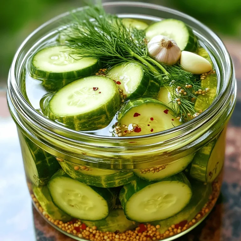 - Cucumbers: Choose small, firm cucumbers. English cucumbers work well too. Pick fresh ones for the best crunch. - Vinegar and Its Role in Pickling: Use distilled white vinegar. It gives a clean, sharp taste. The vinegar helps preserve the cucumbers, keeping them crisp and flavorful. - Essential Spices and Seasonings: You will need: - 2 tablespoons granulated sugar - 1 tablespoon kosher salt - 1 teaspoon mustard seeds - 1 teaspoon dill seeds - 4 cloves garlic, peeled and crushed - 1 teaspoon crushed red pepper flakes (optional for heat) - Fresh dill sprigs for garnish These spices add depth and enhance the pickles' overall taste. The garlic brings a nice punch, while the dill gives it that classic flavor. If you like it spicy, the red pepper flakes will do the trick! Using the right balance of these ingredients makes a big difference. The full recipe lets you see how they all come together for a crunchy and zesty treat! To start, wash the cucumbers under cool running water. This cleans off any dirt. I prefer to slice them into rounds for a classic look or spears for a crunchy bite. Choose what you like best. Both shapes taste great and soak up the brine well. Next, we make the brine. You’ll need: - 1 ½ cups distilled white vinegar - 1 cup water - 2 tablespoons granulated sugar - 1 tablespoon kosher salt - 1 teaspoon mustard seeds - 1 teaspoon dill seeds - 4 cloves garlic, peeled and crushed - 1 teaspoon crushed red pepper flakes (optional) Combine the vinegar, water, sugar, salt, mustard seeds, dill seeds, and red pepper flakes in a medium saucepan. Heat it gently. Stir until the sugar and salt dissolve completely. Once mixed, remove the saucepan from the heat. Let it cool to room temperature. Now, prepare your jars. Use clean, sterilized glass jars with tight lids for best results. Start layering the cucumber slices in each jar. Place the crushed garlic cloves between the cucumbers. If you have fresh dill sprigs, toss them in for added flavor. This step is key to packing in the taste. After the brine has cooled, pour it over the cucumbers in the jars. Make sure all the cucumbers are fully submerged in the liquid. Seal the jars tightly to keep the flavors in. Place the jars in the refrigerator. For the best flavor, let them sit for at least 24 hours. I recommend waiting 3 to 5 days for a more intense taste. This marinating time makes all the difference. Enjoy your homemade refrigerator pickles as a snack or alongside meals! For the full recipe, check out the Crisp Zesty Refrigerator Pickles. Making It Spicier or Milder You can easily adjust the heat in your pickles. If you want a spicy kick, add crushed red pepper flakes. Start with one teaspoon and taste. If you want it milder, skip the flakes altogether. You can also try adding sliced jalapeños for a fresh heat. Exploring Flavor Enhancements Adding different spices can change your pickles' flavor. Try adding coriander seeds or bay leaves for depth. Experiment with garlic or onion slices for a more savory flavor. Fresh herbs like basil or oregano can also add a nice twist. Common Mistakes to Avoid One common mistake is not using fresh cucumbers. Old or soft cucumbers won’t give you that nice crunch. Also, avoid skipping the sterilization of jars. Clean jars help keep your pickles safe and tasty. Ensuring Crispness of Pickles To keep your pickles crunchy, use small cucumbers. Slice them evenly to help them pickle well. Soak cucumbers in ice water for 30 minutes before packing them in jars. This extra step helps keep them crisp. {{image_4}} Adding herbs and spices is a fun way to change the flavor of your pickles. You can try adding: - 1 teaspoon coriander seeds for a citrusy note - 1 teaspoon black peppercorns for a warm spice - A few sprigs of fresh basil for a unique twist These spices give your pickles a new taste and make them special. You can even mix and match to find your favorite combo. Creative mix-ins can lead to unique flavors. Consider adding: - Sliced jalapeños for heat - Carrots for a sweet crunch - Red onion slices for a bit of sharpness Get creative! Each ingredient adds its own character to the pickles. Exploring other veggies to pickle can be exciting. While cucumbers are classic, other great options include: - Carrots: Their sweetness pairs well with the brine. - Radishes: They add a peppery bite and vibrant color. - Green beans: They stay crunchy and add a nice snap. Customizing the recipe lets you build a pickle mix that suits your taste. You can use any vegetable you love. Just remember to adjust the slicing size to match the brine for even flavoring. Try the full recipe for more delicious ideas! Each batch can be a new adventure in flavor and crunch. To keep your homemade refrigerator pickles fresh, store them in the fridge. The ideal temperature is between 32°F and 40°F. This cool environment slows down spoilage and keeps your pickles crunchy. When stored properly in airtight jars, your pickles can stay fresh for up to two months. However, they usually taste best within the first month. Check for any signs of spoilage, like an off smell or changes in color, before eating. You can extend the life of your brine by reusing it. After finishing your first batch of pickles, save the brine in the fridge. It can last for about a month. Add new vegetables to the existing brine for a quick pickle fix. Just make sure the new veggies are clean and cut to a similar size as the originals. Allow them to sit in the brine for at least 24 hours before enjoying. This method keeps your pickles exciting and cuts down on waste! Homemade refrigerator pickles can last up to two months. Keep them in the fridge. After that, they may lose their crunch and flavor. Always check for any signs of spoilage before eating. If they smell bad or look off, it’s best to toss them. Yes, you can use different types of vinegar. Apple cider vinegar adds a sweet taste. Rice vinegar gives a milder flavor. Each vinegar can change the overall taste. Experimenting with different vinegars helps you find your favorite flavor. Just keep the same ratio for best results. No, you do not need to can the pickles. Refrigerating them keeps them fresh. Canning requires more steps and heat. With refrigerator pickles, you can enjoy them quickly. Just make sure to store them in clean jars with tight lids. Refrigerator pickles pair well with many dishes. They add crunch to sandwiches and burgers. You can also serve them with cheese boards or charcuterie plates. They make a great snack on their own. For a fun twist, add them to salads for extra flavor. You now understand the key steps for making delicious refrigerator pickles. We discussed ingredients, from selecting cucumbers to the right vinegar and spices. I shared tips on preparation, brining, and storage. Remember to adjust flavors to suit your taste and try new veggies for fun. Keep your pickles fresh with the right storage methods. Enjoy creating your own pickles and feel proud of your tasty treats!