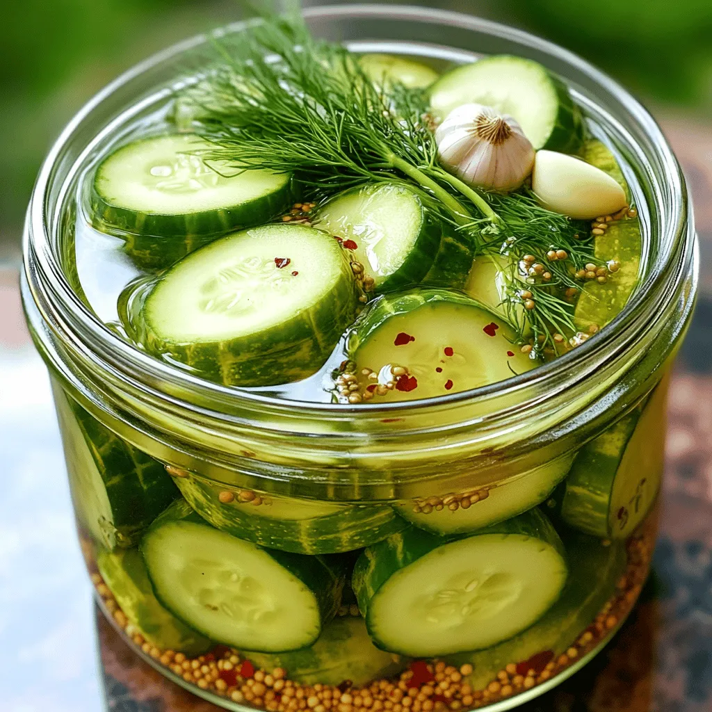 - Cucumbers: Choose small, firm cucumbers. English cucumbers work well too. Pick fresh ones for the best crunch. - Vinegar and Its Role in Pickling: Use distilled white vinegar. It gives a clean, sharp taste. The vinegar helps preserve the cucumbers, keeping them crisp and flavorful. - Essential Spices and Seasonings: You will need: - 2 tablespoons granulated sugar - 1 tablespoon kosher salt - 1 teaspoon mustard seeds - 1 teaspoon dill seeds - 4 cloves garlic, peeled and crushed - 1 teaspoon crushed red pepper flakes (optional for heat) - Fresh dill sprigs for garnish These spices add depth and enhance the pickles' overall taste. The garlic brings a nice punch, while the dill gives it that classic flavor. If you like it spicy, the red pepper flakes will do the trick! Using the right balance of these ingredients makes a big difference. The full recipe lets you see how they all come together for a crunchy and zesty treat! To start, wash the cucumbers under cool running water. This cleans off any dirt. I prefer to slice them into rounds for a classic look or spears for a crunchy bite. Choose what you like best. Both shapes taste great and soak up the brine well. Next, we make the brine. You’ll need: - 1 ½ cups distilled white vinegar - 1 cup water - 2 tablespoons granulated sugar - 1 tablespoon kosher salt - 1 teaspoon mustard seeds - 1 teaspoon dill seeds - 4 cloves garlic, peeled and crushed - 1 teaspoon crushed red pepper flakes (optional) Combine the vinegar, water, sugar, salt, mustard seeds, dill seeds, and red pepper flakes in a medium saucepan. Heat it gently. Stir until the sugar and salt dissolve completely. Once mixed, remove the saucepan from the heat. Let it cool to room temperature. Now, prepare your jars. Use clean, sterilized glass jars with tight lids for best results. Start layering the cucumber slices in each jar. Place the crushed garlic cloves between the cucumbers. If you have fresh dill sprigs, toss them in for added flavor. This step is key to packing in the taste. After the brine has cooled, pour it over the cucumbers in the jars. Make sure all the cucumbers are fully submerged in the liquid. Seal the jars tightly to keep the flavors in. Place the jars in the refrigerator. For the best flavor, let them sit for at least 24 hours. I recommend waiting 3 to 5 days for a more intense taste. This marinating time makes all the difference. Enjoy your homemade refrigerator pickles as a snack or alongside meals! For the full recipe, check out the Crisp Zesty Refrigerator Pickles. Making It Spicier or Milder You can easily adjust the heat in your pickles. If you want a spicy kick, add crushed red pepper flakes. Start with one teaspoon and taste. If you want it milder, skip the flakes altogether. You can also try adding sliced jalapeños for a fresh heat. Exploring Flavor Enhancements Adding different spices can change your pickles' flavor. Try adding coriander seeds or bay leaves for depth. Experiment with garlic or onion slices for a more savory flavor. Fresh herbs like basil or oregano can also add a nice twist. Common Mistakes to Avoid One common mistake is not using fresh cucumbers. Old or soft cucumbers won’t give you that nice crunch. Also, avoid skipping the sterilization of jars. Clean jars help keep your pickles safe and tasty. Ensuring Crispness of Pickles To keep your pickles crunchy, use small cucumbers. Slice them evenly to help them pickle well. Soak cucumbers in ice water for 30 minutes before packing them in jars. This extra step helps keep them crisp. {{image_4}} Adding herbs and spices is a fun way to change the flavor of your pickles. You can try adding: - 1 teaspoon coriander seeds for a citrusy note - 1 teaspoon black peppercorns for a warm spice - A few sprigs of fresh basil for a unique twist These spices give your pickles a new taste and make them special. You can even mix and match to find your favorite combo. Creative mix-ins can lead to unique flavors. Consider adding: - Sliced jalapeños for heat - Carrots for a sweet crunch - Red onion slices for a bit of sharpness Get creative! Each ingredient adds its own character to the pickles. Exploring other veggies to pickle can be exciting. While cucumbers are classic, other great options include: - Carrots: Their sweetness pairs well with the brine. - Radishes: They add a peppery bite and vibrant color. - Green beans: They stay crunchy and add a nice snap. Customizing the recipe lets you build a pickle mix that suits your taste. You can use any vegetable you love. Just remember to adjust the slicing size to match the brine for even flavoring. Try the full recipe for more delicious ideas! Each batch can be a new adventure in flavor and crunch. To keep your homemade refrigerator pickles fresh, store them in the fridge. The ideal temperature is between 32°F and 40°F. This cool environment slows down spoilage and keeps your pickles crunchy. When stored properly in airtight jars, your pickles can stay fresh for up to two months. However, they usually taste best within the first month. Check for any signs of spoilage, like an off smell or changes in color, before eating. You can extend the life of your brine by reusing it. After finishing your first batch of pickles, save the brine in the fridge. It can last for about a month. Add new vegetables to the existing brine for a quick pickle fix. Just make sure the new veggies are clean and cut to a similar size as the originals. Allow them to sit in the brine for at least 24 hours before enjoying. This method keeps your pickles exciting and cuts down on waste! Homemade refrigerator pickles can last up to two months. Keep them in the fridge. After that, they may lose their crunch and flavor. Always check for any signs of spoilage before eating. If they smell bad or look off, it’s best to toss them. Yes, you can use different types of vinegar. Apple cider vinegar adds a sweet taste. Rice vinegar gives a milder flavor. Each vinegar can change the overall taste. Experimenting with different vinegars helps you find your favorite flavor. Just keep the same ratio for best results. No, you do not need to can the pickles. Refrigerating them keeps them fresh. Canning requires more steps and heat. With refrigerator pickles, you can enjoy them quickly. Just make sure to store them in clean jars with tight lids. Refrigerator pickles pair well with many dishes. They add crunch to sandwiches and burgers. You can also serve them with cheese boards or charcuterie plates. They make a great snack on their own. For a fun twist, add them to salads for extra flavor. You now understand the key steps for making delicious refrigerator pickles. We discussed ingredients, from selecting cucumbers to the right vinegar and spices. I shared tips on preparation, brining, and storage. Remember to adjust flavors to suit your taste and try new veggies for fun. Keep your pickles fresh with the right storage methods. Enjoy creating your own pickles and feel proud of your tasty treats!