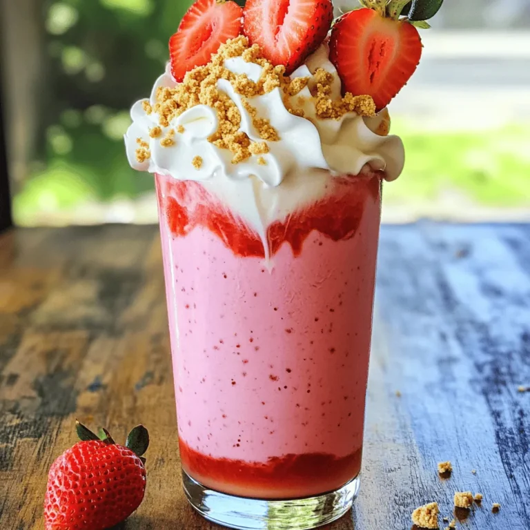 - 1 cup strong brewed coffee, cooled to room temperature - 1 cup milk (dairy or non-dairy alternative) - 1 cup frozen strawberries - 1/2 cup cheesecake filling - 2 tablespoons sugar (adjust to taste) - 1/2 teaspoon vanilla extract - Whipped cream for topping - Crushed graham crackers for garnish - Fresh strawberries for decoration To make the Strawberry Cheesecake Frappuccino, start with strong brewed coffee. It gives the drink a rich base. Let it cool to room temperature before blending. Next, choose your milk. You can use dairy or any non-dairy milk you like. Almond, soy, or oat milk all work well. Frozen strawberries add a refreshing chill and burst of flavor. You can use fresh strawberries too, but frozen gives a creamier texture. The cheesecake filling is key for that signature taste. You can buy it or make your own if you have time. For sweetness, add sugar to taste. I find that two tablespoons gives a nice balance, but adjust according to your preference. A dash of vanilla extract enhances the flavor profile, making it even more delightful. Don't forget the whipped cream! It adds a lovely touch on top. The crushed graham crackers act as a garnish, giving that cheesecake crust feel. Finally, fresh strawberries make the drink look beautiful and fresh. Now that you have the ingredients, you're ready to dive into making this delicious treat! For the complete steps, check out the Full Recipe. - Pour cooled coffee into the blender. - Add milk, frozen strawberries, cheesecake filling, sugar, and vanilla extract. Start by pouring your cooled coffee into the blender. This is the base of your frappuccino. Next, add one cup of milk. You can choose dairy or your favorite non-dairy option. Then, toss in one cup of frozen strawberries. These will make your drink cold and fruity. Now, add half a cup of cheesecake filling. You can buy this or make it at home. Next, sprinkle in two tablespoons of sugar. You can adjust this to fit your taste. Finally, add half a teaspoon of vanilla extract for a sweet touch. - Blend on high speed until smooth. - Adjust sweetness and texture if needed. Secure the lid tightly on the blender and blend at high speed. Keep blending until the mix is smooth and creamy. You don’t want any chunks left in your drink. Once blended, taste your frappuccino. If it needs more sweetness, add a little sugar and blend again. If it’s too thick, pour in a splash more milk. Blend again until you reach your desired texture. - Pour into tall glasses. - Top with whipped cream, crushed graham crackers, and fresh strawberries. Once blended, pour the mixture into tall glasses. This drink looks great in a clear glass. Now it’s time for the fun part! Top each glass with a swirl of whipped cream. This makes it look fancy and inviting. Sprinkle crushed graham crackers on top of the whipped cream. This gives a nice crunch like a cheesecake crust. Finally, add fresh strawberry halves on top. This adds color and a fruity touch. Enjoy this delightful treat cold! For the full recipe, check the recipe section above. To get the best flavor from your Strawberry Cheesecake Frappuccino, try different types of milk. Whole milk gives a rich taste, while almond milk adds a nutty twist. You can also add flavors like almond extract for more depth. Just a few drops can change the whole drink! If your frappuccino is too thick, add a splash of milk to loosen it. Blend again until smooth. For sweetness, taste after blending. If it’s not sweet enough, mix in more sugar a little at a time. For a dairy-free version, use almond or coconut milk and a dairy-free cheesecake filling. This way, everyone can enjoy it! Serve your frappuccino in tall, clear glasses to show off its beautiful layers. Top with a generous amount of whipped cream. Sprinkle crushed graham crackers on top to mimic a cheesecake crust. Add fresh strawberry halves for a pop of color. Serve with a colorful straw and enjoy while it’s cold! {{image_4}} You can switch up the flavors for your frappuccino. Here are two fun ideas: - Chocolate Cheesecake Frappuccino: This version combines rich chocolate flavor with creamy cheesecake. Just mix chocolate syrup with your base ingredients. It’s a sweet treat for chocolate lovers. - Berry Medley Cheesecake Frappuccino: Try mixing different berries, like blueberries and raspberries. They add a vibrant color and a burst of flavor. Blend them with your strawberries for a mixed berry delight. Seasonal changes can inspire new flavors. Here are two you might love: - Summer Berry Frappuccino: In summer, use fresh berries for a light and fruity drink. Swap out frozen strawberries for fresh ones to highlight their taste. Add a splash of lemonade for a refreshing twist. - Pumpkin Cheesecake Frappuccino (Fall Special): When fall arrives, bring in pumpkin spice. Just add pumpkin puree and a sprinkle of cinnamon to your base. This will give you a cozy, autumn-inspired drink. You can make your frappuccino a bit healthier with these swaps: - Lower Sugar Alternatives: Use honey or agave syrup instead of sugar. These sweeteners can add flavor without as much sweetness. You can also reduce the amount of sugar to suit your taste. - Using Greek Yogurt Instead of Cheesecake Filling: Greek yogurt can replace cheesecake filling. It adds creaminess while cutting down on fat. Plus, it packs a protein punch, making your drink more filling. Explore these variations to find your perfect strawberry cheesecake frappuccino! For the full recipe, check out the details above. To store leftover frappuccino, pour it into a sealed container. Keep it in the fridge. It stays fresh for about two days. If you want to freeze ingredients, use ice cube trays. Pour leftover coffee, milk, or blended strawberries into the trays. Once frozen, pop them out and store in a freezer bag. This makes blending easy later. You can enjoy leftover frappuccino by re-blending it. Just pour it back into the blender. Add a splash of milk if it looks too thick. Blend until it’s smooth again. This way, your frappuccino tastes fresh! Homemade frappuccino lasts about two days in the fridge. For milk, check the expiration date on the carton. Usually, it lasts a week after opening. Cheesecake filling can last up to five days if stored properly. Always check for any signs of spoilage before use. Keeping these tips in mind helps you enjoy your delicious drink longer! A Strawberry Cheesecake Frappuccino is a sweet, creamy drink. It combines coffee, milk, and frozen strawberries. The cheesecake filling gives it a rich taste. This drink is topped with whipped cream and graham cracker crumbs. It looks as good as it tastes. You can find this drink at many popular coffee shops. Chains like Starbucks often offer a version of it. Some local cafes may also create their own take on this treat. Check your favorite coffee spot to see if they have it. Yes, you can make a vegan version! Use almond, soy, or oat milk instead of dairy milk. Choose a dairy-free cheesecake filling or make your own with cashews. This way, you enjoy the same great flavor without dairy. A typical serving has about 300 to 400 calories. The calories will vary based on your ingredients. To make it healthier, use less sugar or a lighter milk. You can also skip the whipped cream if you want. Absolutely! You can skip the coffee and still enjoy a tasty drink. Use cold milk and add extra strawberries. Try adding a splash of vanilla or almond extract for more flavor. This way, you have a refreshing, caffeine-free option. This blog post walks you through making a tasty Strawberry Cheesecake Frappuccino. You learned about the key ingredients, easy steps for prep, and tips for the best flavor. We explored different variations, storage options, and answered common questions. Now, you can enjoy a delicious drink that fits your taste and needs. Try making this frappuccino your own. Remember, it’s all about fun and creativity in your kitchen! Enjoy your sweet treat!