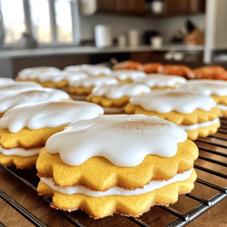 - 2 ½ cups all-purpose flour - 1 teaspoon baking soda - ½ teaspoon baking powder - 1 teaspoon ground cinnamon - ½ teaspoon ground ginger - ¼ teaspoon ground nutmeg - ½ teaspoon salt - 1 cup unsalted butter, softened - 1 cup granulated sugar - ½ cup brown sugar, packed - 1 large egg - 1 cup pure pumpkin puree - 1 teaspoon vanilla extract - 1 cup powdered sugar - 2–3 tablespoons milk - A pinch of ground cinnamon I love using these simple ingredients for my pumpkin sugar cookies. The dry ingredients create a base that is light and fluffy. The spices bring warmth and flavor, making each bite a treat. The wet ingredients add moisture and sweetness. Pumpkin puree gives the cookies a soft texture and a lovely color. For the icing, I stick to just a few ingredients. Powdered sugar and milk combine to create a smooth icing. A sprinkle of cinnamon on top makes it special. When I bake these cookies, I feel the joy of the season. You can find the full recipe for these delightful cookies included above. Enjoy baking and sharing them! - Preheat the oven to 350°F (175°C). - Line baking sheets with parchment paper. - Combine flour, baking soda, baking powder, spices, and salt in a mixing bowl. - Cream butter, granulated sugar, and brown sugar on medium speed until fluffy. - Add egg, pumpkin puree, and vanilla; beat until smooth and combined. - Gradually incorporate dry ingredients into the wet mixture without over-mixing. - Scoop dough onto prepared sheets and bake for 10 to 12 minutes. - Cool cookies on wire racks before icing with powdered sugar and milk mixture. Follow these steps for perfect pumpkin sugar cookies. For more details, check the Full Recipe. To keep your cookies soft, avoid over-mixing the dough. When you mix too much, the cookies can turn tough. I recommend mixing just until the flour is combined. This helps maintain that delightful, tender bite. Ovens can vary greatly. So, monitor your baking time closely. I suggest checking the cookies at the 10-minute mark. You want the edges to be set and lightly golden, while the centers should still look soft. For the icing, start with the milk. Add it little by little until you reach your desired thickness. If you want a thicker icing, use less milk. For a thinner drizzle, add more. This flexibility allows you to make the icing just right for your cookies. {{image_4}} You can make your pumpkin sugar cookies even more fun! Try adding chocolate chips or nuts for extra texture. Chocolate chips give a sweet bite, while nuts add a nice crunch. You can use walnuts, pecans, or even almonds. Mix them into the dough before baking. This change will surprise your taste buds! If you want to change the icing, use cream cheese frosting for a richer flavor. This frosting pairs well with the soft cookie. It adds a tangy sweetness that you will love. Just spread it on after the cookies cool. You can also add a sprinkle of cinnamon on top for an extra touch. If you need a gluten-free option, substitute all-purpose flour with a gluten-free blend. There are many great blends available at stores. Make sure to check that it works well for baking. This way, everyone can enjoy these delightful cookies. Just follow the Full Recipe, and you will have a tasty treat! Store cookies in an airtight container for up to 5 days. This keeps them soft and moist. If you want to enjoy them longer, you should think about other storage methods. For extended freshness, refrigerate cookies for up to 2 weeks. Just wrap them well to avoid any drying out. The cool air helps maintain their flavor and texture. Freeze unbaked dough or iced cookies for later enjoyment. To freeze dough, scoop it into balls and place them on a baking sheet. Once frozen, transfer them to a freezer bag. You can also freeze iced cookies in a single layer. Just layer parchment paper in between to prevent sticking. When ready to bake, simply pop the dough balls into the oven straight from the freezer! This makes cookie baking quick and easy. Enjoy the joy of fresh cookies anytime! For the full recipe, be sure to check out the details above. No, pumpkin pie filling contains additional spices and sugar. Using it can change the flavor and sweetness of your cookies. Stick with pure pumpkin puree for the best results. Chill the dough for 30 minutes before baking to increase thickness. This helps the cookies hold their shape better while baking. It’s a simple step that makes a big difference. Sprinkles, crushed nuts, or edible glitter work great for festive occasions. You can also use icing to create fun designs. Get creative and make each cookie unique! Yes! Substitute butter with a dairy-free alternative and use non-dairy milk for icing. This way, you can enjoy these cookies without dairy. It’s easy to modify the recipe to fit your needs. Rotate baking sheets halfway through the bake time. This helps cookies bake evenly and prevents one side from browning too much. It’s a quick tip for perfect results! These pumpkin sugar cookies are simple to make and full of fall flavor. We covered the ingredients, step-by-step instructions, and some handy tips to ensure success. With a few variations, you can even customize them to fit your taste. Whether you enjoy them fresh or save for later, these cookies promise to delight. Enjoy your baking journey and treat yourself to these tasty bites!