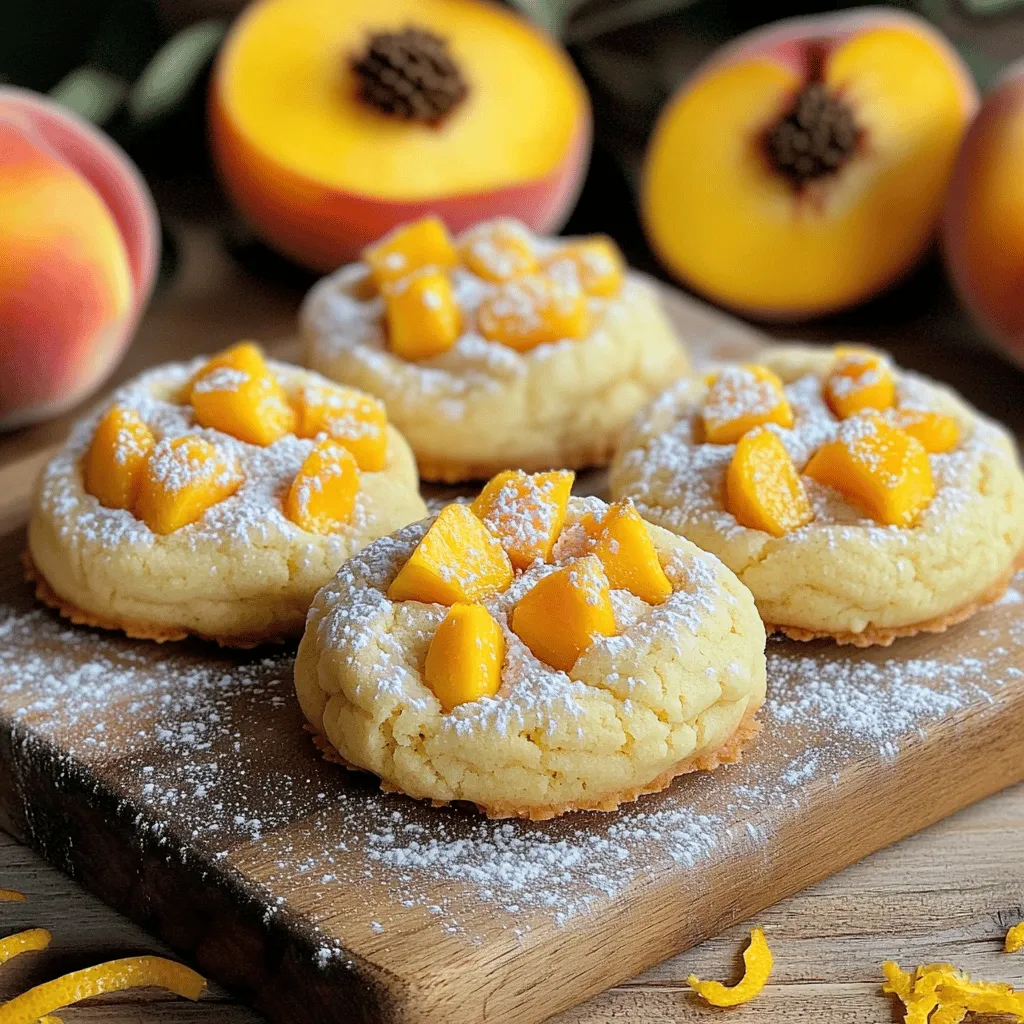 The main ingredients for Orange Ricotta Peach Cookies create a soft and tasty treat. Here’s what you need: - 1 cup creamy ricotta cheese - 1/2 cup unsalted butter, softened - 1 cup granulated sugar - Zest of 1 large orange - 1/4 cup freshly squeezed orange juice - 1 teaspoon pure vanilla extract - 2 cups all-purpose flour - 1 teaspoon baking powder - 1/2 teaspoon baking soda - 1/4 teaspoon fine sea salt - 1 cup fresh peaches, peeled and diced These ingredients blend to give cookies a light texture and a burst of flavor. The ricotta cheese keeps them moist, while the fresh peaches add sweetness. You can enhance your cookies with these optional ingredients: - 1/2 teaspoon ground cinnamon Cinnamon brings warmth to the cookies and pairs well with peach and orange. It adds a hint of spice, making them even more delightful. If you need alternatives, here are some great substitutions: - Use mascarpone cheese instead of ricotta for a richer taste. - Swap fresh peaches for other fruits like berries or nectarines. - For a gluten-free option, try almond flour or a gluten-free flour blend. These substitutions can help you customize the cookies to your taste or dietary needs. You can find the full recipe linked above for all the details. Start by preheating your oven to 350°F (175°C). This ensures even baking. Next, grab two baking sheets and line them with parchment paper. This makes cleanup much easier. You want your kitchen organized, so gather all your ingredients. Having everything ready makes the process smooth and fun. In a large mixing bowl, add 1 cup of creamy ricotta cheese, 1/2 cup of softened butter, and 1 cup of granulated sugar. Use an electric mixer to beat them together until smooth and fluffy. The mixture should feel light and airy. Now, add the zest of 1 orange, 1/4 cup of fresh orange juice, and 1 teaspoon of vanilla extract. Mix well, and enjoy that wonderful orange smell! In another bowl, whisk together 2 cups of flour, 1 teaspoon of baking powder, 1/2 teaspoon of baking soda, and 1/4 teaspoon of fine sea salt. If you love cinnamon, add 1/2 teaspoon now. This step blends the dry ingredients and helps them work their magic. Gradually mix the dry ingredients into the wet mixture. Stir gently until just combined. Be careful not to overmix; this keeps your cookies tender. Finally, fold in 1 cup of diced peaches. Use a spatula to mix without smashing the fruit. Using a tablespoon, drop rounded dollops of dough onto the prepared baking sheets. Leave about 2 inches between each cookie. This allows enough space for them to spread while baking. Slide the sheets into your preheated oven and bake for 12 to 15 minutes. Look for a light golden brown edge and soft center. Once baked, take the cookies out and let them cool on the baking sheets for about 5 minutes. Then gently move them to wire racks. Let them cool completely. Enjoy your tasty creation! For more details, check the Full Recipe. To make cookies soft and chewy, you need to balance wet and dry ingredients. The ricotta cheese adds moisture, which helps create that lovely texture. Avoid overmixing the dough. Mix just until you can’t see any dry flour. This keeps the cookies tender. You want them to be light and fluffy, not tough. Start with room temperature butter. It blends well with sugar, making the dough creamy. Use an electric mixer for the best results. When adding the dry ingredients, do it in parts. This helps prevent clumps. Always fold in the peaches gently. You want to keep them whole for juicy bites. These cookies shine when served warm. You can dust them with powdered sugar for a sweet touch. For extra flair, add a slice of peach on top. They pair well with tea or coffee. You can even use them for dessert at gatherings. Your guests will love these bright, peachy treats! For the full recipe, check out the detailed section above. {{image_4}} You can switch up the peaches in this recipe. Try using fresh blueberries, diced apples, or ripe strawberries. Each fruit adds a unique twist. Blueberries bring a burst of tartness, while apples add a crisp texture. Strawberries offer a sweet, juicy taste. Experiment with your favorite fruits for new flavors. To make these cookies gluten-free, use a 1:1 gluten-free flour blend. For a dairy-free option, substitute ricotta cheese with a dairy-free cream cheese. Make sure to check that all other ingredients are dairy-free. These swaps will keep the cookies soft while meeting dietary needs. In summer, use fresh berries or cherries for a bright flavor. In fall, try pumpkin puree and warm spices like nutmeg. During winter, add crushed peppermint candies for a holiday twist. Each season brings new ingredients, keeping the cookies exciting all year long. To keep your leftover cookies fresh, place them in an airtight container. This will help maintain their soft texture. You can also add a slice of bread to the container. The bread will help keep the cookies moist. Store the container at room temperature. Avoid placing them in the fridge, as it can dry them out. If you want to save cookies for later, freezing is a great option. First, let the cookies cool completely. Then, place them in a single layer on a baking sheet. Freeze them for about an hour. After they are frozen, transfer the cookies to a freezer-safe bag. Remove as much air as possible before sealing. These cookies can last up to three months in the freezer. These Orange Ricotta Peach Cookies stay fresh for about a week at room temperature. If stored properly in an airtight container, they will keep their flavor and texture. If you freeze them, they will be safe for up to three months. Just remember to let them thaw at room temperature before enjoying them again. These cookies are soft and chewy due to the ricotta cheese. This rich cheese adds moisture, which keeps the cookies tender. The butter also contributes to a soft texture. Avoid overmixing when you combine the ingredients. This helps maintain their lightness. Yes, you can use canned peaches. Just make sure to drain them well. Fresh peaches give a bright taste, but canned peaches work fine too. They still add sweetness and flavor to the cookies. To boost the orange flavor, use fresh orange juice and zest. You can also add a bit of orange extract. If you want, you can mix in some orange zest into the powdered sugar for dusting. This adds an extra punch of taste. These cookies pair well with tea or coffee. You can also enjoy them with a scoop of vanilla ice cream. They make a sweet treat for any gathering. Try serving them on a pretty plate for a lovely touch. For the full recipe, check out the section above! This blog explained how to make the best cookies. We covered the main and optional ingredients and shared helpful substitutions. I showed you how to prep your kitchen and mix the ingredients step by step. You learned tips for perfect texture and serving ideas. We explored variations, storage methods, and answered common questions. Now you're ready to bake some delicious cookies, share with friends, and enjoy. Happy baking!