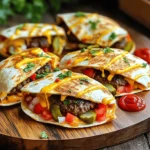 - 1 pound ground beef (80/20 blend) - ½ teaspoon salt - ½ teaspoon black pepper - ½ cup cheddar cheese, shredded - ½ cup mozzarella cheese, shredded - 4 large flour tortillas - 4 tablespoons cream cheese, softened - ¼ cup dill pickles, diced - ¼ cup diced tomatoes - ¼ cup onion, minced - 2 tablespoons ketchup - 2 tablespoons mustard - Olive oil, for cooking Creating Cheeseburger Quesadilla Smash Sliders is a fun way to enjoy flavors. With the right ingredients, your sliders burst with taste. First, let’s start with the beef. I like using an 80/20 blend. This mix gives a juicy bite. Next, season it well with salt and pepper. Don't skip this step; flavor is key. For the cheese, I use both cheddar and mozzarella. The cheddar brings a sharp taste, while mozzarella melts beautifully. You can feel the cheese stretch in every bite. The flour tortillas are the base for these sliders. They hold everything together and crisp up nicely when cooked. I recommend using large tortillas for easier assembly. Cream cheese adds richness. Spread it on the tortillas for a creamy layer. Then, top it off with diced dill pickles, tomatoes, and onions. These toppings add crunch and freshness. Finally, drizzle some ketchup and mustard for that classic burger taste. Use olive oil to cook the quesadillas. It helps create a golden brown crust while keeping everything moist inside. For the full recipe, check the details above. This will guide you step by step to create your own Cheeseburger Quesadilla Smash Sliders. Enjoy the flavor explosion! To start, grab a medium mixing bowl. Add 1 pound of ground beef, ½ teaspoon of salt, ½ teaspoon of black pepper, and 1 teaspoon of garlic powder. Use your hands to mix everything gently. Once mixed, divide the beef into small patties, each about 2-3 ounces. Next, heat a skillet on medium heat. Add a drizzle of olive oil. When the pan is hot, place the patties in the skillet. Cook for 3-4 minutes until they turn brown. Flip them over and cook for another 3-4 minutes. Once done, remove the patties and set them aside on a plate. Now it's time to build your quesadilla! Lower the skillet heat to medium-low. Take 4 large flour tortillas and spread 1 tablespoon of softened cream cheese on one side of each tortilla. Place one tortilla in the skillet with the cream cheese-side facing up. Add a generous amount of cheddar cheese, then stack half of the cooked burger patties on top. Next, sprinkle on the diced pickles, diced tomatoes, and minced onions. Drizzle a bit of ketchup and mustard over this. Finish by adding a layer of shredded mozzarella cheese. Carefully place another tortilla on top, cream cheese-side down. Press it gently with a spatula to hold everything together. Cook the quesadilla for about 2-3 minutes. Look for a golden-brown color on the bottom tortilla and melted cheese. Now, flip the quesadilla gently and cook the other side for another 2-3 minutes. When both sides are browned, take the quesadilla off the heat. Let it cool for a minute, then slice it into quarters or sliders. Repeat this for the rest of your tortillas and filling ingredients. Serve the warm cheeseburger quesadilla sliders on a platter. I like to add extra diced pickles and some ketchup and mustard for dipping on the side. Enjoy this flavor explosion! For the full recipe, check out the [Full Recipe]. To make the best burger texture, use ground beef that is 80/20. This mix provides the right fat content for juicy patties. When you form the patties, handle the meat gently. Overworking it can make the burgers tough. Aim for small patties, about 2-3 ounces, for sliders. For seasoning, keep it simple. A mix of salt, black pepper, and garlic powder works great. These flavors enhance the beef without overpowering it. Be sure to season both sides of each patty before cooking. This will help lock in the taste. To get that perfect cheese melt, use a mix of cheeses. Cheddar and mozzarella are my go-tos. Cheddar adds sharpness, while mozzarella brings stretchiness. Spread cheese evenly, so it melts all the way through. For a fun twist, try pepper jack cheese for a spicy kick. You can also experiment with gouda or fontina. These will add richness and depth. Just remember to slice the cheese thinly for quicker melting. Cooking your quesadillas to a perfect golden brown is key. Use medium-low heat for even cooking. This prevents burning while letting the cheese melt fully. When flipping quesadillas, use a large spatula. Slide it under the quesadilla gently to avoid spills. If you're nervous about flipping, consider using a plate. Simply slide one side onto the plate, then flip it back into the pan. This method keeps your fillings intact. {{image_4}} You can switch up the meat in this dish. Ground turkey or chicken works well. Both have a lighter flavor but still taste great. For a plant-based option, try lentils or black beans. These give you a nice texture and flavor. Using these options can help you cater to different diets. To boost taste, add spices like paprika or cumin. These spices add warmth and depth. You can also mix in sauces, like barbecue or sriracha, for a kick. Experimenting with different cheeses can change the flavor too. Pepper jack adds heat, while gouda brings a smoky taste. Topping with fresh herbs, like cilantro or chives, can brighten each bite. You can serve these quesadilla sliders in many ways. They work as a classic quesadilla or as fun sliders. For parties, cut them into smaller pieces. Arrange them on a colorful platter to impress your guests. You might also serve them with dips, like guacamole or salsa, for extra flavor. Each style can make your meal exciting and unique. To keep your cheeseburger quesadilla sliders fresh, place them in an airtight container. This helps lock in flavor and moisture. Store them in the fridge for up to three days. After that, the taste may decline, and the texture could change. If you want to save them longer, freezing is a good option. Wrap each quesadilla slider tightly in plastic wrap. Then, place them in a freezer-safe bag or container. This keeps them safe from freezer burn. You can freeze them for up to three months. When you're ready to eat, let them thaw overnight in the fridge before reheating. For the best taste, reheat using the oven. Preheat it to 350°F (175°C). Place the quesadilla sliders on a baking sheet. Heat for about 10-15 minutes, until warm and crispy. If you use a microwave, put them on a plate. Heat for 30-60 seconds. This method is faster but may not keep the crunch. To restore crunchiness, consider finishing in a hot pan for a minute. Yes, you can prepare these sliders ahead. Make the patties and cook them. Let them cool. Then, store them in the fridge. When ready to serve, assemble the quesadillas. You can use either fresh tortillas or pre-made ones. If you use pre-made tortillas, spread cream cheese and layer the fillings. Cook them quickly in a hot skillet. This way, they stay crispy and warm. You can serve many tasty sides with these sliders. Consider some crispy fries or sweet potato fries. They pair well with the cheesy sliders. A fresh salad can balance the richness. You might also try dipping sauces like ranch or spicy mayo. These add extra flavor and fun. You could even serve a zesty salsa for a fresh kick. To make these sliders vegetarian, swap out the beef for a meat alternative. You could use black beans or lentils as a base. Another option is to use plant-based burger patties. Just season them like the beef. Add your favorite toppings, like cheese and veggies. You can still enjoy the same great flavors without meat. Just make sure all the other ingredients are vegetarian-friendly. You can make tasty Cheeseburger Quesadilla Smash Sliders easily. Start with classic ingredients and follow straightforward steps for delicious results. Don’t forget to try different proteins and toppings to suit your taste. Storing any leftovers is simple, and reheating them will keep them just as good. With these tips, you can impress guests or enjoy a fun meal at home. Making this dish lets you explore flavors while fitting right into your busy day. Enjoy your cooking adventure!