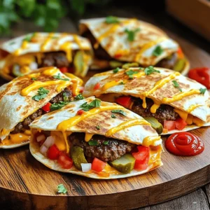 - 1 pound ground beef (80/20 blend) - ½ teaspoon salt - ½ teaspoon black pepper - ½ cup cheddar cheese, shredded - ½ cup mozzarella cheese, shredded - 4 large flour tortillas - 4 tablespoons cream cheese, softened - ¼ cup dill pickles, diced - ¼ cup diced tomatoes - ¼ cup onion, minced - 2 tablespoons ketchup - 2 tablespoons mustard - Olive oil, for cooking Creating Cheeseburger Quesadilla Smash Sliders is a fun way to enjoy flavors. With the right ingredients, your sliders burst with taste. First, let’s start with the beef. I like using an 80/20 blend. This mix gives a juicy bite. Next, season it well with salt and pepper. Don't skip this step; flavor is key. For the cheese, I use both cheddar and mozzarella. The cheddar brings a sharp taste, while mozzarella melts beautifully. You can feel the cheese stretch in every bite. The flour tortillas are the base for these sliders. They hold everything together and crisp up nicely when cooked. I recommend using large tortillas for easier assembly. Cream cheese adds richness. Spread it on the tortillas for a creamy layer. Then, top it off with diced dill pickles, tomatoes, and onions. These toppings add crunch and freshness. Finally, drizzle some ketchup and mustard for that classic burger taste. Use olive oil to cook the quesadillas. It helps create a golden brown crust while keeping everything moist inside. For the full recipe, check the details above. This will guide you step by step to create your own Cheeseburger Quesadilla Smash Sliders. Enjoy the flavor explosion! To start, grab a medium mixing bowl. Add 1 pound of ground beef, ½ teaspoon of salt, ½ teaspoon of black pepper, and 1 teaspoon of garlic powder. Use your hands to mix everything gently. Once mixed, divide the beef into small patties, each about 2-3 ounces. Next, heat a skillet on medium heat. Add a drizzle of olive oil. When the pan is hot, place the patties in the skillet. Cook for 3-4 minutes until they turn brown. Flip them over and cook for another 3-4 minutes. Once done, remove the patties and set them aside on a plate. Now it's time to build your quesadilla! Lower the skillet heat to medium-low. Take 4 large flour tortillas and spread 1 tablespoon of softened cream cheese on one side of each tortilla. Place one tortilla in the skillet with the cream cheese-side facing up. Add a generous amount of cheddar cheese, then stack half of the cooked burger patties on top. Next, sprinkle on the diced pickles, diced tomatoes, and minced onions. Drizzle a bit of ketchup and mustard over this. Finish by adding a layer of shredded mozzarella cheese. Carefully place another tortilla on top, cream cheese-side down. Press it gently with a spatula to hold everything together. Cook the quesadilla for about 2-3 minutes. Look for a golden-brown color on the bottom tortilla and melted cheese. Now, flip the quesadilla gently and cook the other side for another 2-3 minutes. When both sides are browned, take the quesadilla off the heat. Let it cool for a minute, then slice it into quarters or sliders. Repeat this for the rest of your tortillas and filling ingredients. Serve the warm cheeseburger quesadilla sliders on a platter. I like to add extra diced pickles and some ketchup and mustard for dipping on the side. Enjoy this flavor explosion! For the full recipe, check out the [Full Recipe]. To make the best burger texture, use ground beef that is 80/20. This mix provides the right fat content for juicy patties. When you form the patties, handle the meat gently. Overworking it can make the burgers tough. Aim for small patties, about 2-3 ounces, for sliders. For seasoning, keep it simple. A mix of salt, black pepper, and garlic powder works great. These flavors enhance the beef without overpowering it. Be sure to season both sides of each patty before cooking. This will help lock in the taste. To get that perfect cheese melt, use a mix of cheeses. Cheddar and mozzarella are my go-tos. Cheddar adds sharpness, while mozzarella brings stretchiness. Spread cheese evenly, so it melts all the way through. For a fun twist, try pepper jack cheese for a spicy kick. You can also experiment with gouda or fontina. These will add richness and depth. Just remember to slice the cheese thinly for quicker melting. Cooking your quesadillas to a perfect golden brown is key. Use medium-low heat for even cooking. This prevents burning while letting the cheese melt fully. When flipping quesadillas, use a large spatula. Slide it under the quesadilla gently to avoid spills. If you're nervous about flipping, consider using a plate. Simply slide one side onto the plate, then flip it back into the pan. This method keeps your fillings intact. {{image_4}} You can switch up the meat in this dish. Ground turkey or chicken works well. Both have a lighter flavor but still taste great. For a plant-based option, try lentils or black beans. These give you a nice texture and flavor. Using these options can help you cater to different diets. To boost taste, add spices like paprika or cumin. These spices add warmth and depth. You can also mix in sauces, like barbecue or sriracha, for a kick. Experimenting with different cheeses can change the flavor too. Pepper jack adds heat, while gouda brings a smoky taste. Topping with fresh herbs, like cilantro or chives, can brighten each bite. You can serve these quesadilla sliders in many ways. They work as a classic quesadilla or as fun sliders. For parties, cut them into smaller pieces. Arrange them on a colorful platter to impress your guests. You might also serve them with dips, like guacamole or salsa, for extra flavor. Each style can make your meal exciting and unique. To keep your cheeseburger quesadilla sliders fresh, place them in an airtight container. This helps lock in flavor and moisture. Store them in the fridge for up to three days. After that, the taste may decline, and the texture could change. If you want to save them longer, freezing is a good option. Wrap each quesadilla slider tightly in plastic wrap. Then, place them in a freezer-safe bag or container. This keeps them safe from freezer burn. You can freeze them for up to three months. When you're ready to eat, let them thaw overnight in the fridge before reheating. For the best taste, reheat using the oven. Preheat it to 350°F (175°C). Place the quesadilla sliders on a baking sheet. Heat for about 10-15 minutes, until warm and crispy. If you use a microwave, put them on a plate. Heat for 30-60 seconds. This method is faster but may not keep the crunch. To restore crunchiness, consider finishing in a hot pan for a minute. Yes, you can prepare these sliders ahead. Make the patties and cook them. Let them cool. Then, store them in the fridge. When ready to serve, assemble the quesadillas. You can use either fresh tortillas or pre-made ones. If you use pre-made tortillas, spread cream cheese and layer the fillings. Cook them quickly in a hot skillet. This way, they stay crispy and warm. You can serve many tasty sides with these sliders. Consider some crispy fries or sweet potato fries. They pair well with the cheesy sliders. A fresh salad can balance the richness. You might also try dipping sauces like ranch or spicy mayo. These add extra flavor and fun. You could even serve a zesty salsa for a fresh kick. To make these sliders vegetarian, swap out the beef for a meat alternative. You could use black beans or lentils as a base. Another option is to use plant-based burger patties. Just season them like the beef. Add your favorite toppings, like cheese and veggies. You can still enjoy the same great flavors without meat. Just make sure all the other ingredients are vegetarian-friendly. You can make tasty Cheeseburger Quesadilla Smash Sliders easily. Start with classic ingredients and follow straightforward steps for delicious results. Don’t forget to try different proteins and toppings to suit your taste. Storing any leftovers is simple, and reheating them will keep them just as good. With these tips, you can impress guests or enjoy a fun meal at home. Making this dish lets you explore flavors while fitting right into your busy day. Enjoy your cooking adventure!