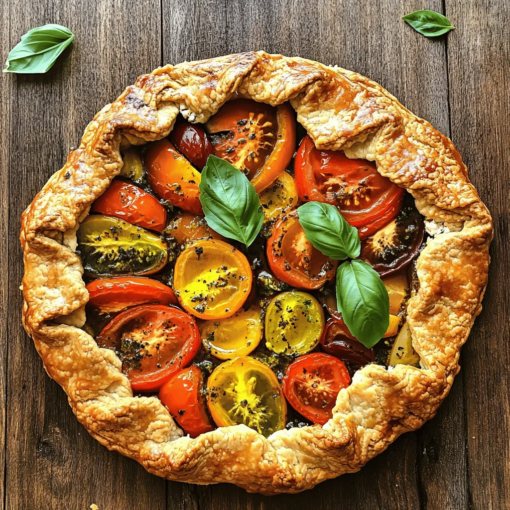 - 1 and 1/2 cups all-purpose flour - 1/2 cup crumbled feta cheese - 1/4 cup fresh basil leaves, finely chopped - 3 medium heirloom tomatoes, sliced into thick rounds To create a great galette, we start with the main ingredients. All-purpose flour gives us a sturdy base. Feta cheese adds a salty, creamy flavor. Fresh basil brings a bright taste that matches the tomatoes. Heirloom tomatoes are the stars of this dish, bursting with flavor and vibrant colors. - 1/2 cup unsalted butter, chilled and cut into small cubes - 3 to 4 tablespoons ice water - 1 tablespoon extra virgin olive oil - 1 teaspoon balsamic vinegar - Sea salt, to taste Next, we have additional ingredients that enhance the galette. Unsalted butter makes the crust flaky and rich. Ice water helps bind the dough without making it tough. Extra virgin olive oil and balsamic vinegar elevate the tomato flavor. A pinch of sea salt brings everything together perfectly. - Additional fresh basil leaves - Balsamic reduction While optional, garnishes can add a lovely touch. Fresh basil leaves give a pop of green and flavor. A balsamic reduction can add sweetness and depth. These extras make your galette look and taste even better. For the full recipe, check out Heirloom Tomato Galette with Basil Feta Crust. - Mixing dry ingredients: In a large bowl, combine 1 and 1/2 cups of all-purpose flour, 1/2 cup of crumbled feta cheese, 1/4 cup of finely chopped fresh basil, 1/2 teaspoon of salt, and 1/4 teaspoon of black pepper. Mix well until all the dry ingredients blend smoothly. - Cutting in the butter: Add 1/2 cup of chilled, cubed unsalted butter to the bowl. Use your fingertips or a pastry cutter to break the butter into the flour mix. Aim for a crumbly texture with small butter pieces remaining. - Incorporating ice water: Slowly add 3 to 4 tablespoons of ice water, one tablespoon at a time. Gently mix until the dough starts to form. Be careful not to over-knead it; you want a tender crust. - Shaping and wrapping the dough: Shape the dough into a disc. Wrap it tightly in plastic wrap to keep it fresh. - Recommended chilling time: Chill the dough in the fridge for at least 30 minutes. This helps the dough hold its shape better when you roll it out. - Preheating the oven: Preheat your oven to 400°F (200°C). This ensures a nice, even bake when the galette is ready. - Marinating the heirloom tomatoes: Slice 3 medium heirloom tomatoes into thick rounds. In a bowl, toss them with 1 tablespoon of extra virgin olive oil, 1 teaspoon of balsamic vinegar, and a pinch of sea salt. Allow them to marinate for about 10 minutes to enhance their flavor. - Rolling out the dough: On a floured surface, take your chilled dough and roll it into a 12-inch circle, about 1/8-inch thick. Carefully transfer it onto a parchment-lined baking sheet. - Arranging tomatoes in the galette: Place the marinated tomato slices in the center of the rolled-out dough, leaving a 2-inch border. Fold the edges of the dough over the tomatoes, overlapping as you go. This creates a rustic look. - Baking duration and temperature: Bake the galette in the preheated oven for 30-35 minutes. Keep an eye on it to ensure the crust turns golden brown. - Checking the doneness: Look for the tomatoes to be tender and aromatic. A perfect galette has a crisp crust and soft, juicy tomatoes. For a full recipe, refer to the original instructions provided above. Chilling the dough is key for a flaky crust. When you chill the dough, the butter firms up. This helps create layers when baking. Aim for at least 30 minutes in the fridge. If you skip this step, your crust may be tough. To avoid over-kneading, mix gently. Once you add the ice water, combine it just until it holds together. Overworking the dough makes it tough. Remember, a little crumbly is fine. Timing is important for marinating heirloom tomatoes. Let them soak in olive oil and balsamic vinegar for about 10 minutes. This boosts their flavor and brings out sweetness. Try using different tomato varieties for more taste. Each type offers unique flavors and colors. You can mix cherry, beefsteak, and heirloom tomatoes for a fun twist. For the best accompaniments, serve your galette with a light salad. A mix of arugula and mixed greens works well. You can also add a squeeze of lemon for brightness. Presentation is key. Slice the galette into wedges and arrange them on a rustic board. Drizzle a bit of balsamic reduction over the top before serving. This adds a gourmet touch. For the full recipe, click here. {{image_4}} You can switch up the cheese in your galette. Try using ricotta for a creamy texture. Goat cheese adds a tangy taste, while Parmesan gives a rich flavor. Each cheese brings its own flair. You can mix and match these cheeses too. Just remember to adjust your seasonings. For example, goat cheese may need less salt. Basil is great, but you can explore other herbs. Thyme adds a warm, earthy taste. Oregano gives a nice Italian twist. Dill can bring a fresh note. These herbs infuse the crust with new flavors. You can use a mix of these herbs for even more depth. Want to make it a garden vegetable galette? You can add zucchini, bell peppers, or eggplant. Slice them thinly and layer them with the tomatoes. Seasonal veggies add color and flavor. Don't be afraid to experiment! You can create a unique dish with your favorite garden finds. For the full recipe, check out the Heirloom Tomato Galette with Basil Feta Crust. To keep your Heirloom Tomato Galette fresh, store leftovers in the fridge. First, let it cool to room temperature. Then, wrap it tightly in plastic wrap or place it in an airtight container. This helps avoid drying out. The galette stays good for up to three days in the fridge. When it comes to reheating, the oven is best. Preheat your oven to 350°F (175°C). Place the galette on a baking sheet and cover it with foil. Heat for about 15-20 minutes, until warm. If you use the microwave, heat it for 1 minute at a time. This may make the crust soggy, so use it as a last resort. You can freeze both uncooked and cooked galette. For uncooked, wrap it tightly in plastic wrap and then in foil. It can stay frozen for up to three months. To cook from frozen, bake for about 10 minutes longer than the recipe states. For cooked galette, let it cool completely, then wrap and freeze. Thaw it overnight in the fridge before reheating. By following these steps, you can enjoy your delicious galette longer! For the complete recipe, check out the Full Recipe. A galette is a free-form pastry. It has a rustic look and is easy to make. You can fill it with sweet or savory items. The dough folds over the filling to create a beautiful, open tart. Galettes are great for showcasing seasonal ingredients. They can be made with various dough types, including pie crust and puff pastry. Yes, you can use store-bought dough. It saves time and effort. Homemade dough has a fresh taste and can be tailored to your liking. But store-bought options are convenient. Look for a high-quality pie crust or puff pastry. These will work well for your galette. Check for a golden-brown crust. The tomatoes should be tender and aromatic. If the crust looks crisp and the filling bubbles a bit, it is ready. The edges should have a nice color. Let it cool for a few minutes before slicing. Pair your galette with a simple green salad. A mix of greens, cucumbers, and a light dressing works well. You can also serve it with roasted veggies. For drinks, a chilled white wine or sparkling water complements the flavors. Enjoying this dish with friends makes it even better! Making a galette can be simple and rewarding. We explored the main ingredients, including feta cheese and heirloom tomatoes. You learned how to prepare the crust, assemble the ingredients, and bake to perfection. Remember to chill your dough for the best crust. Try different cheeses and herbs to mix things up. Store any leftovers properly to enjoy later. With these tips and ideas, you can create a delightful dish that impresses. Enjoy your galette, and happy cooking!
