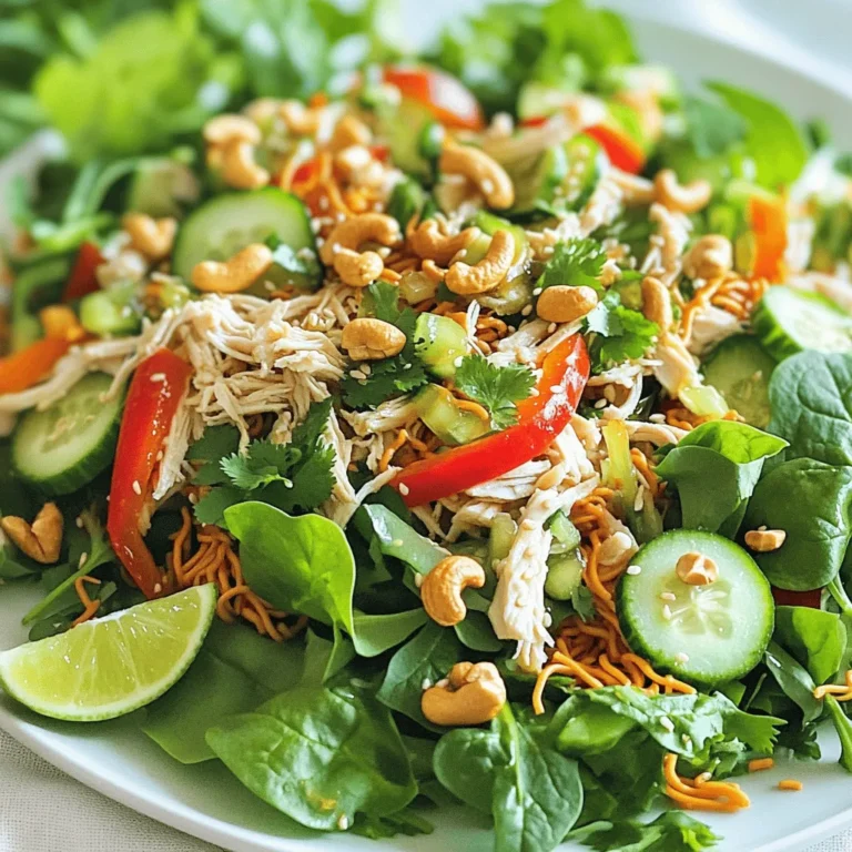 - 2 cups cooked chicken breast, shredded - 1 cup mixed salad greens - 1/2 cup red bell pepper, thinly sliced - 1/2 cup cucumber, diced - 1/4 cup red onion, finely sliced - 1/2 cup toasted cashews - 1/4 cup fresh cilantro, chopped - 1/4 cup crunchy chow mein noodles - 3 tablespoons sesame oil - 2 tablespoons soy sauce or tamari - 1 tablespoon honey or maple syrup - 1 tablespoon rice vinegar - Salt and pepper, to taste Gather these fresh and simple ingredients to make your Chicken Cashew Crunch Salad shine. You will love the mix of flavors and textures. The cooked chicken gives a hearty base, while the greens add a crisp touch. The red bell pepper and cucumber bring color and crunch. The toasted cashews boost the salad's flavor and provide a satisfying crunch. Trust me; this salad is not just healthy, but it is also fun to eat! The dressing is quick to whip up and ties everything together. I suggest you check the Full Recipe for even more details on how to put this together. 1. In a large mixing bowl, combine the salad ingredients: - 2 cups cooked chicken breast, shredded - 1 cup mixed salad greens - 1/2 cup red bell pepper, thinly sliced - 1/2 cup cucumber, diced - 1/4 cup red onion, finely sliced - 1/4 cup fresh cilantro, chopped Gently toss the mixture. Use your hands or two salad spoons. This helps mix everything well. 2. Next, prepare the dressing in a separate small bowl. Whisk together: - 3 tablespoons sesame oil - 2 tablespoons soy sauce (or tamari for a gluten-free option) - 1 tablespoon honey or maple syrup - 1 tablespoon rice vinegar - Salt and pepper, to taste Mix until the dressing is smooth and well blended. 3. Drizzle the dressing over the salad. Toss gently yet thoroughly. Make sure every ingredient is coated. Let the salad rest for about 5 minutes. This helps the flavors blend nicely. 1. Just before serving, add the final touches. Sprinkle: - 1/2 cup toasted cashews - 1/4 cup crunchy chow mein noodles This adds an amazing crunch and flavor to the salad. 2. For presentation tips, serve the salad in a large, colorful bowl. You can also plate it individually for a nice touch. Garnish with extra toasted cashews and fresh cilantro leaves. Adding a lime wedge on the side makes it look great and adds a zesty flavor. For the full recipe, check out the detailed steps and tips to create this delicious Chicken Cashew Crunch Salad! To prepare the Chicken Cashew Crunch Salad ahead of time, store the salad and dressing separately. This keeps the greens fresh and crisp. You can mix all the salad ingredients in a bowl, but wait to add the dressing. The best time to mix the ingredients is about 30 minutes before you serve. This way, the flavors blend but the salad stays crunchy. To make this salad even better, try adding toppings. Fresh avocado slices or a sprinkle of sesame seeds can boost flavor. You may also enjoy diced apples for a sweet crunch. If you want to adjust the dressing, taste it first. You can add more honey for sweetness or soy sauce for saltiness. Experimenting with the dressing helps you find your perfect mix. {{image_4}} You can easily tweak the Chicken Cashew Crunch Salad to fit your needs. If you want a gluten-free option, swap regular soy sauce for tamari. Tamari is a great choice, as it tastes just as good. For nuts, try different options if you prefer. Almonds, walnuts, or sunflower seeds add nice crunch. Each nut brings a unique flavor that can change the salad's character. Using seasonal ingredients can elevate this salad. In spring, add fresh peas or radishes for a pop of color. In summer, use juicy tomatoes or sweet corn to enhance taste. As the weather turns colder, make heartier salads. Add roasted sweet potatoes or butternut squash for warmth. These ingredients create a filling meal that feels cozy. For a creamier touch in winter, consider adding avocado. It offers richness and pairs well with the salad's crunch. You can explore these variations for a delightful experience. For the full recipe, check the Chicken Cashew Crunch Salad details. You can keep Chicken Cashew Crunch Salad in the fridge for about three days. It stays fresh and tasty for that time. For best results, store the dressing separately. This way, the salad won't get soggy. When ready to eat, just mix the dressing with the salad. You cannot freeze Chicken Cashew Crunch Salad as a whole. Freezing changes the texture of the greens and cooked chicken. However, you can freeze the chicken and cashews separately. When freezing chicken, make sure it is in an airtight container. For cashews, keep them in a sealed bag to avoid moisture. Thaw the chicken in the fridge before using it in your salad. Always add fresh greens and dressing right before serving. For the best flavor and crunch, make sure to enjoy your salad fresh! For the full recipe, check out my detailed guide on making this delicious dish. How to make Chicken Cashew Crunch Salad healthier? You can make this salad healthier by adding more veggies. Try adding carrots, kale, or broccoli. You can also use grilled chicken instead of fried. Swap toasted cashews for unsalted nuts. Use less honey in the dressing or switch to a light vinaigrette. These small changes keep the flavor while boosting nutrition. Can this salad be served as a main dish? Yes, this salad works great as a main dish. The shredded chicken provides protein, making it filling. Add more greens or grains, like quinoa, to make it heartier. This way, it becomes a complete meal. Serve it with a side of fruit for a refreshing finish. What are the best sides to serve with this salad? This salad pairs well with many sides. Fresh fruit salad adds sweetness and color. A light soup, like miso or tomato, complements the crunch. Serve whole-grain bread or rolls on the side for extra texture. These options balance the meal and make it more satisfying. You can find the Full Recipe for Chicken Cashew Crunch Salad at the beginning of this article. This Chicken Cashew Crunch Salad is fresh, crunchy, and easy to make. You learned how to mix tasty ingredients and dressings for a great meal. Remember to add cashews and chow mein for extra crunch. Feel free to switch ingredients based on your taste or season. This salad keeps well in the fridge, and you can even freeze some parts. Enjoy it as a side or main dish. I hope you try this delicious salad soon!