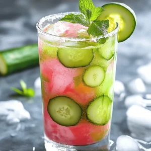 - 1 medium cucumber, peeled and diced - 2 cups watermelon, cubed and seeds removed - 1 green apple, cored and chopped - 1 tablespoon fresh mint leaves, roughly torn - 1 tablespoon freshly squeezed lime juice - 1 tablespoon honey (optional, for added sweetness) - 2 cups cold water What are the nutritional benefits of cucumber? Cucumbers are low in calories. They hydrate your body well. They also provide vitamins like K and C. These nutrients support your skin and bone health. Cucumbers help keep your skin fresh and glowing. How does watermelon help in hydration and detox? Watermelon is about 92% water. This high water content keeps you hydrated. It also contains vitamins A and C. These vitamins work as antioxidants to fight toxins. Watermelon can help flush out harmful substances from your body. What are the advantages of green apple for skin health? Green apples are rich in vitamin C. This vitamin helps in collagen production. Collagen is key for skin elasticity. They also contain fiber, which aids digestion. Healthy digestion can lead to clearer skin over time. This refreshing juice not only tastes great but also boosts your health. For the full recipe, check out the details above! Start by preparing your ingredients. First, peel the cucumber and cut it into small pieces. For the watermelon, make sure to remove all the seeds. Then, cut the watermelon into cubes. Lastly, core and chop the green apple into small parts. Removing the seeds from the watermelon is crucial. Seeds can make the juice taste bitter and gritty. Plus, you want a smooth, refreshing drink. Now, let's blend! Add the diced cucumber, cubed watermelon, and chopped green apple into the blender. Toss in the torn mint leaves too. Pour in the cold water to help mix everything. Blend on high speed until the mixture is smooth. If you want a sweeter juice, add honey and blend for a few more seconds. This makes the juice taste even better. To get the juice ready, you need to strain it. Use a fine mesh sieve or cheesecloth over a big bowl. Carefully pour the blended mix into the sieve. Use a spatula or spoon to press down on the pulp. This helps extract all the juice you can. You can throw away the pulp or save it for smoothies or salads. After straining, stir in the fresh lime juice for a zesty kick. Enjoy your refreshing Cucumber Melon Detox Glow Juice! For more details, check the Full Recipe. To make your juice even better, try these ideas: - Use maple syrup, agave nectar, or stevia as sweeteners. - For a minty kick, add more fresh mint leaves or even mint extract. Fresh mint makes the juice taste cool and refreshing. You can muddle the mint before blending to release more flavor. Serving your juice can be fun! Here are a few ideas: - Use tall glasses filled with ice to show off the juice's color. - Garnish with mint sprigs or cucumber slices on the rim. If you have leftover pulp, don't toss it! You can add it to smoothies or salads. It adds flavor and nutrients, making your meals even better. What snacks go well with this juice? Here are some tasty ideas: - Pair it with whole grain crackers and hummus. - Enjoy it with a light salad or veggie sticks. Smoothies or salads can also complement your detox juice. A simple berry smoothie or a fresh garden salad will enhance your healthy meal! {{image_4}} You can switch up fruits in your juice. Cantaloupe and honeydew work great. They add sweet and fresh notes. Try mixing them with cucumber for a tasty twist. You can also add fresh herbs. Basil or cilantro gives a unique flavor. These herbs bring a fresh touch to your drink. If you want a low-sugar version, skip the honey. The natural sweetness from fruits is enough. You can also add superfoods. Chia seeds or flaxseeds boost nutrition. They add fiber and healthy fats. This makes your juice even better for your body. Use seasonal fruits to change things up. In summer, add ripe peaches or berries. In fall, try apples or pears for warmth. You can also warm your juice in colder months. Heat it gently on the stove for a cozy drink. This way, you enjoy the fresh flavors all year round. For the full recipe, check out the main section. Store leftover juice in glass jars or BPA-free plastic containers. These options keep the juice fresh and tasty. Make sure to seal the containers tightly. This helps prevent air from getting in. Place the juice in the fridge right away. It needs to stay cold to keep fresh. The juice will last about 2 to 3 days in the fridge. After that, the taste and quality might drop. Look for signs that the juice is no longer good. If it smells off or has changed color, it's best to throw it away. You can freeze the juice for later use! Pour the juice into ice cube trays for easy portions. Once frozen, transfer the cubes to a freezer bag. This way, you can use just what you need. Each cube is a great size for a single serving! Cucumber Melon Detox Glow Juice is a bright and fresh drink made from simple, healthy ingredients. This juice combines cucumber, watermelon, and green apple, creating a delightfully refreshing flavor. Cucumber hydrates, while watermelon adds sweetness and nutrients. Green apple boosts the flavor and provides fiber. Together, these ingredients help to detoxify your body and give your skin a healthy glow. I recommend enjoying detox juices like this one once a day. Drinking them daily can help flush out toxins and keep you hydrated. However, listen to your body. If you feel any discomfort, adjust your intake accordingly. Balance is key to a healthy diet. Yes, you can make this juice ahead of time! Store it in a sealed container in the fridge for up to 24 hours. This makes it easy to have a quick, refreshing drink ready when you need it. Just remember to shake it well before drinking, as some separation may occur. Most people can enjoy detox juices with no issues. However, some may experience mild stomach discomfort, especially if they have not consumed a lot of fiber before. It's wise to start slow if you're new to detox juices. Always consult a doctor if you have health concerns before making changes to your diet. Cucumber Melon Detox Glow Juice is a refreshing and healthy drink. It uses simple ingredients like cucumber, watermelon, and green apple. We discussed preparation steps and how to blend them for the best taste. Remember, you can customize flavors and make tasty pairings. In the end, this juice is great for hydration and boosting skin health. It’s easy to make and perfect for any season. Enjoy the benefits and flavors as you sip your way to wellness.