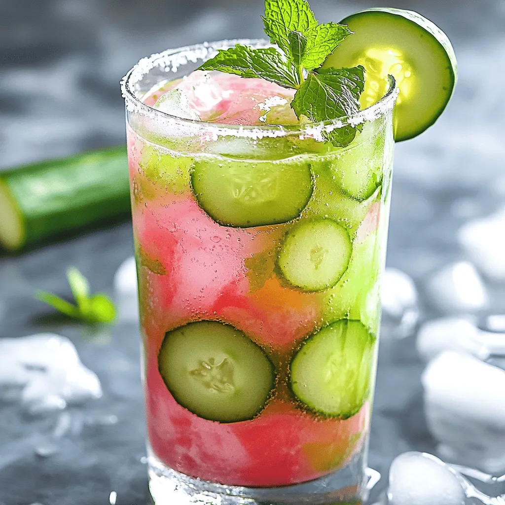 - 1 medium cucumber, peeled and diced - 2 cups watermelon, cubed and seeds removed - 1 green apple, cored and chopped - 1 tablespoon fresh mint leaves, roughly torn - 1 tablespoon freshly squeezed lime juice - 1 tablespoon honey (optional, for added sweetness) - 2 cups cold water What are the nutritional benefits of cucumber? Cucumbers are low in calories. They hydrate your body well. They also provide vitamins like K and C. These nutrients support your skin and bone health. Cucumbers help keep your skin fresh and glowing. How does watermelon help in hydration and detox? Watermelon is about 92% water. This high water content keeps you hydrated. It also contains vitamins A and C. These vitamins work as antioxidants to fight toxins. Watermelon can help flush out harmful substances from your body. What are the advantages of green apple for skin health? Green apples are rich in vitamin C. This vitamin helps in collagen production. Collagen is key for skin elasticity. They also contain fiber, which aids digestion. Healthy digestion can lead to clearer skin over time. This refreshing juice not only tastes great but also boosts your health. For the full recipe, check out the details above! Start by preparing your ingredients. First, peel the cucumber and cut it into small pieces. For the watermelon, make sure to remove all the seeds. Then, cut the watermelon into cubes. Lastly, core and chop the green apple into small parts. Removing the seeds from the watermelon is crucial. Seeds can make the juice taste bitter and gritty. Plus, you want a smooth, refreshing drink. Now, let's blend! Add the diced cucumber, cubed watermelon, and chopped green apple into the blender. Toss in the torn mint leaves too. Pour in the cold water to help mix everything. Blend on high speed until the mixture is smooth. If you want a sweeter juice, add honey and blend for a few more seconds. This makes the juice taste even better. To get the juice ready, you need to strain it. Use a fine mesh sieve or cheesecloth over a big bowl. Carefully pour the blended mix into the sieve. Use a spatula or spoon to press down on the pulp. This helps extract all the juice you can. You can throw away the pulp or save it for smoothies or salads. After straining, stir in the fresh lime juice for a zesty kick. Enjoy your refreshing Cucumber Melon Detox Glow Juice! For more details, check the Full Recipe. To make your juice even better, try these ideas: - Use maple syrup, agave nectar, or stevia as sweeteners. - For a minty kick, add more fresh mint leaves or even mint extract. Fresh mint makes the juice taste cool and refreshing. You can muddle the mint before blending to release more flavor. Serving your juice can be fun! Here are a few ideas: - Use tall glasses filled with ice to show off the juice's color. - Garnish with mint sprigs or cucumber slices on the rim. If you have leftover pulp, don't toss it! You can add it to smoothies or salads. It adds flavor and nutrients, making your meals even better. What snacks go well with this juice? Here are some tasty ideas: - Pair it with whole grain crackers and hummus. - Enjoy it with a light salad or veggie sticks. Smoothies or salads can also complement your detox juice. A simple berry smoothie or a fresh garden salad will enhance your healthy meal! {{image_4}} You can switch up fruits in your juice. Cantaloupe and honeydew work great. They add sweet and fresh notes. Try mixing them with cucumber for a tasty twist. You can also add fresh herbs. Basil or cilantro gives a unique flavor. These herbs bring a fresh touch to your drink. If you want a low-sugar version, skip the honey. The natural sweetness from fruits is enough. You can also add superfoods. Chia seeds or flaxseeds boost nutrition. They add fiber and healthy fats. This makes your juice even better for your body. Use seasonal fruits to change things up. In summer, add ripe peaches or berries. In fall, try apples or pears for warmth. You can also warm your juice in colder months. Heat it gently on the stove for a cozy drink. This way, you enjoy the fresh flavors all year round. For the full recipe, check out the main section. Store leftover juice in glass jars or BPA-free plastic containers. These options keep the juice fresh and tasty. Make sure to seal the containers tightly. This helps prevent air from getting in. Place the juice in the fridge right away. It needs to stay cold to keep fresh. The juice will last about 2 to 3 days in the fridge. After that, the taste and quality might drop. Look for signs that the juice is no longer good. If it smells off or has changed color, it's best to throw it away. You can freeze the juice for later use! Pour the juice into ice cube trays for easy portions. Once frozen, transfer the cubes to a freezer bag. This way, you can use just what you need. Each cube is a great size for a single serving! Cucumber Melon Detox Glow Juice is a bright and fresh drink made from simple, healthy ingredients. This juice combines cucumber, watermelon, and green apple, creating a delightfully refreshing flavor. Cucumber hydrates, while watermelon adds sweetness and nutrients. Green apple boosts the flavor and provides fiber. Together, these ingredients help to detoxify your body and give your skin a healthy glow. I recommend enjoying detox juices like this one once a day. Drinking them daily can help flush out toxins and keep you hydrated. However, listen to your body. If you feel any discomfort, adjust your intake accordingly. Balance is key to a healthy diet. Yes, you can make this juice ahead of time! Store it in a sealed container in the fridge for up to 24 hours. This makes it easy to have a quick, refreshing drink ready when you need it. Just remember to shake it well before drinking, as some separation may occur. Most people can enjoy detox juices with no issues. However, some may experience mild stomach discomfort, especially if they have not consumed a lot of fiber before. It's wise to start slow if you're new to detox juices. Always consult a doctor if you have health concerns before making changes to your diet. Cucumber Melon Detox Glow Juice is a refreshing and healthy drink. It uses simple ingredients like cucumber, watermelon, and green apple. We discussed preparation steps and how to blend them for the best taste. Remember, you can customize flavors and make tasty pairings. In the end, this juice is great for hydration and boosting skin health. It’s easy to make and perfect for any season. Enjoy the benefits and flavors as you sip your way to wellness.