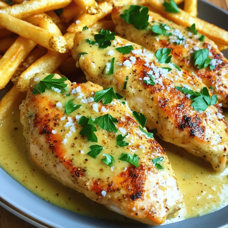 - 4 boneless chicken fillets - 1 cup heavy cream - 1 cup freshly grated Parmesan cheese - 4 cloves garlic, finely minced - 2 large russet potatoes, cut into fry shapes - 1 tablespoon cornstarch - 2 tablespoons olive oil (divided) - 1 teaspoon dried oregano - 1 teaspoon salt - 1/2 teaspoon freshly cracked black pepper - Fresh parsley, finely chopped (for garnish) To make Creamy Garlic Parmesan Chicken Fillets with Fries shine, start with quality ingredients. The chicken fillets must be boneless for easy cooking. Heavy cream is key for a rich sauce. Freshly grated Parmesan cheese adds great flavor and texture. Next, seasoning is important for both the chicken and fries. Minced garlic gives a nice aroma and taste. Russet potatoes work best for fries; they become crispy on the outside. Cornstarch helps achieve that perfect crisp. For cooking, olive oil adds richness and helps with browning. Dried oregano gives the dish an herby note. Salt and pepper enhance all flavors. Finally, fresh parsley is perfect for garnish, adding a pop of color. This combination of ingredients creates a dish that excites the palate. For the full recipe, check out the details above. - Preheat your oven to 425°F (220°C). - Coat the potatoes with olive oil, cornstarch, salt, and pepper. To start, you need to preheat your oven. This step is key for crispy fries. While the oven heats, prepare the potatoes. Cut them into fry shapes. In a bowl, mix the olive oil, cornstarch, salt, and pepper. Make sure every fry gets a good coat. This coating helps the fries turn golden and crunchy. - Spread seasoned fries on a baking sheet. - Bake for 25-30 minutes, flipping halfway. Once your fries are ready, spread them on a baking sheet in a single layer. The fries need space to cook evenly. Bake them in your preheated oven for 25 to 30 minutes. Remember to flip them halfway through. This ensures both sides get that nice, crispy texture. - Heat remaining olive oil in a skillet. - Sear chicken fillets until golden brown and cooked through. While the fries bake, it's time to cook the chicken. Heat the rest of the olive oil in a skillet over medium heat. Season the chicken fillets with salt and pepper. Sear each fillet for about 5 to 6 minutes on each side. They should turn golden brown and be fully cooked. Once done, set them aside on a plate. - Sauté minced garlic in the skillet. - Add heavy cream and whisk in Parmesan cheese. In the same skillet, add your minced garlic. Sauté it for about 1 to 2 minutes until it smells good. Be careful not to burn it! Next, lower the heat and pour in the heavy cream. Whisk in the freshly grated Parmesan cheese. This sauce will become rich and creamy, perfect for your chicken. - Return chicken to skillet and simmer in sauce for flavor. Now, return the chicken fillets to the skillet. Spoon the sauce over them. Let the chicken simmer in the sauce for about 2 to 3 minutes. This step allows the chicken to soak up all that delicious flavor. - Serve chicken fillets with fries and garnish with parsley. To serve, place the creamy garlic Parmesan chicken fillets on a plate next to the crispy fries. Drizzle any leftover sauce over the chicken. Finally, sprinkle fresh parsley to add color. This will make your dish look as good as it tastes! For the complete recipe, check out the Full Recipe. To get the best fries, follow these tips. First, ensure an even coating of cornstarch on the potatoes. This will help them become crispy and golden. Next, use a parchment-lined baking sheet. It makes cleanup a breeze and prevents sticking. For juicy chicken, let the fillets rest before slicing. This keeps the juices inside. You can also experiment with spices. Try adding a dash of paprika or some herbs. This can give your chicken a unique twist. Getting the sauce just right can make a big difference. Adjust the cream and cheese amounts for your preferred thickness. If you want a richer flavor, add a splash of chicken broth. This simple step can elevate the taste of your dish. By using these tips, you can make the Creamy Garlic Parmesan Chicken Fillets with Fries even better. For the full recipe, check out the recipe section. Enjoy cooking! {{image_4}} You can switch things up by using chicken thighs instead of fillets. Chicken thighs have more fat, giving them a richer flavor. You can also explore different cheeses. Mozzarella or gouda can add a fun twist to the dish. These choices bring new tastes and textures to your meal. If you want a smoky flavor, try grilling the chicken instead of searing it. Grilling adds a nice char that enhances the taste. For the fries, consider using an air fryer. It requires less oil and still gives you crispy fries. This method makes for a healthier option without losing crunch. To make your meal even better, pair the chicken and fries with a side salad. A fresh salad adds color and nutrients. You can also serve garlic bread on the side. The bread complements the creamy sauce and adds a nice touch. These simple additions will elevate your dining experience. Cool the chicken fillets and fries completely before storing. Place them in airtight containers. This keeps the food fresh. Store in the fridge for up to three days for the best taste. To reheat, use the oven for crispy fries and warm chicken. Preheat the oven to 375°F (190°C) and bake for about 10-15 minutes. If you want a quicker method, use the microwave. Place the food in a microwave-safe bowl. Cover it with a damp paper towel. This helps keep the chicken moist. You can freeze the chicken fillets and sauce separately. This way, they last longer. Wrap them tightly in plastic wrap or foil. Thaw overnight in the refrigerator before reheating. This keeps the food safe and tasty. For the full recipe, check out the earlier sections. You can make this recipe dairy-free. Consider using coconut cream instead of heavy cream. Nutritional yeast can replace Parmesan cheese. This way, you keep a creamy texture and delicious flavor. To add some heat, try adding red pepper flakes or hot sauce to the garlic sauce. This will give your dish a nice kick. Adjust the amount to suit your taste. If you want a healthier option, use sweet potatoes instead of regular fries. You can also try roasted vegetables for a colorful and tasty side. Both options complement the chicken well. Yes, you can use pre-cooked chicken. Just adjust your cooking time. Heat the sauce and add the chicken to warm it through. This makes the dish quick and easy to prepare. For the full recipe, check out the previous sections! This recipe combines tender chicken with crispy fries for a tasty meal. You start by preparing the ingredients and cooking the chicken in a rich garlic Parmesan sauce. The fries give a crunchy contrast that enhances the dish. Feel free to make changes like using different cheeses or cooking methods. Store leftovers properly to enjoy later. This meal is easy and adaptable, ensuring you can impress your family or friends with simple steps. Enjoy your flavorful chicken and fries!