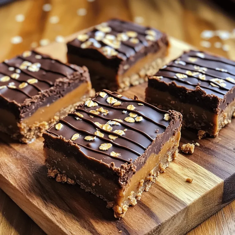 To make these tasty bars, you need a few simple ingredients: - 1 cup creamy peanut butter - 1/2 cup honey or maple syrup - 1 1/2 cups rolled oats - 1/2 cup almond flour - 1/4 cup unsweetened cocoa powder - 1/2 teaspoon vanilla extract - A pinch of salt - 1/3 cup dark chocolate chips (optional) These ingredients blend well together. The peanut butter gives a rich flavor. Honey or maple syrup adds sweetness. Oats provide a hearty base, making them filling. You may want to add some extra touches for more flavor: - A sprinkle of cinnamon for warmth - Chopped nuts for crunch - Dried fruits for sweetness These options can change the taste and texture. Feel free to mix and match based on your preferences. If you have allergies, here are some easy swaps: - Use sunflower seed butter instead of peanut butter - Substitute maple syrup for honey if needed - Replace almond flour with oat flour or coconut flour These substitutions keep the recipe safe and delicious. You can still enjoy the bars while avoiding allergens. Just remember to follow the same steps, and you’ll be good to go! Start by gathering your ingredients. Place the creamy peanut butter and honey in a large bowl. Use a spatula or wooden spoon to mix them. Stir until the mix is smooth and creamy. This step is key to a tasty bar. Next, add the rolled oats, almond flour, cocoa powder, vanilla, and salt. Mix everything together well. You want to see no dry spots. This creates a thick and sticky dough that holds together nicely. Now, take an 8x8 inch baking dish and line it with parchment paper. Leave some paper hanging over the edges. This makes it easy to lift out the bars later. Transfer your peanut butter mixture into the dish. Use your hands or a spatula to press it down. Make sure it’s even and firm across the bottom. If you want to add a chocolate drizzle, melt the dark chocolate chips next. Place them in a microwave-safe bowl. Heat in 15-second bursts, stirring each time. Once melted, drizzle the chocolate over the pressed mixture. Use a spoon or piping bag for a nice look. Finally, place your baking dish in the fridge. Chill for at least 1-2 hours. This helps the bars set firmly. Once ready, lift them out by the parchment paper. Cut into squares or bars as you like. You can find the full recipe [Full Recipe]. To get the best texture, mix the peanut butter and honey well. You want it smooth and creamy. If your mixture seems too dry, add a bit more honey or a splash of water. This helps bind everything together. The rolled oats should be well coated to hold the bars nicely. When you press the mixture into the dish, use damp hands. This prevents sticking. Start at the center and push outward. Press firmly and evenly to avoid air pockets. A flat spatula can help smooth the top. Make sure the layer is compact and even for better bars. For a great look, cut the bars into squares or rectangles. Place them on a colorful plate. You can add fresh fruit like berries or banana slices on the side. For a fun touch, sprinkle some extra cocoa powder or crushed nuts on top. This makes your treat look even more inviting. {{image_4}} You can make these bars even better with fun mix-ins. Chopped nuts add crunch. Walnuts or almonds work great. Dried fruits like cranberries or raisins give a sweet touch. Mix in about 1/2 cup of these before you press the mixture into the dish. This way, each bite has a surprise! Want to change the flavor? Use coconut or almond extract! Just add a teaspoon to the mix. Coconut gives a tropical twist. Almond makes it rich and nutty. You can also add shredded coconut for extra texture. It’s easy to make each batch unique! You can swap honey for maple syrup if you want. Both sweeteners work well, but they taste different. Maple syrup has a deep flavor. Honey is sweeter and lighter. You can also use agave nectar if you prefer. Just remember, the texture may change slightly with each choice. Use the one that you love best for your no-bake peanut butter bars. For the full recipe, check the details above! To keep your no-bake peanut butter bars fresh, use an airtight container. This helps lock in moisture. Place a piece of parchment paper between layers if you stack them. This prevents sticking and makes them easy to grab. Store them in the refrigerator for the best taste and texture. You can freeze these bars for later. Cut them into squares first and wrap each one in plastic wrap. Then, place them in a freezer-safe bag. Squeeze out as much air as you can before sealing. They will last up to three months in the freezer. When you're ready to enjoy, thaw them in the fridge overnight. These bars can last up to one week in the fridge. Keep them cool and away from heat. Check for any changes in smell or texture before eating. If you notice anything off, it's best to toss them. Following these tips ensures you always have a tasty treat on hand. If you want the full recipe, you can check it out for more details! Yes, you can use crunchy peanut butter. It will add some nice texture to the bars. The flavor will be the same, but the crunch gives a fun bite. If you like a little crunch, go for it! The bars need to chill for at least 1-2 hours. This time helps them set well. If you can wait longer, they will be even firmer and easier to cut. Just make sure they are cold before slicing. They can be vegan if you use maple syrup instead of honey. Just check your peanut butter, too, to ensure it doesn’t have added ingredients. With the right swaps, you can enjoy this treat without any animal products! You can use any nut flour, like hazelnut or cashew flour. If you need a nut-free option, try oat flour or even whole wheat flour. Just remember that different flours may change the texture a bit. The bars are set when they are firm to the touch. They should hold their shape when you lift them out of the pan. If they feel soft, give them more time in the fridge. Once set, they are ready to cut into pieces. These no-bake peanut butter bars are simple and tasty. We covered ingredients, steps, and great tips. You can customize them with different flavors and mix-ins. Remember to store them well for freshness. Feel free to experiment with substitutes and variations. Enjoy making these treats for yourself or to share. They are quick to whip up, perfect for any snack. Now, it’s your turn to enjoy this easy, delicious recipe!