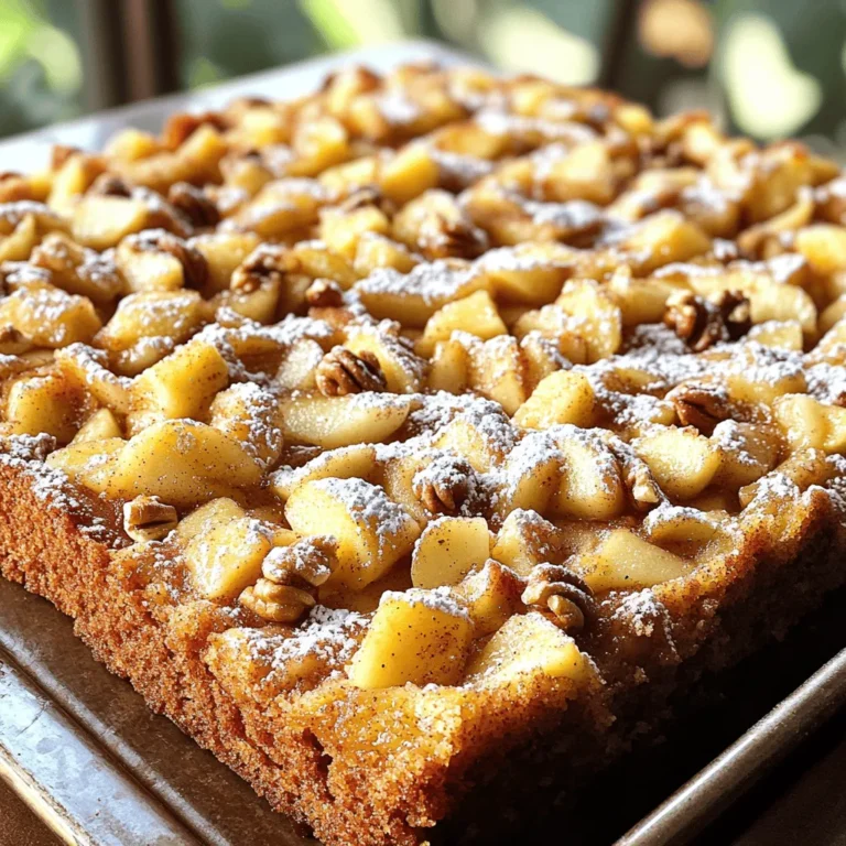 To make the tasty apple cinnamon sheet cake, you will need the following ingredients: - 2 cups all-purpose flour - 1 ½ teaspoons baking powder - 1 teaspoon baking soda - 1 teaspoon ground cinnamon - ½ teaspoon salt - 1 cup granulated sugar - ½ cup brown sugar, packed - ½ cup unsalted butter, softened at room temperature - 2 large eggs, at room temperature - 1 teaspoon pure vanilla extract - 1 cup buttermilk (or milk with vinegar substitution) - 2 cups apples, peeled, cored, and diced - ½ cup chopped walnuts or pecans (optional) - ½ teaspoon freshly grated nutmeg (optional) Using fresh, quality ingredients makes a big difference. I prefer Granny Smith apples for their tartness. They add great flavor and balance to the sweetness of the cake. You can also add nuts for crunch and nutmeg for depth. These options are all about your taste! If you want the full recipe, check the Step-by-Step Instructions section. 1. Preheat oven and prepare the baking pan: First, set your oven to 350°F (175°C). Then, grab a 9x13 inch baking pan. Grease it with butter or non-stick spray. Lightly flour the pan to keep the cake from sticking. 2. Combine dry ingredients in a mixing bowl: In a medium bowl, mix together 2 cups of all-purpose flour, 1 ½ teaspoons of baking powder, 1 teaspoon of baking soda, 1 teaspoon of ground cinnamon, and ½ teaspoon of salt. Whisk well and set it aside. 3. Cream butter and sugars in a separate bowl: Take a large mixing bowl. Cream together ½ cup of softened butter, 1 cup of granulated sugar, and ½ cup of brown sugar. Use an electric mixer on medium speed. Mix until the mixture looks light and fluffy, which takes about 3-4 minutes. 1. Add eggs and vanilla to the butter mixture: Now, add 2 large eggs one at a time. Beat well after each addition. Then, stir in 1 teaspoon of pure vanilla extract until it blends smoothly. 2. Alternate adding dry mixture and buttermilk: Gradually add the dry mixture to the wet mixture. Do this in parts. Start with one-third of the flour mix, then half of the 1 cup of buttermilk. Repeat this, ending with the dry mix. Mix until just combined without overmixing. 3. Fold in apples and nuts (if using): Gently fold in 2 cups of peeled, cored, and diced apples. If you want, add ½ cup of chopped walnuts or pecans for a nice crunch. 1. Pour and spread batter into the pan: Pour the batter into the prepared baking pan. Use a spatula to spread it evenly across the surface. 2. Bake and check for doneness: Place the pan in the oven and bake for 30-35 minutes. To test if it's done, insert a toothpick into the center. If it comes out clean, the cake is ready. You can find the complete process in the Full Recipe. Enjoy making this delightful apple cinnamon sheet cake! For the best results, bake your cake at 350°F (175°C). This temperature helps the cake rise nicely and stay moist. Bake for 30-35 minutes. To check if it's done, insert a toothpick in the center. If it comes out clean, your cake is ready! Choosing the right apples is key. I love using Granny Smith apples. Their tartness adds great flavor to the cake. If you want a sweeter taste, you can try Fuji or Honeycrisp apples instead. If you don’t have buttermilk, you can mix 1 cup of milk with 1 tablespoon of vinegar. Let it sit for 5 minutes. This will give you a great substitute. To serve, cut the cake into squares. A rustic wooden board or a colorful plate works well. For a pretty touch, garnish each slice with a slice of apple or a sprinkle of cinnamon. If you have leftovers, store them in an airtight container. To reheat, simply warm them in the oven for a few minutes. Enjoy every bite! {{image_4}} You can change the flavor of your apple cinnamon sheet cake with a few simple tweaks. Try adding spices like nutmeg or allspice. These spices bring a warm, cozy taste. You can also mix in dried fruits. Think about raisins or cranberries for extra sweetness. Adding citrus zest, like lemon or orange, brightens the cake and adds a fresh twist. Each twist makes the cake unique and fun to eat! If you need gluten-free options, use alternative flours. Almond flour or oat flour works well. They give a nice texture while keeping the cake tasty. For those who are dairy-free, swap buttermilk with almond milk or coconut milk mixed with a splash of vinegar. This keeps the cake moist without any dairy. These options let everyone enjoy the cake, no matter their diet! When it comes to toppings, think about what you love. Cream cheese frosting adds richness. A simple dusting of powdered sugar is classic and easy. You can also drizzle a light icing for a sweet touch. Pair your cake with coffee or tea for a cozy snack time. You can even enjoy it with a scoop of vanilla ice cream. Each serving can be a little different, making it fun to share! To keep your apple cinnamon sheet cake fresh, place it in an airtight container. A glass or plastic container with a tight lid works well. If you do not have one, wrap the cake tightly in plastic wrap. This helps to keep moisture in and air out. The cake stays fresh at room temperature for about three days. Keep it in a cool, dry place, away from sunlight. If you want it to last longer, consider refrigerating it. The cold can help prevent mold and keep it tasty. You can freeze your baked cake if you want to save some for later. First, let the cake cool completely. Wrap it tightly in plastic wrap, then in aluminum foil. This double wrap keeps the cake from getting freezer burn. To thaw your cake, simply move it to the fridge for a few hours or overnight. For a quicker method, leave it on the counter for about an hour. Avoid using the microwave, as it can change the texture. Enjoy your slice of homemade goodness any time! How to make the cake more moist? To make your cake moist, add extra apples or a bit more buttermilk. Apples add natural moisture. You can also try using oil instead of butter. Can I use different types of apples? Yes, you can use different apples. Sweet apples like Fuji or Honeycrisp work well. For a tart taste, stick to Granny Smith apples. Is it possible to make this cake ahead of time? Absolutely! You can bake the cake a day before. Store it in an airtight container at room temperature. This helps the flavors blend. How long does the sheet cake last at room temperature? Your cake stays fresh for about three days at room temperature. If you want it to last longer, store it in the fridge. Can I replace sugar with a sugar substitute? Yes, you can use a sugar substitute. Just check the package for the right amount to use. Some substitutes may change the taste. What can I use instead of buttermilk? If you don't have buttermilk, mix one cup of milk with one tablespoon of vinegar. Let it sit for five minutes. This will create a good substitute. How many servings does the cake yield? The cake yields about twelve servings. You can cut it into squares for easy serving. Suggested portion sizes for serving guests For guests, a square piece about 2x2 inches is perfect. It’s just the right size to enjoy with coffee or tea. In summary, we covered a simple and delicious cake recipe. You gathered all the ingredients, learned the steps for mixing and baking, and discovered tips for the best results. I shared ways to personalize the flavors and options for dietary needs. With storage and freezing methods, your cake stays fresh longer. Remember, baking is fun and a chance to experiment. Enjoy making this cake, and share it with friends and family. Happy baking!