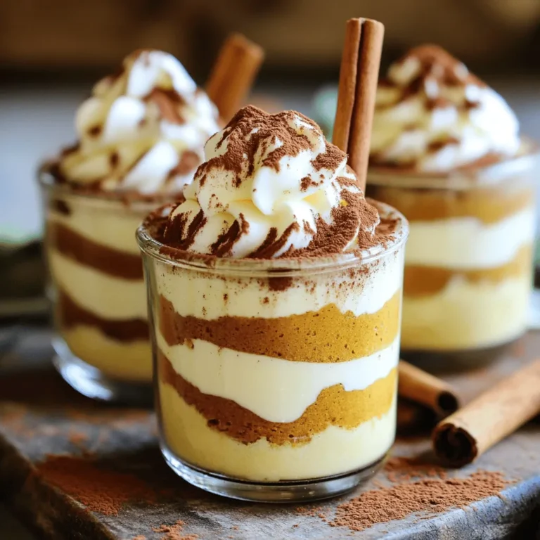 - 1 cup strong brewed coffee (cooled) - 1/2 cup canned pumpkin puree (not pumpkin pie filling) - 1/2 cup mascarpone cheese - 1 cup heavy whipping cream - 1/3 cup powdered sugar (divided) - 1 teaspoon pure vanilla extract - 1 teaspoon pumpkin spice mix - 12 ladyfinger cookies - Unsweetened cocoa powder, for dusting - Whipped cream and cinnamon sticks, for garnish The main ingredients create a rich and creamy dessert. Strong brewed coffee is key. Use canned pumpkin puree, not pie filling. Mascarpone cheese gives a smooth texture. Heavy whipping cream adds lightness and richness. The powdered sugar sweetens without overpowering the flavors. Pure vanilla extract enhances the taste. Pumpkin spice mix brings warmth and fall vibes. Ladyfinger cookies soak up coffee and add structure. Don't forget the cocoa powder for that classic tiramisu finish! The whipped cream and cinnamon sticks add festive flair. - For mascarpone cheese, you can use cream cheese mixed with a bit of sour cream. - If you need non-dairy options, try coconut cream or cashew cream. - For sugar substitutes, consider using honey, agave, or a sugar-free option like stevia. These swaps keep the taste delightful while meeting dietary needs. Each ingredient plays a role in the final dish, so choose wisely. You can still enjoy the flavors you love while making these adjustments. For the full recipe, check the earlier sections. Preparing the coffee mixture Start by brewing strong coffee. Let it cool completely. Pour the coffee into a shallow dish. Add one tablespoon of pumpkin spice mix. Stir well until it blends nicely. Making the pumpkin mixture In a large bowl, mix the canned pumpkin puree, mascarpone cheese, and one-third cup of powdered sugar. Add the pure vanilla extract. Beat this mixture using an electric mixer on medium speed. Aim for a smooth and creamy texture, with no lumps. Whipping the cream In a separate bowl, whip the heavy cream on medium speed. Keep whipping until soft peaks form. Slowly add the remaining two tablespoons of powdered sugar. Increase the speed to high and whip until you see stiff peaks. Be careful not to overbeat. Soaking ladyfingers Quickly dip each ladyfinger into the coffee mixture. Make sure they soak well but do not fall apart. Place the soaked ladyfingers at the bottom of each serving cup. Filling the serving cups Spoon a generous layer of the pumpkin mascarpone mixture over the ladyfingers. Repeat the process by adding another layer of soaked ladyfingers, followed by more pumpkin cream. Finish with the pumpkin cream on top. Ensuring the perfect layer technique When layering, be sure each layer is even. This will help create a beautiful dessert. Make sure the top layer is smooth and even for a nice presentation. Recommended chilling time Cover each cup with plastic wrap or a lid. Refrigerate for at least four hours. This allows the flavors to mix well. Importance of overnight refrigeration For the best taste and texture, chill the cups overnight. This makes the layers set properly and enhances the flavors. Trust me, it will be worth the wait! To whip cream to stiff peaks, start with cold heavy cream. Pour it into a clean bowl. Use an electric mixer on medium speed. As soft peaks form, add powdered sugar. This helps with sweetness and stability. Increase the speed to high. Stop when you see stiff peaks. Be careful not to overbeat. Overbeating makes the cream grainy. Folding is a key step. Use a spatula to gently combine the whipped cream with the pumpkin mixture. Start by adding a small amount of whipped cream to the pumpkin mix. This lightens the mixture. Then, fold in the rest. Use a gentle motion to keep air in the cream. This keeps your dessert fluffy and light. For an appealing look, use clear cups. This shows off the layers. Arrange the cups on a nice platter. Add a sprinkle of pumpkin spice on top. It enhances the flavor and looks festive. Garnish each cup with a dollop of whipped cream. A cinnamon stick adds a charming touch. Pair these cups with a warm drink. A spiced coffee or hot chocolate works great. You can also serve them with cookies or biscotti on the side. These add a nice crunch and complement the soft tiramisu. If your cream separates, don't worry. Start by gently re-whipping it. Use a low speed to combine it back. If it stays separated, you may need to start over with fresh cream. For overly soggy ladyfingers, don’t let them soak too long. Dip them quickly in the coffee mixture. If you find them too soggy after the first try, you can layer them again with a thicker pumpkin mixture. This helps balance the moisture. Remember, practice makes perfect. Enjoy the process of making these delightful cups! {{image_4}} You can change the taste of your Pumpkin Spice Latte Tiramisu Cups by adding layers of chocolate. Just melt some chocolate and mix it into the pumpkin cream. This adds depth and richness to each bite. You can also use different spices or flavors. Try using chai spice mix for a warm twist or even some espresso powder for a bolder coffee taste. These small changes can really enhance your dessert. To make gluten-free versions, use gluten-free ladyfinger cookies. They taste just as good and work well in this recipe. If you want to make vegan alternatives, swap the mascarpone cheese for coconut cream. You can also replace the heavy whipping cream with a plant-based whipped topping. This way, everyone can enjoy this tasty treat. You can also incorporate holiday flavors into your Pumpkin Spice Latte Tiramisu Cups. Add crushed peppermint candies for a festive touch around Christmas. For Thanksgiving, mix in some pecans or walnuts for extra crunch. Adjusting for different occasions can make this dessert even more special. Think about adding a splash of eggnog for a cozy winter vibe or some citrus zest for a refreshing spring taste. To keep your Pumpkin Spice Latte Tiramisu Cups fresh, use airtight containers. Glass jars or plastic containers work well. Make sure they are sealed tightly. This prevents air from drying them out. Store the cups in the fridge. They stay tasty for days. Avoid stacking them to keep the layers pretty. You can freeze tiramisu cups, but they will change a bit. Wrap each cup in plastic wrap and then foil. This helps keep them fresh. To thaw, place them in the fridge overnight. Avoid thawing at room temperature. This keeps the texture nice and creamy. In the fridge, these dessert cups last about four days. After that, the flavors may fade. Watch for signs of spoilage, like an off smell or watery layers. If the cream looks strange, it's best to toss it. Always trust your senses when it comes to food safety. You can make these cups a day in advance. Just assemble them and chill. This lets the flavors blend well. The longer they sit, the better they taste. Make sure to cover them with plastic wrap. This keeps them fresh and prevents drying out. Yes, you can. Any strong brewed coffee works well. Espresso adds a rich flavor. If you prefer, use flavored coffee for a twist. Just remember to let it cool before soaking the ladyfingers. If you don’t have ladyfingers, use sponge cake or biscotti. They can soak up the coffee well. You can also try using graham crackers. Just cut them to fit your cups. Absolutely! Just double or triple the ingredients. Use bigger cups or more cups to serve. Keep the layers even for a nice look. Adjust the chilling time if you make a lot. I do not recommend using pumpkin pie filling. It has added spices and sugar. This can change the flavor of your dessert. Stick to pure pumpkin puree for the best taste in your tiramisu cups. For the full recipe, check the detailed steps. To make Pumpkin Spice Latte Tiramisu Cups, follow these straightforward steps. This recipe blends classic tiramisu with pumpkin spice. The flavors work so well together! 1. Prepare the Coffee Mixture: Start by pouring the cooled brewed coffee into a shallow dish. Add 1 tablespoon of pumpkin spice mix to the coffee. Stir well until both mix completely. This step gives the ladyfingers a rich flavor. 2. Make the Pumpkin Mixture: In a large mixing bowl, combine the pumpkin puree, mascarpone cheese, 1/3 cup of powdered sugar, and vanilla extract. Use an electric mixer to beat the mix on medium speed. Keep going until the mixture is smooth and creamy. You want no lumps here! 3. Whip the Cream: In a separate bowl, whip the heavy cream on medium speed. Watch for soft peaks to form. Gradually add the remaining powdered sugar, about 2 tablespoons. Increase the speed to high and whip until stiff peaks form. Be careful not to overbeat; you want it just right! 4. Combine Mixtures: Now, gently fold the whipped cream into the pumpkin mixture using a spatula. Do this gradually, so the fluffy texture stays intact. Continue until it’s fully mixed and light. 5. Assemble the Cups: Quickly dip each ladyfinger into the coffee mixture. Turn to coat, but don’t let them break apart. Layer the soaked ladyfingers at the bottom of each serving cup. This forms a solid base. 6. Layer the Pumpkin Cream: Spoon a generous layer of the pumpkin mascarpone mixture over the ladyfingers in each cup. Repeat the process, adding another layer of dipped ladyfingers, then more pumpkin cream. Finish with a layer of pumpkin cream on top. 7. Chill: Cover each tiramisu cup with plastic wrap or a lid. Refrigerate for at least 4 hours, or overnight if you can wait. This helps the flavors meld and the layers set. 8. Serve: Just before serving, dust the top with unsweetened cocoa powder for a rich touch. Add a dollop of whipped cream and a cinnamon stick for a festive look. This recipe gives you a delightful dessert that is perfect for sharing or enjoying alone. Each cup brings warmth and joy with every bite! This blog post covered how to make Pumpkin Spice Latte Tiramisu Cups. We explored the main ingredients, substitutions, and step-by-step instructions. You learned tips for achieving the right texture, creative variations, and proper storage. In my view, this dessert is worth trying! Its rich flavors and easy steps make it great for any occasion. With a little practice, you can delight your family and friends with this treat. Enjoy your cooking adventure!