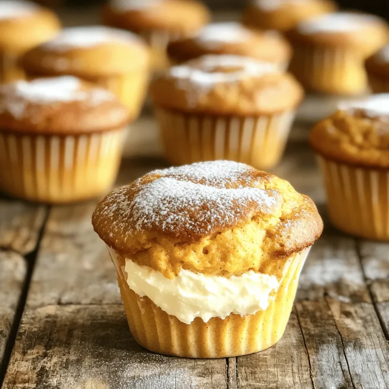 - 1 ½ cups all-purpose flour - 1 teaspoon baking powder - 1 teaspoon baking soda - ½ teaspoon salt - 1 teaspoon ground cinnamon - ½ teaspoon ground nutmeg - ¼ teaspoon ground ginger - ½ cup granulated sugar - ½ cup brown sugar, packed tightly in the cup - 1 cup canned pumpkin puree - ½ cup vegetable oil - 2 large eggs, at room temperature - 1 teaspoon vanilla extract - 8 oz cream cheese, softened to room temperature - ¼ cup powdered sugar - 1 teaspoon vanilla extract When you make these muffins, fresh ingredients are key. Each component plays a role in taste and texture. For the dry ingredients, use quality flour for the perfect base. The spices add warmth and depth. A mix of cinnamon, nutmeg, and ginger makes them special. For the wet ingredients, canned pumpkin gives a rich flavor and moisture. It also keeps the muffins soft. The combination of granulated and brown sugar adds a nice balance of sweetness. The brown sugar gives a slight caramel note, which is delightful. The cream cheese filling is what makes these muffins shine. Softened cream cheese blends well with powdered sugar and vanilla. This mix adds a creamy surprise in every bite. Gather these ingredients, and you're ready to create a fall favorite. For the complete recipe, check out the Full Recipe section. Set your oven to 350°F (175°C). This helps the muffins bake evenly. Prepare your muffin tin by placing paper liners inside. This keeps your muffins from sticking. In a medium bowl, mix the softened cream cheese, powdered sugar, and vanilla. Use a hand mixer or whisk to beat until it is smooth and creamy. Set this aside for later. In a large bowl, combine the flour, baking powder, baking soda, salt, and spices. This includes ground cinnamon, nutmeg, and ginger. Whisk them together until everything is blended well. In another bowl, mix the granulated sugar, brown sugar, pumpkin puree, vegetable oil, eggs, and vanilla. Whisk until the mixture is smooth and there are no lumps. Gradually pour the wet mixture into the bowl of dry ingredients. Using a spatula or wooden spoon, gently stir until just combined. It’s okay if you see a few small lumps. Spoon about one tablespoon of the pumpkin batter into each muffin cup. Fill them one-third full. Take a tablespoon and scoop the cream cheese filling into the center of each muffin cup. Top each filling with more pumpkin batter until each cup is about three-quarters full. Place the muffin tin in your preheated oven. Bake for 18 to 22 minutes. They are done when a toothpick comes out clean from the center of a muffin. After baking, let the muffins cool in the pan for about 5 minutes. Carefully transfer them to a wire rack to cool fully before serving. Enjoy your homemade Starbucks-inspired muffins! To get the best muffin texture, avoid overmixing. When mixing your batter, stir just until everything is combined. A few small lumps are okay. This keeps your muffins light and fluffy. Overmixing can cause the muffins to be dense and tough. Remember, gentle is key! Want to make your muffins even better? Try adding chocolate chips or walnuts. Chocolate adds a nice sweetness, while walnuts give a lovely crunch. Both options add texture and make each bite exciting. You can also play with spices. A dash of allspice or cardamom can bring a unique twist to the flavor. Presentation matters! Once your muffins cool, dust them lightly with powdered sugar. This adds a nice touch and looks great. For an extra treat, serve them with whipped cream cheese on top. It makes each muffin feel more special and indulgent. These small details can impress your family and friends! {{image_4}} If you need a gluten-free version of these muffins, it's simple. Just swap all-purpose flour with a gluten-free blend. Look for a mix that includes xanthan gum. This helps mimic the texture of regular flour. The muffins will still be soft and tasty. Want a vegan twist? You can make these muffins plant-based. Use flax eggs instead of regular eggs. Mix one tablespoon of ground flaxseed with three tablespoons of water per egg. Let it sit until it thickens. Also, choose a plant-based cream cheese alternative for the filling. Your muffins will be just as delicious! Feel free to play with spices. You can add allspice or cardamom for a unique flavor. These spices can bring more warmth to the muffins. Just remember to adjust the amounts to your taste. A little can go a long way! Keep your muffins in an airtight container at room temperature. This helps keep them fresh. Make sure to seal the container well. If they are exposed to air, they can dry out quickly. Enjoy them for up to five days this way. If you want to save some for later, freeze the muffins. Place them in a zip-lock bag. Remove as much air as you can before sealing. These muffins can stay good in the freezer for up to three months. Just label the bag with the date so you’ll know when to eat them. To enjoy your muffins warm, reheat them in the microwave or oven. For the microwave, heat for about 15-20 seconds. If using the oven, preheat it to 350°F (175°C) and warm them for about 5-10 minutes. This will restore their soft texture and delicious flavor. Yes, you can prepare and refrigerate the batter or freeze the muffins for later. This makes it easy to enjoy fresh-baked muffins any time. Just be sure to store them in an airtight container to keep them moist. You can use applesauce or mashed bananas in a pinch. These options will add moisture and sweetness. However, using pumpkin will give you that classic fall flavor. A toothpick inserted in the center should come out clean. If it has wet batter on it, bake the muffins a few more minutes. Keep an eye on them to avoid overbaking. Yes, adjust the baking time to about 10-12 minutes for mini muffins. This makes for cute, bite-sized treats perfect for sharing or snacking. Just remember to check them early to avoid overcooking. Reference for the complete recipe to make Starbucks-Inspired Pumpkin Cream Cheese Muffins. These pumpkin cream cheese muffins are simple to make and delicious. You learned about dry and wet ingredients, plus the cream cheese filling. I shared easy steps and helpful tips to create the perfect muffin. Remember to avoid overmixing for fluffiness and consider fun flavor additions like chocolate chips. Feel free to explore variations, such as gluten-free or vegan options. With proper storage, you can enjoy these tasty muffins at any time. Happy baking and enjoy this cozy treat!
