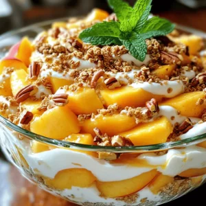 You need 2 cups of fresh peaches. Dice them into bite-sized pieces. Use ripe peaches for the best flavor. Fresh peaches bring a sweet and juicy taste that pairs well with the creaminess of the dish. For this recipe, grab 1 cup of softened cream cheese. It should be at room temperature to mix easily. Also, use ½ cup of Greek yogurt. You can pick plain or vanilla yogurt based on your taste. These ingredients give the salad its creamy texture. You will need ½ cup of sifted powdered sugar. This sweetens the mixture and helps it stay smooth. Use 1 teaspoon of vanilla extract to enhance the flavor. Also, add 1 teaspoon of ground cinnamon for warmth and a hint of spice. Grab 1 cup of granola for crunch. Butter pecan or cinnamon varieties work best. They add flavor and texture to the dish. You can also use ½ cup of chopped pecans if you want extra crunch. Finally, fresh mint leaves make a nice garnish on top. For the full recipe, check the full recipe section above. Start by taking a medium bowl. Add 1 cup of softened cream cheese. Then, mix it with ½ cup of Greek yogurt. Use a hand mixer or a whisk. Beat them together until smooth. Next, add ½ cup of sifted powdered sugar. Mix again until everything blends well. Pour in 1 teaspoon of vanilla extract and 1 teaspoon of ground cinnamon. Stir until the mixture is creamy and fully combined. Now, take 2 cups of diced fresh peaches. Carefully fold them into the cream cheese mixture. Use a spatula for this. Be gentle to keep the peach pieces intact. You want nice, chunky bits for texture. This step adds a fruity burst to every bite. Next, grab your serving bowls or a large trifle dish. Start layering the salad. Begin with a generous layer of the peach cheesecake mixture at the bottom. After that, add a layer of granola, about 1 cup. Ensure it spreads evenly. Repeat these layers, alternating between peach cheesecake and granola. Finish with a top layer of granola for a lovely crunch. Once your layers are complete, cover the dish with plastic wrap. Place it in the refrigerator. Chill for at least 30 minutes. This helps all the flavors blend nicely. Just before serving, garnish with fresh mint leaves. This adds a pop of color and a refreshing touch. Enjoy your Peach Cobbler Cheesecake Salad! For the full recipe, check out the details provided above. When picking peaches, look for ones that are ripe. They should feel slightly soft when you press them. The skin should be smooth and have a vibrant color. Avoid any peaches with bruises or dark spots. These can spoil the salad's flavor. Fresh peaches give your salad a sweet and juicy taste. To get a smooth cream cheese mixture, start with softened cream cheese. You can leave it out for about an hour before you mix it. Use a hand mixer or a whisk to blend it with yogurt. Mix until it is creamy and free of lumps. Adding sifted powdered sugar helps create that dreamy texture. For a stunning look, use clear glass bowls. This lets everyone see the beautiful layers. You can also serve in individual cups for a neat touch. Finish with a sprinkle of granola on top. Add fresh mint leaves for color and a fresh taste. This will make your salad stand out at any gathering. For the full recipe, check the recipe section above. {{image_4}} You can change up the fruit in this salad. Try using ripe strawberries, sweet blueberries, or tangy pineapple. Each fruit will add a unique taste. For a tropical twist, mix in mango or banana slices. These fruits will bring fresh flavors and fun colors to your dish. You can even make a mixed fruit version for more variety. If you want a different crunch, swap the granola. Use crushed cookies, like gingersnaps or vanilla wafers. You can also try toasted oats or even coconut flakes. Each of these options will change the texture and taste. For a nutty crunch, you can add walnuts or almonds. Experiment with these toppings to find your perfect mix. Add extra flavor with different extracts. Besides vanilla, you can use almond or coconut extract. Each will give your salad a new twist. A bit of lemon or orange zest can brighten the flavors too. These enhancements will make your salad even more delicious. Don't be afraid to play with these flavors to match your taste. For the full recipe, check out the Peach Cobbler Cheesecake Salad. To store your Peach Cobbler Cheesecake Salad, place it in an airtight container. Be sure to cover it well to keep it fresh. You can also use plastic wrap to seal the dish. This method helps keep the flavors intact and prevents drying out. If stored properly in the fridge, your salad will stay fresh for about 3 days. I recommend enjoying it within this time for the best flavor and texture. After this period, the peaches may start to get mushy, and the granola can lose its crunch. While I don’t recommend freezing this salad, you can freeze the peach cheesecake mixture separately. To do this, place it in a freezer-safe container. It can last up to 2 months in the freezer. When you're ready to eat, thaw it in the fridge overnight. Then, mix in fresh granola before serving to regain that delightful crunch. Yes, you can use canned peaches. Just make sure to drain them well. Canned peaches can save time and still taste great. However, fresh peaches offer a better texture and flavor. The salad lasts about 2 to 3 days in the fridge. Store it in an airtight container for best results. The flavors will blend, but the granola may soften over time. Yes, you can prepare it a day in advance. Just layer the salad as usual and chill it in the fridge. This allows the flavors to mix and enhances the taste. You can use sour cream or regular yogurt as a substitute. Both will add creaminess. If you want a dairy-free option, try coconut yogurt for a unique twist. Yes, this recipe is gluten-free. Just ensure your granola is labeled gluten-free. Most ingredients are naturally gluten-free, making it a safe choice for those with gluten sensitivities. In this blog post, I shared how to make a tasty Peach Cobbler Cheesecake Salad. We covered key ingredients like fresh peaches, cream cheese, and granola. I gave step-by-step instructions for making this dessert salad. Tips on choosing the best peaches and ideas for presentation were included. Don't forget the variations to switch up flavors. Storing leftovers properly is also essential. This recipe is simple and fun. Enjoy making it fresh or ahead of time for your next gathering!