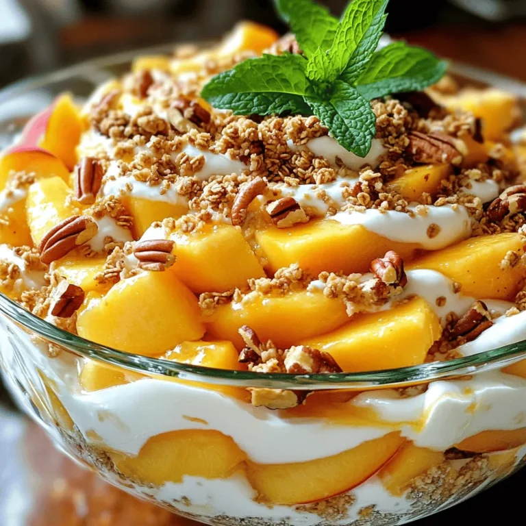 You need 2 cups of fresh peaches. Dice them into bite-sized pieces. Use ripe peaches for the best flavor. Fresh peaches bring a sweet and juicy taste that pairs well with the creaminess of the dish. For this recipe, grab 1 cup of softened cream cheese. It should be at room temperature to mix easily. Also, use ½ cup of Greek yogurt. You can pick plain or vanilla yogurt based on your taste. These ingredients give the salad its creamy texture. You will need ½ cup of sifted powdered sugar. This sweetens the mixture and helps it stay smooth. Use 1 teaspoon of vanilla extract to enhance the flavor. Also, add 1 teaspoon of ground cinnamon for warmth and a hint of spice. Grab 1 cup of granola for crunch. Butter pecan or cinnamon varieties work best. They add flavor and texture to the dish. You can also use ½ cup of chopped pecans if you want extra crunch. Finally, fresh mint leaves make a nice garnish on top. For the full recipe, check the full recipe section above. Start by taking a medium bowl. Add 1 cup of softened cream cheese. Then, mix it with ½ cup of Greek yogurt. Use a hand mixer or a whisk. Beat them together until smooth. Next, add ½ cup of sifted powdered sugar. Mix again until everything blends well. Pour in 1 teaspoon of vanilla extract and 1 teaspoon of ground cinnamon. Stir until the mixture is creamy and fully combined. Now, take 2 cups of diced fresh peaches. Carefully fold them into the cream cheese mixture. Use a spatula for this. Be gentle to keep the peach pieces intact. You want nice, chunky bits for texture. This step adds a fruity burst to every bite. Next, grab your serving bowls or a large trifle dish. Start layering the salad. Begin with a generous layer of the peach cheesecake mixture at the bottom. After that, add a layer of granola, about 1 cup. Ensure it spreads evenly. Repeat these layers, alternating between peach cheesecake and granola. Finish with a top layer of granola for a lovely crunch. Once your layers are complete, cover the dish with plastic wrap. Place it in the refrigerator. Chill for at least 30 minutes. This helps all the flavors blend nicely. Just before serving, garnish with fresh mint leaves. This adds a pop of color and a refreshing touch. Enjoy your Peach Cobbler Cheesecake Salad! For the full recipe, check out the details provided above. When picking peaches, look for ones that are ripe. They should feel slightly soft when you press them. The skin should be smooth and have a vibrant color. Avoid any peaches with bruises or dark spots. These can spoil the salad's flavor. Fresh peaches give your salad a sweet and juicy taste. To get a smooth cream cheese mixture, start with softened cream cheese. You can leave it out for about an hour before you mix it. Use a hand mixer or a whisk to blend it with yogurt. Mix until it is creamy and free of lumps. Adding sifted powdered sugar helps create that dreamy texture. For a stunning look, use clear glass bowls. This lets everyone see the beautiful layers. You can also serve in individual cups for a neat touch. Finish with a sprinkle of granola on top. Add fresh mint leaves for color and a fresh taste. This will make your salad stand out at any gathering. For the full recipe, check the recipe section above. {{image_4}} You can change up the fruit in this salad. Try using ripe strawberries, sweet blueberries, or tangy pineapple. Each fruit will add a unique taste. For a tropical twist, mix in mango or banana slices. These fruits will bring fresh flavors and fun colors to your dish. You can even make a mixed fruit version for more variety. If you want a different crunch, swap the granola. Use crushed cookies, like gingersnaps or vanilla wafers. You can also try toasted oats or even coconut flakes. Each of these options will change the texture and taste. For a nutty crunch, you can add walnuts or almonds. Experiment with these toppings to find your perfect mix. Add extra flavor with different extracts. Besides vanilla, you can use almond or coconut extract. Each will give your salad a new twist. A bit of lemon or orange zest can brighten the flavors too. These enhancements will make your salad even more delicious. Don't be afraid to play with these flavors to match your taste. For the full recipe, check out the Peach Cobbler Cheesecake Salad. To store your Peach Cobbler Cheesecake Salad, place it in an airtight container. Be sure to cover it well to keep it fresh. You can also use plastic wrap to seal the dish. This method helps keep the flavors intact and prevents drying out. If stored properly in the fridge, your salad will stay fresh for about 3 days. I recommend enjoying it within this time for the best flavor and texture. After this period, the peaches may start to get mushy, and the granola can lose its crunch. While I don’t recommend freezing this salad, you can freeze the peach cheesecake mixture separately. To do this, place it in a freezer-safe container. It can last up to 2 months in the freezer. When you're ready to eat, thaw it in the fridge overnight. Then, mix in fresh granola before serving to regain that delightful crunch. Yes, you can use canned peaches. Just make sure to drain them well. Canned peaches can save time and still taste great. However, fresh peaches offer a better texture and flavor. The salad lasts about 2 to 3 days in the fridge. Store it in an airtight container for best results. The flavors will blend, but the granola may soften over time. Yes, you can prepare it a day in advance. Just layer the salad as usual and chill it in the fridge. This allows the flavors to mix and enhances the taste. You can use sour cream or regular yogurt as a substitute. Both will add creaminess. If you want a dairy-free option, try coconut yogurt for a unique twist. Yes, this recipe is gluten-free. Just ensure your granola is labeled gluten-free. Most ingredients are naturally gluten-free, making it a safe choice for those with gluten sensitivities. In this blog post, I shared how to make a tasty Peach Cobbler Cheesecake Salad. We covered key ingredients like fresh peaches, cream cheese, and granola. I gave step-by-step instructions for making this dessert salad. Tips on choosing the best peaches and ideas for presentation were included. Don't forget the variations to switch up flavors. Storing leftovers properly is also essential. This recipe is simple and fun. Enjoy making it fresh or ahead of time for your next gathering!