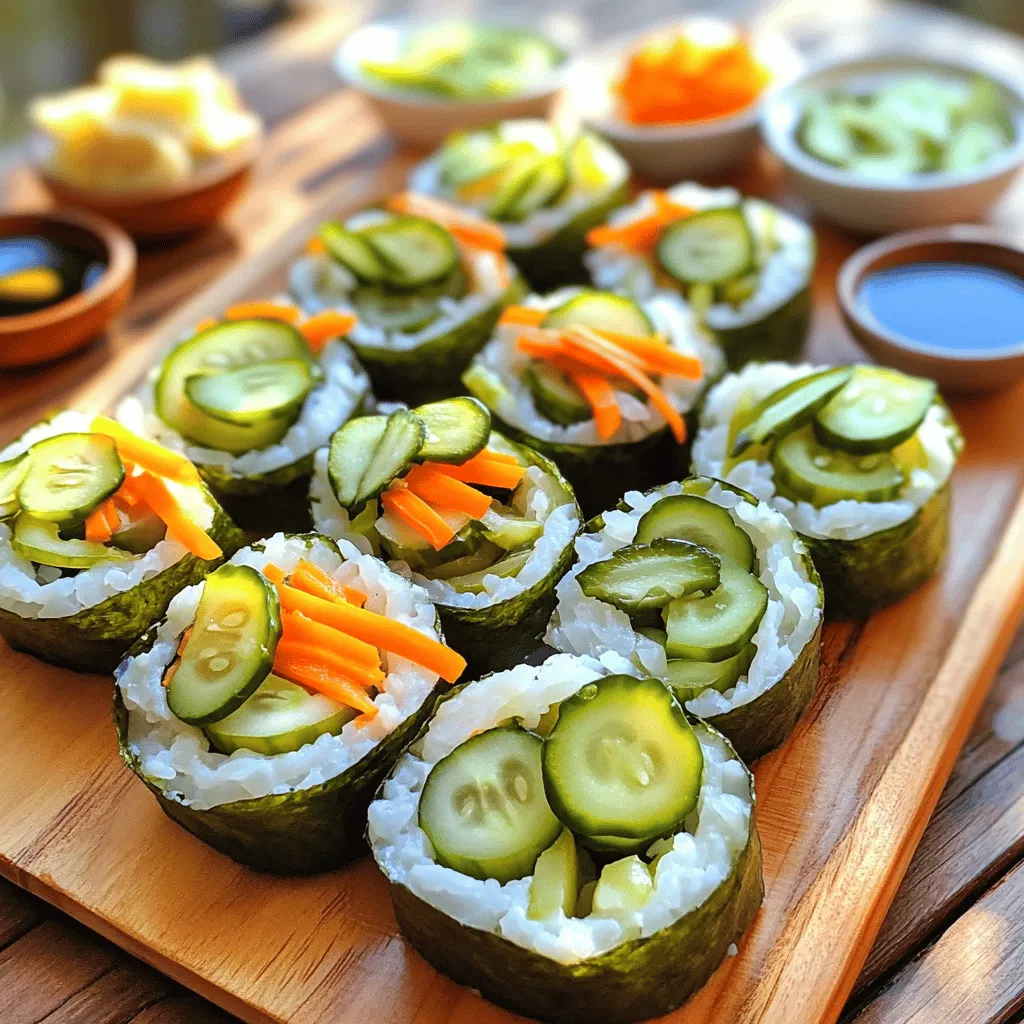 To make pickle sushi rolls, you need the right ingredients. Here’s a list of what you will need: - 1 cup sushi rice - 1 1/4 cups water - 2 tablespoons rice vinegar - 1 tablespoon sugar - 1/2 teaspoon salt - 4-5 large pickles (choose between dill or bread-and-butter) - 4 sheets of nori (seaweed) - 1 medium carrot, julienned - 1 cucumber, julienned - Optional: Cream cheese (for added creaminess) - Optional: Wasabi and soy sauce (for serving) Using fresh ingredients makes a big difference. Sushi rice is sticky and helps hold your rolls together. You can find sushi rice at most grocery stores. Rice vinegar adds a tangy taste, while sugar and salt balance the flavors. Pickles are the star of this dish. I love using dill for a zesty kick, but bread-and-butter pickles add a nice sweetness. Nori sheets are essential, as they wrap everything up. Julienned carrots and cucumbers give you a crunchy texture. They also add color to the rolls. You can use cream cheese for a creamy touch, which many love. For a spicy kick, add wasabi, and don't forget soy sauce for dipping! With these ingredients, you are ready to make delicious pickle sushi rolls. You can check the Full Recipe for detailed steps on how to bring it all together. How to rinse sushi rice Rinsing sushi rice helps make it less sticky. Start by placing the rice in a bowl. Fill it with cold water and stir gently. Drain the water and repeat this process several times. Keep rinsing until the water is clear. Cooking the rice correctly After rinsing, put the rice in a medium pot. Add 1 1/4 cups of water. Bring the water to a boil over high heat. Once it boils, lower the heat and cover the pot. Let it simmer for 18-20 minutes. The rice should be tender and all water absorbed. Ingredients for sushi vinegar You will need rice vinegar, sugar, and salt. This mix gives sushi rice its special taste. Mixing the vinegar, salt, and sugar In a small bowl, combine 2 tablespoons of rice vinegar, 1 tablespoon of sugar, and 1/2 teaspoon of salt. Stir until everything dissolves. This will become your sushi vinegar. Preparing the fillings Slice your pickles, carrot, and cucumber into thin strips. If you like cream cheese, spread it across the nori. This adds a nice creaminess to your rolls. Rolling techniques and tips Lay a sheet of nori on a bamboo mat. Wet your hands to prevent the rice from sticking. Take about 1/2 cup of sushi rice and spread it evenly on the nori. Leave 1 inch of space at the top. Slicing the rolls effectively Add your fillings across the rice-covered nori. Start rolling from the edge closest to you. Use the bamboo mat to help you roll tightly. When you reach the top, use a little water to seal it. To slice, use a very sharp knife. Dip it in water between cuts for clean slices. Enjoy your sushi! For the full recipe, check out the complete guide. To make great sushi, you must rinse the rice. Rinsing helps remove excess starch. This is key for a fluffy texture. After rinsing, cook the sushi rice in water. Once cooked, let it cool down properly. Spread it out in a bowl to cool evenly. This helps keep the rice grains separate. Cream cheese adds a nice touch to your rolls. It gives a bit of creaminess that blends well with pickles. You can also try dipping sauces. Soy sauce and wasabi work great. These add depth to the flavor of your rolls. You will need some basic tools for making sushi. A bamboo mat is very helpful for rolling. If you don’t have one, use a clean, flat surface. A sharp knife is also important for slicing your rolls. It helps make clean cuts for nice-looking pieces. {{image_4}} You can choose from many pickle types for your sushi rolls. Dill pickles are popular for their strong, tangy flavor. They add a nice crunch and zest to the rolls. Bread-and-butter pickles are sweeter and milder. They can give your sushi a unique twist. You can also try other varieties like spicy pickles or garlic pickles. Each will change the taste and make your rolls interesting. Want to make your pickle sushi rolls even better? Add more fillings for extra flavor and crunch. You can use vegetables like bell peppers or radishes. These will add color and texture. For protein, consider adding shrimp or crab. These options give a nice contrast to the pickles. You can even mix and match to find your favorite combination. Seasoning your sushi can change everything. Try unique sushi vinegar recipes. You can mix in some sesame oil for a nutty flavor or add a bit of chili sauce for heat. Alternative toppings can also make a difference. Consider using spicy mayo or a drizzle of teriyaki sauce. These little tweaks can make your pickle sushi rolls truly special. For the full recipe, check out the instructions above. To keep your sushi rolls fresh, wrap them well. Use plastic wrap to cover each roll tightly. This keeps moisture in and air out. Place the wrapped rolls in an airtight container. Store them in the fridge. For best results, eat leftover rolls within 24 hours. After that, the rice may dry out or get hard. If you want to freeze sushi rolls, first wrap them tightly in plastic wrap. Then, place them in a freezer bag. Make sure to remove excess air. This helps prevent freezer burn. To defrost, move the rolls from the freezer to the fridge. Let them thaw overnight. Never microwave sushi rolls, as this ruins their texture. For the best taste, eat sushi rolls within 24 hours of making them. After this time, they may lose flavor and texture. Signs your sushi is no longer good include an off smell or slimy texture. If you see any mold, throw it away. Always trust your senses when it comes to food safety. For the complete recipe, check the Full Recipe section. Pickle sushi rolls are a fun twist on traditional sushi. They use sushi rice and nori. Instead of raw fish, these rolls feature pickles as the main filling. You can choose dill or bread-and-butter pickles based on your taste. The flavors are tangy from the pickles and slightly sweet from the rice. The combination is crunchy, fresh, and satisfying. You get a unique blend of flavors in each bite. Yes, you can use other types of rice. While sushi rice is best, you can try jasmine or short-grain rice. Just remember that these types may change the texture. Rinse the rice well, just like sushi rice. This helps to remove extra starch. You still want a sticky texture to hold the rolls together. You can find pickle sushi rolls at some sushi restaurants. Look for places that offer unique rolls. Local grocery stores may also have them in the deli section. If you're feeling adventurous, you can even make them at home using the full recipe. It’s a fun way to impress your friends! Pickle sushi rolls stay fresh for about one day in the fridge. Keep them in an airtight container. This helps to prevent them from drying out. If you notice any off smells or changes in texture, it's best to discard them. Always trust your senses for safety! Pickle sushi rolls combine fun flavors and easy steps for a tasty treat. We covered the ingredients, from sushi rice to pickles, and how to assemble them. I shared tips for perfecting your rolls and even explored variations to try. Remember, customizing your rolls can lead to exciting new tastes. Store your sushi properly to enjoy it later. Now, you have all the tools to make delicious pickle sushi rolls at home. Enjoy your cooking and the tasty results!