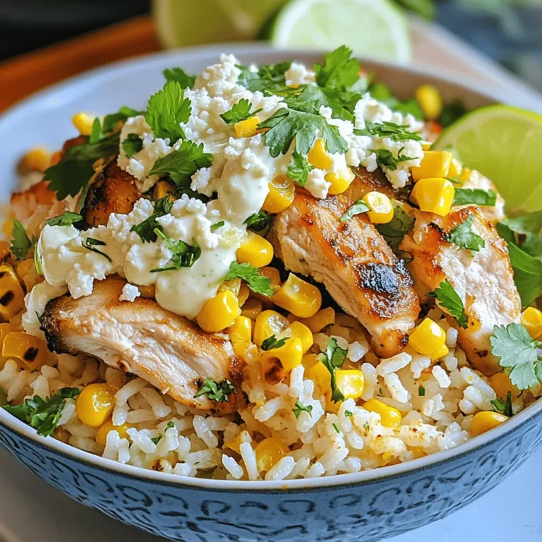 - 1 cup jasmine rice - 2 cups water or chicken broth - 1 pound boneless, skinless chicken thighs - 2 cups corn kernels - 1/2 cup cotija cheese - 1 tablespoon olive oil - 1 teaspoon smoked paprika - 1 teaspoon garlic powder - 1 teaspoon ground cumin - Salt and pepper to taste - 1/4 cup mayonnaise - 1 tablespoon fresh lime juice - 1/4 cup fresh cilantro - Lime wedges - Hot sauce For this Street Corn Chicken Rice Bowl, I focus on vibrant flavors. The main ingredients create a lovely base. Jasmine rice gives a soft and fragrant touch. Chicken thighs add a juicy element. Corn kernels bring a sweet crunch, while cotija cheese adds a salty finish. In the seasoning and sauce section, I use simple spices. Smoked paprika gives a warm flavor. Garlic powder adds depth. Ground cumin provides a nice earthiness. The olive oil ensures everything cooks well. Lime juice and mayonnaise create a creamy, tangy sauce. Optional garnishes like fresh cilantro brighten the dish. Lime wedges allow you to add fresh zest. Hot sauce can give it a spicy kick, if you like. With these ingredients, you get the rich taste of street corn in every bite. You can find the full recipe to explore all the details. Enjoy cooking! 1. Start with a medium saucepan. Pour in 2 cups of water or chicken broth. Bring it to a rolling boil. 2. Stir in 1 cup of jasmine rice. Reduce the heat to low and cover the pot. Let it simmer for 15 to 18 minutes. The rice will become tender and absorb the liquid. 3. After cooking, remove the pot from heat. Use a fork to fluff the rice gently. This step makes the rice light and fluffy, ready for the bowl. 1. Heat 1 tablespoon of olive oil in a large skillet over medium-high heat. 2. While the oil warms, season the diced chicken thighs with smoked paprika, garlic powder, ground cumin, salt, and pepper. 3. Add the seasoned chicken to the hot skillet. Cook for about 5 to 7 minutes. Stir often until the chicken turns golden brown and is fully cooked. Make sure there’s no pink inside. 1. In a separate pan, add 2 cups of corn kernels. If using fresh corn, cook over medium heat for about 3 to 4 minutes. Stir occasionally until the corn is tender. 2. For the sauce, mix 1/4 cup of mayonnaise with 1 tablespoon of fresh lime juice in a small bowl. Stir until smooth. Taste it and add more lime juice if you want it tangier. 1. Start by spooning a generous layer of cooked jasmine rice into each bowl. 2. Next, top the rice with the sautéed chicken. Then add a hearty portion of the tender corn on top. 3. Drizzle the lime mayonnaise over the bowl. Sprinkle crumbled cotija cheese on top, followed by chopped cilantro. You can find the full recipe at the beginning of this article. Enjoy each bite of this flavorful street corn chicken rice bowl! To avoid sticky rice, rinse the jasmine rice well before cooking. This step removes excess starch. Use a fine mesh strainer for best results. Also, let the rice rest after cooking. Fluff it gently with a fork for a light texture. If you want to try something different, consider using basmati or brown rice. Basmati adds a fragrant touch, while brown rice boosts fiber. Both options work well with this dish. The best cooking methods for chicken include grilling, baking, or sautéing. Grilling gives a nice char. Baking is hands-off and great for juicy results. Sautéing is quick and adds a lovely browning. For seasoning, marinate the chicken for at least 30 minutes. Use the spices from the recipe: smoked paprika, garlic powder, and cumin. This blend adds depth. You can also add lime juice to the marinade for a zesty kick. To lighten up the sauce, swap mayonnaise for Greek yogurt. It keeps the creaminess while cutting calories. You can also mix in avocado for a smooth texture. For extra flavor, add minced garlic or a splash of hot sauce to the sauce. Fresh herbs like cilantro or parsley can also brighten the taste. These changes can make your bowl unique and exciting. For the full recipe, check the link above. {{image_4}} You can make this dish vegetarian by swapping chicken for tofu or beans. Tofu works well when you press it to remove excess water. Cut it into cubes and marinate it in the same spices. Cook until golden brown for a tasty texture. Alternatively, use black beans or chickpeas for extra protein. They add creaminess and flavor without meat. Jasmine rice is great, but you can try other grains too. Quinoa is a protein-packed option that cooks fast. Farro gives a nutty taste and chewy texture. Brown rice is a heartier choice with more fiber. Each grain adds a unique flavor and makes your bowl more interesting. To change up the flavor, add spices or sauces. Try chili powder for heat or cumin for warmth. You can also drizzle with sriracha or a tangy vinaigrette. For a Mediterranean twist, add olives and feta cheese. Each option lets you explore different tastes and styles, making your meal more exciting. You can find the full recipe in the previous section. To keep your Street Corn Chicken Rice Bowl fresh, store leftovers in the fridge. Place the food in airtight containers. This helps keep out air and moisture. It’s best to eat leftovers within three days for the best taste. When reheating, avoid drying out your meal. The best method is to use the microwave. Place the bowl in the microwave and cover it with a damp paper towel. Heat in short bursts, stirring in between. This keeps the rice and chicken moist. You can also use a skillet on low heat. Add a splash of water and cover to steam while warming. You can freeze parts of this dish for later use. Freeze the chicken and corn separately from the rice. Use freezer-safe bags or containers. Label them with the date. When you’re ready to eat, thaw overnight in the fridge. Reheat as mentioned above. This way, you can enjoy your tasty meal anytime! For the full recipe, check out the earlier section. Street corn is a popular Mexican street food. It features grilled corn on the cob. Vendors often coat the corn with creamy sauce, lime juice, and cheese. The dish usually includes cotija cheese, which is salty and crumbly. Spices like chili powder or paprika add a kick. You can find street corn at fairs, streets, and markets. Yes, you can prep this dish ahead. Cook the rice, chicken, and corn in advance. Store them in separate containers in the fridge. You can also mix the lime mayonnaise ahead of time. When ready to serve, just reheat everything. This makes meal time quick and easy. To change the spice level, you have many options. For less heat, skip the hot sauce or reduce the chili powder. If you like it spicy, add more chili powder or cayenne. You can also toss in diced jalapeños for extra heat. Adjust the spice to fit your taste. This blog post covers a delicious rice bowl with key ingredients and easy steps. You learned how to cook jasmine rice, sauté chicken, and prepare a zesty sauce. We also explored tips for perfecting your meal and tasty variations. Remember, you can customize the bowl to fit your taste. Enjoy experimenting with different flavors! Whether you stick to chicken or try a vegetarian option, this dish is sure to please. Happy cooking!