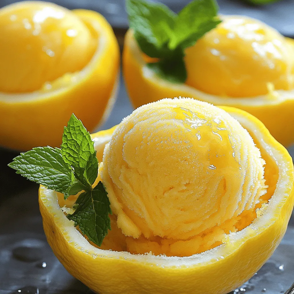 To make this refreshing treat, you need: - 4 large lemons (to create the shells) - 1 cup water - 1 cup granulated sugar - 1 cup freshly squeezed lemon juice (about 4-5 lemons) - 1 tablespoon lemon zest - A pinch of salt These ingredients come together to create a tart and sweet sorbet that sings of summer. The lemon shells are fun to make and serve the sorbet. You need: - 4 large lemons Use these lemons to form the perfect cups for your sorbet. For added flair, consider these garnishes: - Fresh mint leaves Mint adds a bright touch and enhances the look of your dessert. It’s simple but makes a big impact! With these ingredients, you are all set to create a delicious Lemon Sorbet in Lemon Shells. Check out the Full Recipe for step-by-step details! To make the lemon shells, I start by slicing the tops off the large lemons. This creates a lid for each shell. I use a small spoon to scoop out the pulp, but I leave a thin layer of lemon flesh. This keeps the shell intact. I set the hollowed lemon halves aside for later. I squeeze the juice from the pulp into a measuring cup, removing any seeds. This juice will go into the sorbet. Next, I make a simple syrup. I take a small saucepan and combine one cup of water with one cup of granulated sugar. I heat this over medium heat, stirring gently until the sugar dissolves. Once it reaches a gentle simmer, I remove the pan from the heat. I let it cool down to room temperature. Now it’s time to mix everything. In a medium-sized bowl, I combine the cooled simple syrup with one cup of freshly squeezed lemon juice, lemon zest, and a pinch of salt. I stir well to blend the flavors. Then, I cover the bowl with plastic wrap and place it in the fridge for about an hour. This chilling step is key for great sorbet. After chilling, I pour the mixture into my ice cream maker. I churn it according to the manufacturer’s instructions until it has a soft-serve texture. If I don’t have an ice cream maker, I pour the mixture into a shallow dish and place it in the freezer. I stir it every 30 minutes until it reaches the right consistency, which takes about 3-4 hours. Once the sorbet is ready, I carefully fill each lemon shell with it, packing gently for a neat look. I place the filled shells in the freezer for about 30 minutes to firm them up. Finally, I add a mint leaf on top for a touch of color before serving this refreshing summer treat! To get the best texture in your lemon sorbet, start with cold ingredients. Use fresh lemon juice and chill your simple syrup well. This helps the sorbet freeze evenly. If you want a smoother texture, churn the mixture longer. You can also add a touch of vodka to help keep it soft. This tip works great if you want a creamy feel without making it too hard. Here are some tools that make this process easier: - Ice cream maker (or shallow dish if you don’t have one) - Measuring cups and spoons - Small saucepan - Mixing bowl - Spoon or ice cream scoop - Plastic wrap Having these tools ready makes your sorbet prep quick and fun. Presentation is key! Serve the sorbet in the lemon shells for a fun look. You can place the shells on a plate with fresh mint leaves for color. Add some zest on top for extra flair. If you want to be creative, try drizzling a bit of honey or a berry sauce around the plate. This makes your treat even more appealing! For the full recipe, check the section above. {{image_4}} You can easily add flavors to your lemon sorbet. Try mixing in fresh fruits like berries or mangoes. You can also add herbs such as basil or rosemary for a unique twist. Another option is to use flavored extracts like vanilla or almond. Just be sure to keep the balance between the lemon and the added flavors. This keeps the refreshing taste while giving your sorbet a fun flair. While lemon shells are classic, you can use other fruits for serving too. Oranges, limes, or even grapefruit make great cups for sorbet. They add color and flavor, making your dish more exciting. Each fruit shell brings its own taste, so feel free to experiment. Just remember to scoop out the insides gently, keeping the shells intact for filling. If you want a vegan or sugar-free lemon sorbet, you have options. For a vegan version, replace the granulated sugar with agave syrup or maple syrup. These sweeteners work well and keep it plant-based. If you need a sugar-free option, use a sugar substitute like stevia or erythritol. The taste may change slightly, but it can still be delicious. Always taste as you go to find the flavor you love. For the complete recipe, check the Full Recipe section. To keep your lemon sorbet fresh, store it in an airtight container. I recommend using a shallow dish for better freezing. This helps the sorbet freeze evenly. Make sure to cover it tightly with plastic wrap or a lid. This protects the sorbet from freezer burn. If you used lemon shells, keep them in the fridge until you are ready to serve. If your sorbet melts, you can refreeze it. First, stir it gently to break up any ice crystals. Pour it back into the ice cream maker if you have one. Churn it again for a smooth texture. If not, place it back in a shallow dish and freeze. Stir it every 30 minutes until it reaches the right consistency again. Homemade lemon sorbet lasts about two weeks in the freezer. After that, it may develop ice crystals and lose flavor. To enjoy the best taste, consume it within one week. Always check for any off smells or changes in texture before serving. This way, you ensure a delightful experience every time you indulge in this refreshing treat. To hollow out lemons, first cut off the tops. This creates a lid. Use a small spoon or a melon baller to scoop out the insides. Be gentle to keep the shell intact. Leave a thin layer of lemon flesh. This will hold the sorbet later. Make sure to squeeze out the juice from the insides as you scoop. You will need this juice for the sorbet. Yes, you can make Lemon Sorbet without an ice cream maker. Start by mixing your ingredients as usual. Pour this mixture into a shallow dish. Place it in the freezer. Every 30 minutes, take it out and stir it with a fork. This will break up the ice crystals. Keep doing this for about 3 to 4 hours. You will have a smooth sorbet by the end. To prevent ice crystals, use a simple syrup. This is made by dissolving sugar in water. A higher sugar content helps keep the sorbet smooth. Mix the syrup well with the lemon juice. Churn the mixture well if using an ice cream maker. If not, stir it every half hour while it freezes. This breaks up any ice crystals that form. These tips ensure you enjoy a creamy texture in your lemon sorbet. For the full recipe, check out the section above. Lemon sorbet is a simple and fun treat. We covered the main ingredients, including shells and garnishes. I shared steps for making the sorbet, from preparing lemon shells to churning. You learned tips for the best texture, tools, and serving ideas. We also explored flavor variations, storage methods, and answers to common questions. Enjoy making your sorbet and sharing it with friends. It’s a delicious way to cool off!