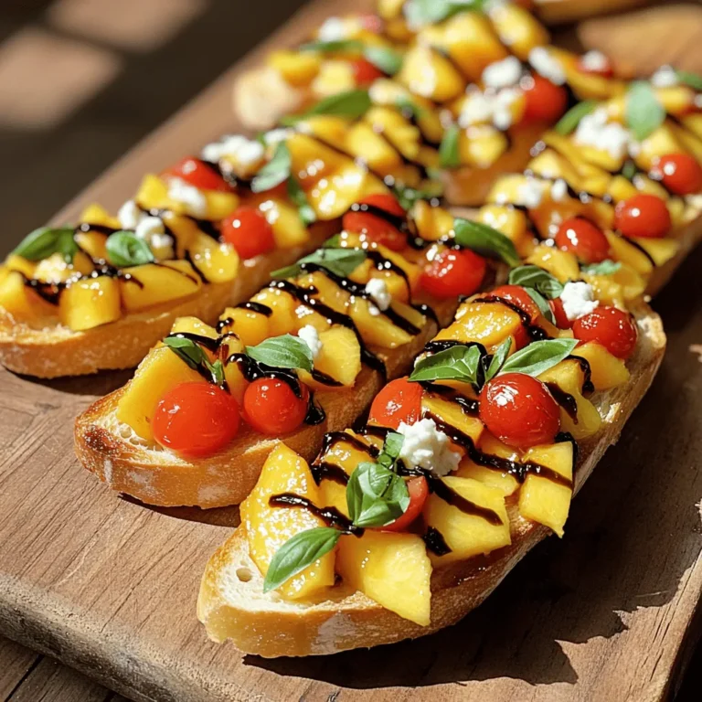 - Fresh peaches - Cherry tomatoes - Fresh basil - Balsamic glaze - Olive oil - Garlic - French baguette - Salt and pepper - Optional: Goat cheese or ricotta For this recipe, you will need: - 4 ripe peaches, diced - 1 cup cherry tomatoes, diced - 1/4 cup fresh basil, chopped - 1 tablespoon balsamic glaze - 1 tablespoon olive oil (plus extra for drizzling) - 1 clove garlic, minced - 1 French baguette, sliced into 1/2-inch pieces - Salt and pepper to taste - Optional: Goat cheese or ricotta for a creamy topping When choosing peaches, look for ones that are firm but yield slightly when pressed. The color should be rich and vibrant, indicating ripeness. Smell the fruit; ripe peaches have a sweet aroma. If you want to switch things up, try using mint or cilantro instead of basil. You can also swap the goat cheese for feta or even a creamy ricotta. This adds a fun twist while keeping the dish light and fresh! 1. First, preheat your oven to 400°F (200°C). This helps the bread toast perfectly. 2. In a medium bowl, mix together the diced peaches, cherry tomatoes, chopped basil, minced garlic, balsamic glaze, and olive oil. Toss gently to coat without bruising the peaches. Add salt and pepper to taste for extra flavor. 1. Take your sliced baguette and place the pieces flat on a baking sheet. 2. Drizzle a little olive oil over each slice. This will help them crisp up nicely. 3. Place the baking sheet in the oven and toast for about 5-7 minutes. Watch closely until the bread is golden brown and crisp. 1. Once the bread is toasted, let it cool for a minute. This makes it easier to handle. 2. Use a spoon to add the peach and tomato mixture on top of each slice. Make sure each piece gets a good amount of topping. 3. For a creamy touch, add goat cheese or ricotta on top. This makes the flavors blend beautifully. Enjoy your fresh peach bruschetta right away! For the full recipe, check out the detailed steps earlier. How to choose the best peaches To pick ripe peaches, look for ones that are firm but slightly soft. Their skin should glow with a bright yellow or golden hue. Avoid peaches with bruises or dark spots. Smell the peach; a sweet aroma means it is ready to eat. Recommended seasoning enhancements To elevate the flavor, try adding a pinch of cinnamon or nutmeg. A squeeze of fresh lemon juice brightens the dish. If you like spice, a dash of red pepper flakes adds a nice kick. Fresh herbs like mint or thyme can also bring new flavors to your bruschetta. Essential tools for preparation You will need a sharp knife for dicing. A cutting board helps keep your kitchen tidy. Use a medium mixing bowl for your peach mixture. A baking sheet is essential for toasting your baguette slices. Options for serving and presentation Choose a colorful platter to make your bruschetta pop. Small serving spoons can help with topping. You can arrange fresh basil leaves on the platter for a vibrant look. Creative plating ideas Stack the bruschetta in a pyramid for height. Place them in a circle around a bowl of balsamic glaze for dipping. You can also layer them with different toppings for variety. Garnishing techniques for visual appeal Sprinkle chopped basil or microgreens on top. A light drizzle of balsamic glaze adds shine. You can even add edible flowers for a stunning finish. {{image_4}} You can change up the toppings for your Fresh Peach Bruschetta. Here are some fun ideas: - Feta cheese: Crumble it on top for a salty kick. - Avocado: Spread it on the bread for creaminess. - Arugula: Add a handful for a peppery flavor. For seasonal changes, consider using: - Strawberries in spring for a sweet twist. - Roasted corn in summer for a crunchy texture. - Pumpkin in fall for a cozy flavor. To make this dish vegan, skip the cheese or use a plant-based option. You can also make it gluten-free by using gluten-free bread. Here are some lower-calorie ideas: - Use less olive oil when toasting the bread. - Swap in low-fat cheese if you want a creamy touch. Spices and herbs can really boost the flavor. Here are some options: - Cinnamon: A pinch can add warmth to your peaches. - Chili flakes: Add these for a spicy kick. - Mint: Swap basil for mint for a fresh twist. You can mix and match these ideas. Get creative and make your Fresh Peach Bruschetta unique! To keep your bruschetta fresh, store it in an airtight container. This prevents moisture loss and keeps the flavors intact. You can keep the bruschetta in the fridge for up to two days. If you have any leftover toppings, store them separately from the bread. This way, the bread stays crispy. When reheating toasted bread, use the oven instead of the microwave. Preheat the oven to 350°F (175°C). Place the bread on a baking sheet and heat for about 5 minutes. This keeps the bread crunchy. Always store the toppings in the fridge and add them after reheating the bread. This helps maintain the fresh taste. For the best taste, serve leftover bruschetta quickly. You can add fresh basil or a drizzle of balsamic glaze to enhance the flavor. If you want to repurpose the ingredients, try mixing them into a salad or topping grilled chicken. This adds a delightful twist and avoids waste. To make Fresh Peach Bruschetta, start by gathering your ingredients. You need ripe peaches, cherry tomatoes, fresh basil, balsamic glaze, olive oil, garlic, and a French baguette. 1. Preheat your oven to 400°F (200°C). 2. Dice the peaches and cherry tomatoes. Chop the basil and mince the garlic. 3. In a bowl, mix peaches, tomatoes, basil, garlic, balsamic glaze, and olive oil. Add salt and pepper to taste. 4. Slice the baguette and lay the pieces on a baking sheet. Drizzle olive oil on top. 5. Toast the bread for 5-7 minutes until golden brown. 6. Spoon the peach mixture onto the toasted bread. 7. Top with goat cheese or ricotta if you like. This method makes a delicious and fresh appetizer. Check out the Full Recipe for all the details! Yes, you can use canned peaches. However, fresh peaches bring a better taste and texture. Canned peaches often have added sugar and syrup, which can make the bruschetta too sweet. Fresh peaches are crunchy and juicy, adding vibrant flavor. If you use canned peaches, rinse them to reduce sweetness. Peach bruschetta pairs well with many dishes. Try serving it with a light salad or grilled chicken for a complete meal. You can also enjoy it with a glass of white wine or sparkling water. The light flavors of bruschetta blend nicely with these options. Fresh Peach Bruschetta is best enjoyed right away. If you need to store it, keep the topping and bread separate. The topping lasts about 2 days in the fridge. Toasted bread can stay fresh for up to 3 days. To keep the bread crispy, store it in a paper bag, not plastic. In this blog post, I covered how to make delicious fresh peach bruschetta. We discussed key ingredients like ripe peaches, cherry tomatoes, and fresh basil. I shared step-by-step instructions for preparation, toasting, and assembly. You now have tips for perfecting your dish and ideas for variations, storage, and serving. Fresh peach bruschetta is easy and fun to prepare. Experiment with your favorite flavors and enjoy!