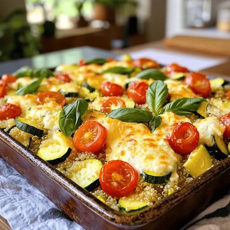 Here are the fresh ingredients you'll need for a bright and tasty Summer Zucchini Quinoa Casserole: - 1 cup quinoa, thoroughly rinsed and drained - 2 medium zucchinis, diced into small cubes - 1 cup cherry tomatoes, halved - 1 red or yellow bell pepper, chopped into bite-sized pieces - 1 small onion, finely diced - 3 cloves of garlic, minced - 2 cups vegetable broth - 1 teaspoon dried oregano - 1 teaspoon dried basil - Salt and freshly ground black pepper to taste - 1 cup shredded mozzarella cheese (optional for a cheesy topping) - 1 tablespoon olive oil - Fresh basil leaves for garnish Each ingredient plays a role in making this dish flavorful. The quinoa serves as a hearty base. Zucchini adds a nice texture and a hint of sweetness. Cherry tomatoes and bell peppers bring bright flavors and color. Onion and garlic add depth, while herbs like oregano and basil elevate the overall taste. This Summer Zucchini Quinoa Casserole is not just about taste. It is also about health. Quinoa is a great source of protein. Zucchini is low in calories but rich in vitamins. Together, they make a satisfying meal that feels good to eat. You can find the full recipe [here](#Full Recipe) to guide you through each step. - Preheat your oven to 375°F (190°C). - Rinse and prepare the quinoa and vegetables. To start, turn on your oven and set it to 375°F (190°C). This step ensures your oven is hot and ready when it’s time to bake. While it heats, take one cup of quinoa and rinse it under cool water. This helps remove any bitterness. Next, chop your zucchinis and bell pepper. Dice the zucchini into small cubes and chop the bell pepper into bite-sized pieces. Don’t forget to finely dice one small onion and mince three cloves of garlic. - Sauté onion and garlic in olive oil until translucent. - Add zucchini and bell pepper, cooking until softened. Next, grab a medium saucepan. Add one tablespoon of olive oil and heat it over medium. Once the oil is warm, toss in your diced onion and minced garlic. Stir them for about 3-4 minutes. You want the onion to turn translucent and smell great. After that, add the diced zucchini and chopped bell pepper. Cook these veggies for around 5 minutes, stirring often. They should soften but still have a little crunch. - Mix in quinoa, cherry tomatoes, broth, and seasonings. - Transfer to a casserole dish and bake for 20-25 minutes. Now comes the fun part! Mix in your rinsed quinoa, one cup of halved cherry tomatoes, and two cups of vegetable broth into the pan. Add one teaspoon of dried oregano, one teaspoon of dried basil, and sprinkle salt and pepper to taste. Stir everything well to combine. Bring this mix to a gentle boil. Once it bubbles, reduce the heat to low, cover the pan, and let it simmer for 15 minutes. This allows the quinoa to absorb the broth. Once done, transfer the mixture into a lightly greased 9x13 inch casserole dish. If you love cheese, sprinkle one cup of shredded mozzarella on top. Place the dish in your preheated oven and bake for 20-25 minutes. You’ll know it’s ready when it bubbles and the cheese is golden brown. To make fluffy quinoa, rinse it well before cooking. This removes the bitter coating called saponin. Use two cups of vegetable broth for one cup of quinoa. Bring it to a boil, then lower the heat and cover. Let it simmer for 15 minutes. After cooking, let it rest for five minutes before fluffing with a fork. This will keep it light and airy. For the vegetables, sauté onion and garlic first in olive oil. Cook them until they are soft and fragrant. Then add zucchini and bell pepper. Stir them for about five minutes until they soften. This builds a great flavor base for your casserole. To elevate the dish, try adding a pinch of red pepper flakes for heat. Fresh herbs like thyme or parsley can add brightness. You can also swap out the dried oregano and basil for fresh herbs. Fresh herbs bring a stronger flavor. If you want to change ingredients, use brown rice instead of quinoa. You can also add cooked beans for a protein boost. For a creamier texture, mix in some ricotta cheese or yogurt before baking. Pair the casserole with a light side salad or some crusty bread. A fresh garden salad with lemon vinaigrette works well. It adds a nice contrast to the warm casserole. For gatherings, serve the casserole directly from the dish. Garnish with fresh basil leaves to make it look inviting. You can also sprinkle some extra cheese on top just before serving for a melty touch. {{image_4}} You can easily change the vegetables in this casserole. Try using bell peppers, spinach, or even eggplant. These swaps keep the dish vibrant and fresh throughout the summer. You can also mix in seasonal veggies like corn or cherry tomatoes for a burst of flavor. If you need a quinoa substitute, consider using brown rice or farro. These grains add a nice texture and flavor. Other options include couscous or even cauliflower rice for a low-carb choice. To make this casserole vegan, simply skip the cheese or use a plant-based cheese. You'll still get a creamy texture from the cooked veggies and broth. For a gluten-free option, use certified gluten-free quinoa. This way, everyone can enjoy the dish. If you're looking to cut calories, reduce the olive oil or skip the cheese. You can also use less quinoa and bulk up with more veggies. This keeps the dish light, tasty, and full of nutrients. Each of these variations allows you to enjoy this Summer Zucchini Quinoa Casserole in your own way. For the full recipe, check out the detailed instructions above. To keep your summer zucchini quinoa casserole fresh, first let it cool. Once cool, store it in an airtight container. You can refrigerate it for up to five days. If you want to save it for later, freeze it. Use a freezer-safe container or heavy-duty freezer bags. This way, it can last for up to three months. Remember to label the container with the date. This helps you track how long it has been stored. When you want to enjoy the casserole again, reheating is easy. For the best texture, use an oven. Preheat the oven to 350°F (175°C). Place the casserole in an oven-safe dish and cover it with foil. Heat for about 20 minutes or until warm. If you're in a hurry, you can use the microwave. Place a single serving in a microwave-safe dish. Heat for 1-2 minutes, checking every 30 seconds. This will keep the flavors and texture intact. Enjoy your delicious meal! Can I prepare the Summer Zucchini Quinoa Casserole in advance? Yes, you can prepare it ahead of time. Make the casserole, then cover and refrigerate it. When you're ready to eat, just bake it straight from the fridge. You may need to add a few more minutes to the cooking time. How to customize the recipe to suit my taste preferences? Feel free to swap out the veggies. For instance, you can use spinach, carrots, or even corn. You can also change the cheese or add some cooked chicken for extra protein. What are the best herbs to use for added flavor? Fresh herbs like basil and thyme work great. You can also try parsley or cilantro. These herbs add a fresh taste and brighten up your dish. Is this recipe suitable for a low-carb diet? This recipe is not low-carb due to the quinoa. Quinoa has more carbs than other grains but is also high in protein. If you want a lower carb option, you can use cauliflower rice instead of quinoa. What are the main nutritional benefits of zucchini and quinoa? Zucchini is low in calories and high in vitamins A and C. It also has a lot of water, which keeps you hydrated. Quinoa is a complete protein, meaning it has all nine essential amino acids. It’s also high in fiber, which is good for digestion. What should I do if my casserole is too watery? If your casserole is watery, try draining some liquid before baking. You can also bake it longer to help it thicken up. How can I prevent the quinoa from sticking together? To prevent sticking, rinse the quinoa well before cooking. This removes excess starch. Also, fluff the quinoa with a fork after it cooks to keep it separate. For the full recipe, check out the details above! You learned how to make a tasty Summer Zucchini Quinoa Casserole. We covered the ingredients, simple steps, and tips for perfect results. You can adjust the recipe to fit your taste and needs. Explore flavor swaps and storage tips to keep it fresh. With this dish, enjoy a healthy meal that is easy to make. I hope you try it and enjoy every bite!