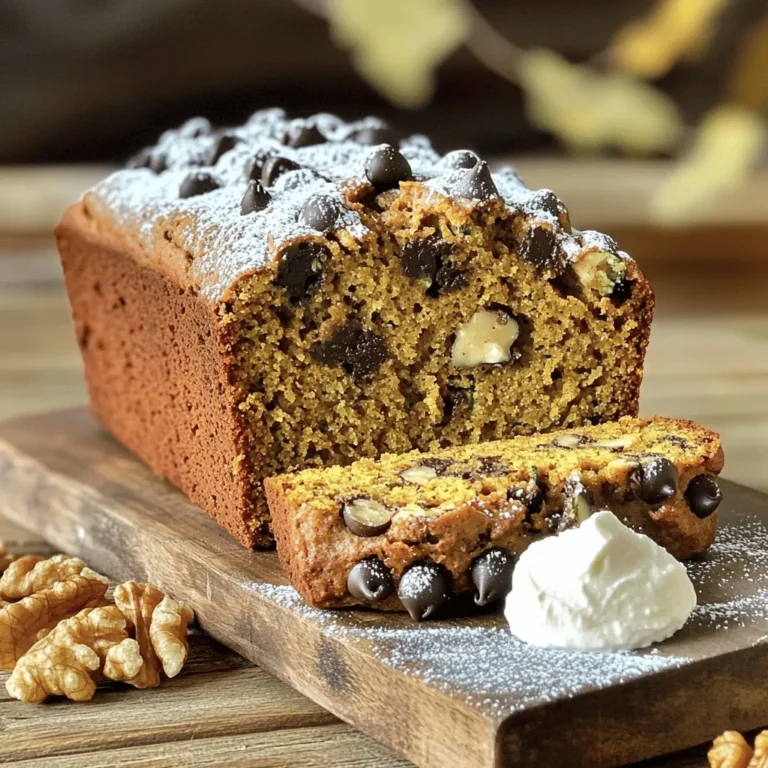 To make pumpkin zucchini bread, gather the following ingredients: - 1 cup freshly grated zucchini - 1 cup canned pumpkin puree - 1/2 cup vegetable oil - 1 cup brown sugar, tightly packed - 1/2 cup granulated sugar - 3 large eggs, at room temperature - 2 cups all-purpose flour, sifted - 1 teaspoon baking powder - 1 teaspoon baking soda - 1 teaspoon ground cinnamon - 1/2 teaspoon ground nutmeg - 1/2 teaspoon ground ginger - 1/2 teaspoon salt - 1 cup chopped walnuts or pecans (optional) - 1/2 cup semi-sweet chocolate chips (optional) Using fresh zucchini adds moisture and texture to the bread. Canned pumpkin puree brings a warm flavor and color. Vegetable oil keeps the bread tender. The combination of brown and granulated sugar offers depth in sweetness. Eggs act as a binder, holding everything together. All-purpose flour provides structure. Baking powder and baking soda help the bread rise. Ground spices like cinnamon, nutmeg, and ginger enhance the flavor profile. Salt balances the sweetness. Optional mix-ins like nuts and chocolate chips add crunch and sweetness. Feel free to adjust these to your taste. For the full recipe, check out the earlier mentioned details. - Preheat oven to 350°F (175°C). - Prepare a 9x5 inch loaf pan by greasing it or lining it with parchment paper. - In a large bowl, combine grated zucchini, pumpkin puree, and sugars. - Add vegetable oil and eggs. Mix until everything is smooth and well combined. - In another bowl, sift together flour, baking powder, baking soda, and spices. - Add salt to this dry mix, making sure to mix well. - Gently fold the dry mix into the wet mixture. Stir until just combined. - If you want some crunch, gently fold in walnuts or pecans and chocolate chips. - Pour the batter into the prepared loaf pan. - Bake for 55-65 minutes. Check with a toothpick; it should come out clean. To keep your pumpkin zucchini bread moist, do not overmix the batter. When you combine the wet and dry ingredients, mix just until they blend. A few lumps are fine. This helps the bread stay soft and tender. Proper egg incorporation is also key. Add each egg one at a time and mix well before adding the next. This step ensures even mixing and a smooth texture throughout the bread. To check if your bread is done, use a toothpick. Insert it in the center; if it comes out clean, your bread is ready. If it has batter on it, bake a bit longer. Sometimes the top may brown too quickly. If this happens, cover it loosely with aluminum foil. This will help prevent burning while the inside finishes baking. For serving, slice the bread and serve it warm or at room temp. You can lightly dust it with powdered sugar for a nice look. To enhance flavor, offer cream cheese spread or cinnamon butter on the side. Arrange the slices on a decorative platter for a beautiful display at your next gathering. For the full recipe, check out the complete guide to make this delightful treat! {{image_4}} You can change up the spices for great flavor. Instead of cinnamon, try allspice. You can also use cardamom for a unique twist. For a warm kick, add a pinch of cayenne pepper. Mix-ins can also change the taste. Try dried cranberries or raisins for a fruity burst. Seeds like sunflower or pumpkin seeds can add crunch and nutrition. If you need a gluten-free option, use almond flour or a gluten-free blend. Both options work well in this recipe. For a low-sugar version, substitute the brown sugar with a sugar alternative like monk fruit sweetener. You can also use unsweetened applesauce to cut down on sugar while keeping moisture. Transform your bread into French toast! Slice the bread, dip it in a mix of eggs and milk, and cook until golden. Top with maple syrup for a delicious breakfast. You can also make Pumpkin Zucchini Bread muffins. Just pour the batter into a muffin tin and bake for about 20-25 minutes. This gives you a portable snack that’s perfect for busy mornings. For the full recipe, check out the link to ensure you capture all these variations! To keep your pumpkin zucchini bread fresh, follow these tips. First, let the bread cool completely. This step prevents moisture buildup. Wrap the bread tightly in plastic wrap or aluminum foil. You can also place it in an airtight container. This keeps the bread moist and flavorful. For best results, store your bread at room temperature. It should last about 3 to 5 days. If you want to keep it longer, freezing is a great option. Freezing pumpkin zucchini bread is simple and effective. Start by slicing the bread. This way, you can take out only what you need later. Wrap each slice in plastic wrap. Then, place the wrapped slices in a freezer-safe bag. Remove as much air as you can to prevent freezer burn. For best quality, freeze the bread for up to three months. When you're ready to eat it, take the slices out and let them thaw at room temperature. You can also warm them in the oven at 350°F for about 10 minutes. This restores the bread's fresh-baked taste. For the full recipe, check out the complete guide to making this delicious bread! Pumpkin zucchini bread can last about 5 days at room temperature. Store it in an airtight container to keep it fresh. You can also refrigerate it, which extends its life to about 10 days. However, make sure to wrap it well to avoid drying out. Yes, you can use fresh pumpkin! To do this, choose a sugar pumpkin. Bake it at 350°F (175°C) until soft. Once cool, scoop out the flesh and mash it until smooth. Fresh pumpkin adds a nice flavor, but it may be a bit more watery. You might need to adjust the flour to balance it out. If you want a vegan version, you have options! You can use: - 1/4 cup unsweetened applesauce for each egg - 1/4 cup mashed banana - 1 tablespoon ground flaxseed mixed with 2.5 tablespoons water (let it sit for a few minutes) These substitutes keep the bread moist and tasty. Yes, you can skip the nuts and chocolate chips. The bread will still taste great! However, without these add-ins, the texture will be smoother. Nuts add crunch, and chocolate chips add sweetness. You can also try adding other mix-ins like dried fruit for more flavor. You learned how to make delicious pumpkin zucchini bread. We covered ingredients, steps, and tips to ensure great texture. From mixing wet and dry to baking, each step matters. We also discussed variations, storage, and answered common questions. Now, you have all the info to bake this tasty treat. Enjoy experimenting with flavors and sharing it with friends and family!