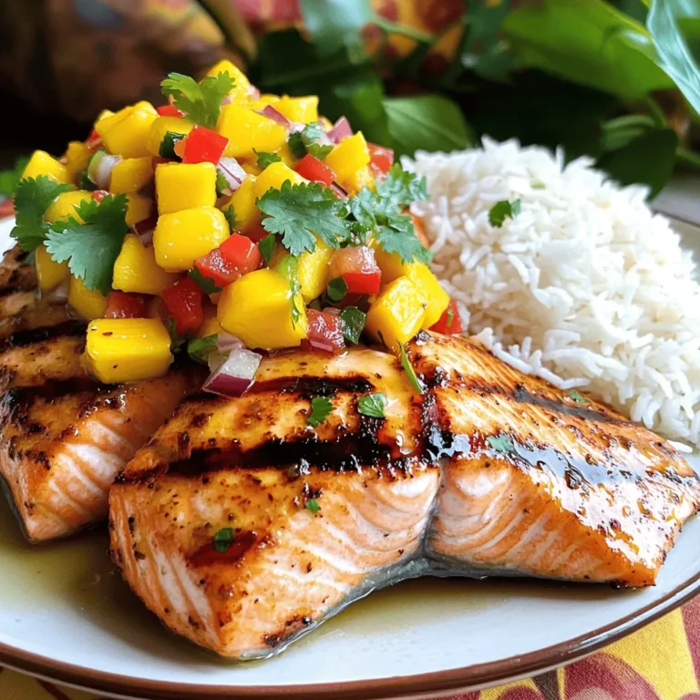 - 4 salmon fillets - 2 tablespoons olive oil - Salt and black pepper to taste - Juice of 1 lime (plus zest for extra flavor) - 1 cup jasmine rice - 1 can (13.5 oz) coconut milk - 1 cup water - 1 ripe mango, diced into small cubes - 1/2 red onion, finely chopped - 1 red bell pepper, diced - 1 jalapeño, finely chopped (optional for spice) - 1/4 cup fresh cilantro, roughly chopped - 1 tablespoon lime juice (freshly squeezed) - Salt to taste Each of these ingredients brings a unique flavor to the dish. The salmon fillets are fresh and rich. Olive oil adds depth, while lime juice brightens the taste. The coconut rice offers a creamy texture. Jasmine rice pairs perfectly with coconut milk. Mango salsa is fresh and vibrant, combining sweet and savory notes. The ripe mango adds sweetness, while red onion and bell pepper add crunch. The cilantro gives a fresh zing, and lime juice ties it all together. You can find the full recipe in the article to create this delightful meal. To start, you need to marinate the salmon. In a shallow dish, mix olive oil, lime juice, salt, and black pepper. Place the salmon fillets in the marinade. Make sure each fillet is well-coated. Let them marinate for about 15 minutes. This step helps the fish soak in the flavors. Next, you prepare the coconut rice. Rinse 1 cup of jasmine rice under cold water until the water runs clear. This helps remove excess starch. In a medium saucepan, combine the rinsed rice, 1 can of coconut milk, 1 cup of water, and a pinch of salt. Bring this mixture to a gentle boil over medium heat. While the rice cooks, make the mango salsa. In a medium bowl, combine 1 diced mango, 1/2 finely chopped red onion, and 1 diced red bell pepper. If you like spice, add 1 finely chopped jalapeño. Stir in 1/4 cup of chopped cilantro and 1 tablespoon of lime juice. Add salt to taste. Mix well and set aside. This allows the flavors to blend. Now it’s time to grill the salmon. Preheat your grill to medium-high. Take the marinated salmon out of the dish and place it skin-side down on the grill. Grill each fillet for 4-5 minutes per side. The salmon is done when it flakes easily with a fork. For serving, place a scoop of coconut rice next to each grilled salmon fillet. Top each piece of salmon with a generous amount of mango salsa. For a nice touch, garnish with lime wedges and a sprinkle of cilantro. You can also serve it on a large platter for a beautiful display. For the full recipe, refer to the earlier section. To make the best grilled salmon, start with marinating. Use olive oil, lime juice, salt, and black pepper. Coat the salmon fillets well and let them sit for 15 minutes. This helps the fish absorb all those tasty flavors. When grilling, preheat your grill to medium-high. Place the salmon skin-side down on the grill. Cook for 4-5 minutes on each side. Look for the salmon to flake easily with a fork. This shows it’s cooked just right. For fluffy coconut rice, rinse jasmine rice under cold water until the water runs clear. This removes excess starch. Combine the rinsed rice with coconut milk and water in a pot. Add a pinch of salt for flavor. Bring the mixture to a boil over medium heat. Once boiling, reduce the heat to low. Cover the pot tightly and simmer for about 15 minutes. After that, let it sit for another 5 minutes. Fluff it with a fork for light, airy grains. When making mango salsa, chop the ingredients evenly for the best texture. Dice the mango, red onion, and red bell pepper into small pieces. This helps all the flavors blend well. Add fresh cilantro and lime juice for brightness. Don’t forget a pinch of salt. Let the salsa sit for a bit. This allows the flavors to mix and improve. For a bit of heat, add jalapeño to taste. Enjoy this fresh, zesty topping on your grilled salmon. For the full recipe, check out the Tropical Paradise Salmon. {{image_4}} If you want to switch things up, consider using chicken or tofu instead of salmon. Chicken thighs can work well. They stay juicy and soak up flavors nicely. For a plant-based option, tofu is a great choice. Use firm tofu and marinate it like salmon. Grill it for a nice texture. You can still enjoy the same delicious mango salsa and coconut rice with these proteins. You can try other rice or grains if jasmine rice isn't your favorite. Quinoa is a healthy and tasty swap. It cooks quickly and adds a nutty flavor. Brown rice is another option, giving a hearty feel. If you want something unique, try farro or barley for extra chew and flavor. Each will pair well with the grilled protein and mango salsa. Feel free to get creative with your salsa. Add diced avocado for creaminess or substitute pineapple for a sweeter taste. You can also use different herbs, like mint or basil, for a fresh twist. If you love heat, toss in more jalapeño or a dash of hot sauce. The goal is to make the salsa your own while keeping that bright flavor. For the full recipe, check out the Tropical Paradise Salmon 🥭. After enjoying your grilled salmon with mango salsa and coconut rice, you might have some leftovers. To keep them fresh, use an airtight container. Place the salmon, rice, and salsa in separate containers. This helps maintain their flavors and textures. Store them in the fridge. They should stay good for up to three days. Always let the food cool down before you put it away. This prevents condensation, which can make your food soggy. If you want to save your leftovers for longer, freezing is a great option. Wrap each salmon fillet tightly in plastic wrap. This keeps air out and prevents freezer burn. For the coconut rice, put it in a freezer-safe bag. Squeeze out as much air as possible before sealing. You can freeze both for up to three months. Remember, the mango salsa does not freeze well. It’s best to enjoy it fresh. When you’re ready to eat your leftovers, reheating is easy. You can use a microwave or an oven. If you choose the microwave, place the salmon and rice in a safe dish. Heat it in short bursts of one minute, checking often. This keeps the food from drying out. If you prefer the oven, preheat it to 350°F (175°C). Place the salmon and rice in an oven-safe dish, cover with foil, and heat for about 15 minutes. This method helps retain moisture and flavor. Marinate salmon for at least 15 minutes. This time helps the fish absorb flavors well. For a deeper taste, you can marinate it for up to 1 hour. Just remember not to marinate too long. The acid in lime juice can cook the fish if left too long. Yes, you can! Use regular milk or almond milk instead. Each option gives a different flavor. Regular milk makes it creamier, while almond milk adds a nutty touch. You can also use water with a bit of coconut extract for a subtle flavor. Grilled salmon pairs well with many sides. Here are some great options: - Steamed vegetables like broccoli or asparagus - A fresh green salad with lemon dressing - Quinoa for a healthy grain choice - Roasted sweet potatoes for a sweet touch - Garlic bread for a tasty crunch These sides help balance the flavors of the salmon and add variety to your meal. You can find the full recipe in the earlier sections. In this blog post, we explored how to make grilled salmon, coconut rice, and mango salsa. I shared step-by-step instructions for marinating salmon, cooking rice, and making fresh salsa. You also learned helpful tips to perfect each dish and variations for different proteins and grains. Cooking can be fun and easy. Enjoy experimenting with these recipes. They offer great flavor and will impress anyone you serve. Happy cooking!