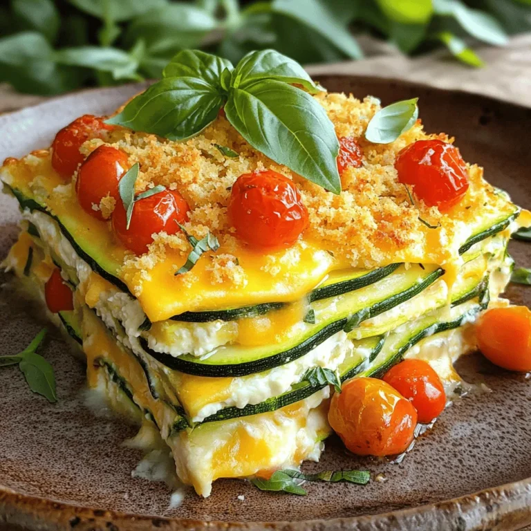 To make this cheesy zucchini casserole, you will need the following: - 3 medium zucchinis, thinly sliced - 1 cup cherry tomatoes, halved - 1 cup shredded cheddar cheese - 1 cup ricotta cheese - 1 large egg - 1/2 cup grated Parmesan cheese - 1 teaspoon garlic powder - 1 teaspoon dried oregano - 1 teaspoon salt - 1/2 teaspoon black pepper - 1 tablespoon olive oil - 1/2 cup bread crumbs, for topping - Fresh basil leaves, for garnish These ingredients come together to create a dish that is both tasty and filling. When choosing zucchini, look for firm, smooth skin. A shiny surface means it is fresh. Avoid zucchinis that have soft spots or blemishes. The size matters too; smaller zucchinis tend to have better flavor. You want zucchinis that are about 6 to 8 inches long. Don’t forget to check for color; a deep green hue is ideal. While this recipe uses cheddar and ricotta, you can mix it up! Try mozzarella for a gooey texture. Feta can add a nice tangy flavor. If you like a bit of spice, consider pepper jack cheese. Always use cheese that melts well for the best results. With cheese, the more, the merrier! Start by washing the zucchinis. Cut off the ends and slice them thin. Next, halve the cherry tomatoes. In a large bowl, mix the ricotta cheese, egg, garlic powder, oregano, salt, and black pepper. Stir well until smooth. This mix adds creaminess to your casserole. Next, grab your greased baking dish. Lay half of the sliced zucchinis at the bottom. Spread half of the ricotta mixture on top. Then, add half of the cherry tomatoes. Sprinkle half of the shredded cheddar cheese over everything. Repeat these layers with the rest of the zucchinis, ricotta mix, cherry tomatoes, and finally, the cheddar cheese. This layering makes each bite cheesy and tasty. Cover the dish with aluminum foil to keep moisture in. Bake it in a preheated oven at 375°F for 30 minutes. After that, take off the foil and add the breadcrumb and Parmesan mix on top. Bake for another 15-20 minutes until it’s golden brown. Let it cool for 5-10 minutes before slicing. Garnish with fresh basil leaves for a pop of flavor. For the full recipe, check the earlier section! To keep your casserole from becoming too watery, salt your zucchini first. Slice the zucchini and sprinkle it with salt. Let it sit for about 10-15 minutes. This draws out excess moisture. After that, pat the zucchini dry with a paper towel. This simple step helps keep your casserole creamy and tasty. Store leftovers in an airtight container. This keeps them fresh for up to three days in the fridge. If you want to keep it longer, freeze it. Wrap individual servings tightly in plastic wrap, then place them in a freezer bag. This way, you can enjoy a quick meal later. Serve your cheesy zucchini casserole with a fresh salad. A mix of greens and a light vinaigrette works well. You can also pair it with crusty bread or grilled chicken. For a fun twist, add a dollop of sour cream or a sprinkle of fresh herbs on top before serving. You can find the full recipe for your casserole [here](#). {{image_4}} You can boost the protein in your cheesy zucchini casserole easily. Try adding cooked ground turkey, chicken, or beef. For a meatless option, chickpeas or lentils work great. Just mix your chosen protein into the ricotta mixture before layering. This addition makes the dish heartier and fills you up more. This casserole is a fantastic vegetarian dish. To make it gluten-free, just swap regular breadcrumbs for gluten-free ones. You can also use crushed nuts for a crunchy topping. Using a mix of veggies, like bell peppers or spinach, instead of just zucchini can add flavor and color. This makes the dish even more fun and healthy. Herbs and spices can take this casserole to the next level. You can add fresh herbs like thyme or parsley for a garden taste. A pinch of red pepper flakes gives a nice kick if you like heat. Don’t forget to adjust the garlic powder to your taste. These small changes create a unique flavor each time you make it. For the full recipe, you can refer to the detailed instructions provided above. After enjoying your cheesy zucchini casserole, let it cool. Then, cover it tightly with plastic wrap or foil. You can also transfer it to an airtight container. This keeps it fresh and tasty. Store it in the fridge for up to three days. Keeping it sealed helps prevent any unwanted odors from other foods. When you're ready to enjoy the leftovers, preheat your oven to 350°F (175°C). Remove the casserole from the fridge and let it sit for about 10 minutes. This helps it warm evenly. Cover it with foil to keep it moist as it heats. Bake for about 20 minutes or until it’s hot throughout. You can also microwave individual portions for about 1-2 minutes, but the oven gives a better texture. If you want to save your casserole for a later date, freezing is a great option. Before freezing, let the casserole cool completely. Cut it into portions for easier thawing. Wrap each piece tightly in plastic wrap, then place it in a freezer bag. Be sure to label the bags with the date. Your casserole can last up to three months in the freezer. When you’re ready to eat, thaw it overnight in the fridge and follow the reheating steps. This way, you can enjoy a tasty meal anytime! For the full recipe, check out the details above. Yes, you can use other veggies. Carrots, bell peppers, and spinach work well. Just chop them small. This adds color and nutrients. Mix and match to suit your taste. The casserole lasts about 3 to 5 days in the fridge. Make sure to cover it well. This keeps it fresh and tasty. If it smells off, throw it out. Cottage cheese is a great substitute for ricotta. You can also blend soft tofu for a dairy-free option. Just mix it smoothly to mimic ricotta’s texture. This keeps your dish creamy and delicious. For the full recipe, check the earlier section. This blog post covered everything you need for a delicious zucchini casserole. We explored the essential ingredients, tips for selecting fresh produce, and the best cheeses. I provided clear steps to prep and bake the dish. We also discussed ways to avoid a watery casserole and how to store leftovers properly. In closing, whether you're adding protein or trying a veggie twist, this recipe is versatile. Enjoy the process, get creative, and savor each bite. Your homemade zucchini casserole will impress everyone!