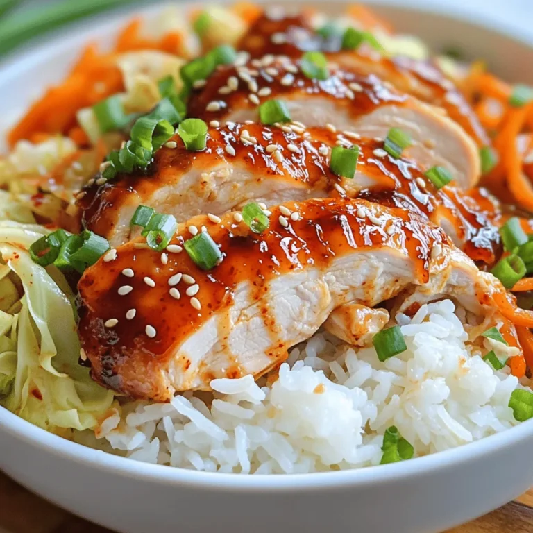 To make this dish, gather these key ingredients: - 2 boneless, skinless chicken thighs - 2 tablespoons gochujang (Korean chili paste) - 1 tablespoon soy sauce - 1 tablespoon honey - 1 teaspoon sesame oil - 1 garlic clove, finely minced - 1 teaspoon fresh ginger, grated - 2 cups cooked rice (white or brown) - 1 cup Napa cabbage, shredded - 1 medium carrot, julienned - 2 green onions, finely chopped - 1 tablespoon sesame seeds - Salt and freshly ground black pepper to taste These ingredients create a bold and tasty flavor. The chicken absorbs the gochujang and other sauces, making each bite delicious. The fresh veggies add crunch and color. You can add more fun flavors with these optional items: - Kimchi for a tangy kick - Sliced cucumbers for freshness - Avocado for creaminess - Extra sesame seeds for crunch - More green onions for a pop of color Feel free to mix and match these extras. They add depth and make your bowl even more exciting. To prepare this dish, you will need: - A medium bowl for marinating - A grill pan or heavy skillet for cooking - A cutting board and knife for chopping - Measuring spoons for accuracy - A serving bowl to assemble your dish Having the right tools makes cooking easier. You’ll enjoy making this meal even more when you have everything at hand. Check out the Full Recipe for detailed steps! To start, you need a good marinade for the chicken. In a medium bowl, mix the gochujang, soy sauce, honey, sesame oil, minced garlic, and grated ginger. Whisk this mixture until it feels smooth. Now, add the chicken thighs. Make sure to coat them well with the marinade. Cover the bowl with plastic wrap. Let it sit in the fridge for at least 30 minutes. For richer flavor, you can marinate for up to 4 hours. Next, it’s time to cook the chicken. Preheat a grill pan or a heavy skillet on medium-high heat. When it gets hot, place the marinated chicken in the pan. Avoid crowding the pan. Cook each side for about 6 to 7 minutes. You want the chicken to be golden-brown and fully cooked. It should reach an internal temperature of 165°F (75°C). Once cooked, take the chicken out and let it rest for a few minutes. After resting, slice it into bite-sized pieces. While the chicken rests, let’s focus on the veggies. In the same pan, add a splash of oil if needed. Sauté the shredded Napa cabbage and julienned carrot for about 3 to 4 minutes. Stir them occasionally. You want them to be tender but still a bit crunchy. Lightly season with salt and black pepper to taste. Now it's time to put everything together. In a large serving bowl, start with a base of cooked rice. Layer the sautéed cabbage and carrots on top. Then, arrange the sliced grilled chicken over the vegetables. For the final touch, sprinkle chopped green onions and sesame seeds over the top. If you like it spicy, drizzle some extra gochujang on top. Enjoy your Easy Korean BBQ Chicken Rice Bowl! For the full recipe, check out the details above. Marinating chicken adds flavor and keeps it moist. Always use a mix of gochujang, soy sauce, honey, sesame oil, garlic, and ginger. Make sure to coat the chicken well. Cover the bowl and chill it in the fridge. Aim for at least 30 minutes. For a deeper taste, marinate for up to 4 hours. This extra time allows the flavors to soak in nicely. The right rice texture makes your bowl special. For this recipe, use either white or brown rice. Rinse the rice under cold water before cooking. This step removes excess starch and prevents stickiness. Cook the rice according to package instructions. Fluff it with a fork after cooking. This keeps the grains separate and light, perfect for a rice bowl. A beautiful bowl makes any meal more inviting. Use deep, colorful dishes for a striking look. Start with a base of rice, then layer on the veggies and chicken. Arrange the chicken slices neatly for a great visual. Finish with green onions and sesame seeds on top. You could also add small bowls of sauces for a fun touch. Use chopsticks to enhance the Korean BBQ feel. {{image_4}} You can swap chicken for other proteins. Try using pork, beef, or shrimp. Each option adds a new taste. If you choose beef, flank steak works well. For shrimp, use large, peeled ones. Just adjust cooking times as needed. You can easily make this dish vegan or vegetarian. Instead of chicken, use tofu or tempeh. Marinate them just like the chicken. For a twist, add marinated mushrooms for extra flavor. You can also use seitan for a meaty texture. Feel free to get creative with your veggies. You can use bell peppers, broccoli, or zucchini. Just chop them up and sauté them along with the cabbage and carrots. This way, your rice bowl stays colorful and fresh. Add your favorite greens for extra nutrition. After enjoying your Easy Korean BBQ Chicken Rice Bowl, store leftovers in an airtight container. Keep the chicken and veggies separate from the rice. This method helps keep everything fresh and tasty. Store it in the fridge for up to three days. If you want to keep it longer, consider freezing the chicken and veggies together. The rice can be stored separately. To reheat, use a microwave or skillet. If using a microwave, heat in short bursts to avoid drying out the chicken. You can add a splash of water to help keep moisture. If using a skillet, add a little oil and heat on low until warmed. This method helps maintain the chicken's juicy texture and the veggies' crunch. For meal prep, freeze the marinated chicken before cooking. This way, the flavors blend better. Place the chicken in a freezer bag and remove as much air as possible. You can freeze the sautéed veggies too. When ready to cook, thaw everything overnight in the fridge. This ensures your meal is quick and easy, with great taste. For the Full Recipe, be sure to check the instructions again before cooking! Yes, you can use chicken breast. Chicken breast cooks faster and is leaner. Just remember that it can dry out more easily than thighs. To keep it juicy, don’t overcook it. Adjust cooking time to about 5-6 minutes per side. If you need a substitute for gochujang, try miso paste mixed with a bit of chili powder. This mix gives a similar depth of flavor. You can also use sriracha for heat, but it won’t have the same sweetness. To add more spice, mix in extra gochujang. You can also add sliced fresh chilies or a dash of red pepper flakes. Adjust the heat to your liking. Remember, it’s easier to add spice than to take it away. Yes, you can prepare the chicken and veggies ahead of time. Marinate the chicken and store it in the fridge for up to 4 hours. Cook the chicken and veggies just before serving for the best flavor. For a full recipe, check out the [Full Recipe]. This blog post covered everything you need for an Easy Korean BBQ Chicken Rice Bowl. We explored essential and optional ingredients, plus equipment needed for cooking. I shared clear steps for marinating and cooking the chicken, sautéing veggies, and tips for perfect rice. We also looked at tasty variations and smart storage options. Ultimately, this dish is flexible and fun to make. Enjoy experimenting with flavors and keep your meals exciting!