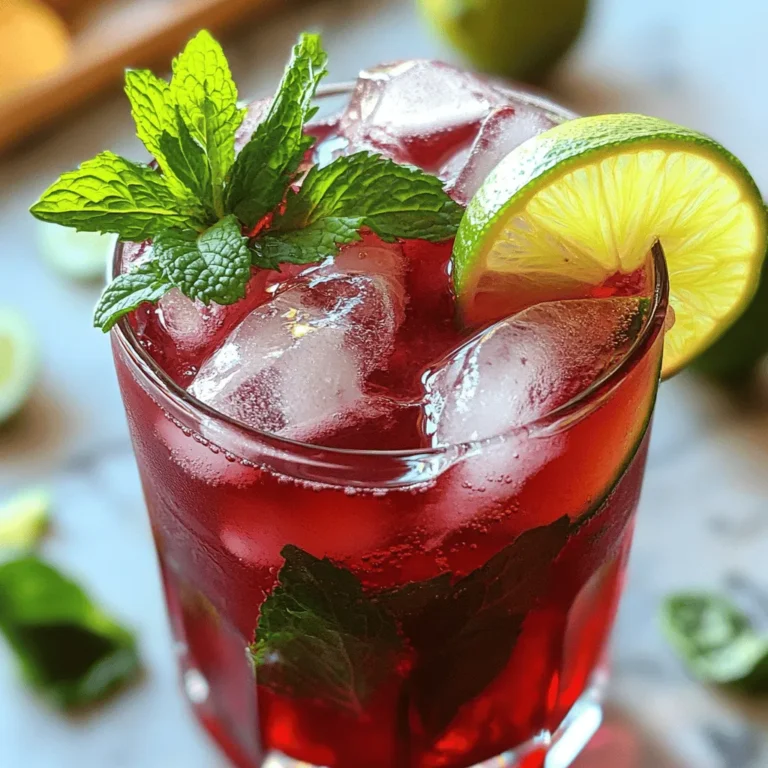 - Dried hibiscus flowers - Water - Honey or agave syrup - Freshly squeezed lime juice - Sparkling water - Fresh mint leaves - Lime slices To create a hibiscus mocktail, you need simple ingredients. Dried hibiscus flowers are the star of the drink. They give a deep red color and a tart flavor. You will also need water to steep the flowers. Honey or agave syrup adds sweetness, so choose what you prefer. Freshly squeezed lime juice brings in a zesty kick. Sparkling water gives it a bubbly touch that makes it refreshing. For garnishing, fresh mint leaves and lime slices add a nice look and extra flavor. This recipe is easy to follow, and you can find the full recipe above for more details. Each ingredient plays a role in making the mocktail vibrant and tasty. Enjoy crafting this delightful drink! 1. Boiling the water Start by boiling 4 cups of water in a medium pot. This gets the process rolling and ensures you have hot water for steeping. 2. Steeping the hibiscus flowers Once the water boils, add 2 cups of dried hibiscus flowers. Reduce the heat to a simmer. Let these flowers steep for about 15 minutes. This step is key to getting that rich color and flavor. 3. Straining the mixture After steeping, remove the pot from the heat. Use a fine mesh sieve to strain the tea into a large bowl. Discard the used flowers. You’ll be left with a beautiful, deep red liquid. 4. Sweetening the tea While the tea is warm, add in 1/2 cup of honey or agave syrup. Stir until it fully dissolves. Adjust the sweetness to fit your taste. 5. Chilling the mocktail Let the sweetened tea cool to room temperature. For a refreshing drink, chill it in the fridge for at least 30 minutes. This helps all the flavors blend nicely. 6. Serving suggestions To serve, fill glasses with ice. Pour the chilled hibiscus mixture until it’s about 3/4 full. Add 1-2 cups of sparkling water on top. This adds a fun fizz! Garnish Finish off with fresh mint leaves and a slice of lime. This adds a pop of color and a zesty aroma. This recipe is a fun way to make a delicious drink at home. Check out the Full Recipe for a detailed guide. Enjoy your refreshing hibiscus mocktail! - Adjusting sweetness levels The key to a great hibiscus mocktail is balance. You can tweak the sweetness to your taste. Start with half a cup of honey or agave syrup. Taste it after mixing in the lime juice. If it’s too tart, add more sweetener slowly. Mix well after each addition. Remember, everyone has different preferences! - Choosing the right garnish Garnishes can elevate your drink. Fresh mint leaves add a pop of green and a lovely aroma. Lime slices make it bright and colorful. You can also use edible flowers for a stunning look. Choose what you love and what fits your vibe. A well-garnished mocktail looks as good as it tastes! - Serving suggestions for gatherings When serving at a party, think about presentation. Use tall glasses filled with ice for a cool effect. A pitcher of the hibiscus mix makes it easy to serve. Guests can add their own sparkling water to taste. This way, everyone can enjoy a refreshing drink made just for them. Plus, it’s a fun way to get people involved! You can find the full recipe to make this refreshing drink in the earlier sections. Enjoy crafting your perfect hibiscus mocktail! {{image_4}} You can make the hibiscus mocktail even more exciting. Adding different flavors can create fun twists. Here are some great ideas. - Adding fruit blends: You can mix in berries like strawberries or blueberries. Orange juice also works well and adds a sweet touch. Just blend these fruits into the hibiscus tea. They will give your drink a fruity punch and vibrant color. - Herbal modifications: Herbs can add a unique taste. Try including fresh basil or rosemary. Add a few leaves to your glass before pouring the drink. The aroma from the herbs will enhance your experience. - Using flavored sparkling water: Instead of plain sparkling water, try flavored versions. Options like lime, lemon, or berry-flavored sparkling water can boost the flavor. This small change can make your mocktail stand out. Feel free to mix and match these ideas. Experimenting can lead to your new favorite drink! For an easy start, check out the Full Recipe. Storing your hibiscus mocktail properly keeps it fresh and tasty. Here’s how to do it: - Refrigeration tips: First, pour any leftover mocktail into a clean glass jar. Seal it tightly with a lid. You can store it in the fridge for up to three days. The cold will help maintain its bright flavor. - Freezing options for hibiscus tea: If you want to keep it longer, freeze the hibiscus tea. Pour the tea into ice cube trays. Once frozen, transfer the cubes to a freezer bag. This way, you can add them to drinks later. - Best practices for maintaining freshness: Always keep your mocktail in an airtight container. Avoid direct sunlight and heat. This helps prevent spoilage and keeps the flavor bright. You can find the [Full Recipe] to make this delightful drink at any time! What is a hibiscus mocktail? A hibiscus mocktail is a non-alcoholic drink made with hibiscus tea. It is bright red and has a tart, fruity flavor. You can enjoy it on hot days or at parties. This drink is refreshing and easy to make. What are the health benefits of hibiscus? Hibiscus is rich in vitamins and minerals. It can help lower blood pressure and improve heart health. It also has antioxidants that support overall wellness. Plus, it is low in calories, making it a great choice for a healthy drink. Can I make hibiscus tea ahead of time? Yes, you can make hibiscus tea ahead of time. Prepare it, cool it, and store it in the fridge. It will stay fresh for about three to five days. This way, you can have it ready for your mocktail anytime. Is there a caffeine content in hibiscus? No, hibiscus is caffeine-free. This makes it a perfect choice for anyone avoiding caffeine. You can enjoy a hibiscus mocktail at any time of day without worrying about keeping you awake. For the complete recipe, check out the Full Recipe section. This blog post covered how to make a refreshing hibiscus mocktail. We discussed the key ingredients and steps to create it, from boiling water to sweetening and chilling. I shared tips to adjust sweetness and serve the perfect drink at gatherings. You also learned some fun variations to mix up flavors. Finally, I offered storage advice to keep leftovers fresh. Enjoy making this fun drink and experimenting with your own twists! It's a great way to stay cool and healthy.