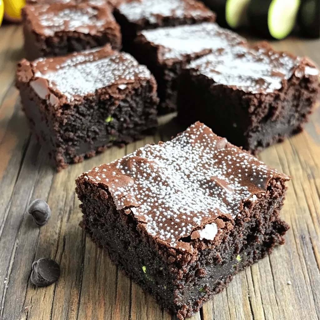 - Grated zucchini (approximately 1 medium-sized) - 1 cup all-purpose flour - ½ cup unsweetened cocoa powder - ½ cup granulated sugar - ½ cup packed brown sugar - 2 large eggs - ½ cup vegetable oil Zucchini is the star of this recipe. It adds moisture, making the brownies soft and fudgy. I love using about one medium-sized zucchini, grated. This amount will give you the right texture without making the brownies too wet. Next, we need flour and cocoa powder. The flour gives structure, while cocoa powder adds a rich chocolate flavor. These two ingredients work together for a perfect balance of taste and texture. Sugar is essential for sweetness. I use both granulated and brown sugar. Granulated sugar gives a nice crunch, while brown sugar adds depth and moisture. Eggs are crucial in binding the ingredients and providing lift, making the brownies fluffy. Lastly, vegetable oil adds richness and keeps the brownies soft. - Dark chocolate chips - Additional toppings or mix-ins Dark chocolate chips are an optional treat. They add extra chocolatey goodness to each bite. If you want some crunch, consider adding nuts or even shredded coconut. You can also top the brownies with a sprinkle of sea salt or powdered sugar for a touch of elegance. For the full recipe, refer to the section above. First, preheat your oven to 350°F (175°C). This step is key for even baking. Next, take a 9x9 inch baking pan. Lightly grease it or line it with parchment paper. This makes it easier to remove the brownies later. In a medium bowl, combine the following dry ingredients: - 1 cup all-purpose flour - ½ cup unsweetened cocoa powder - 1 teaspoon baking powder - ½ teaspoon baking soda - ½ teaspoon salt Whisk these together until well mixed. This helps to blend the flavors and ensures the brownies rise nicely. In a large bowl, whisk together these wet ingredients: - ½ cup granulated sugar - ½ cup packed brown sugar - 2 large eggs - ½ cup vegetable oil - 1 teaspoon vanilla extract Mix until smooth and creamy. This will create a rich base for your brownies. Now, carefully fold the grated zucchini into the wet mixture. Make sure it’s evenly spread throughout. Then, gradually add the dry mixture. Stir gently until just combined. Avoid overmixing, as this can make your brownies dense. Pour the brownie batter into your prepared pan. Spread it evenly for uniform baking. Bake in your preheated oven for 25-30 minutes. To check for doneness, insert a toothpick in the center. If it comes out with a few moist crumbs, they are ready! Let the brownies cool in the pan for about 15 minutes. After that, transfer them to a wire rack. This helps them cool completely and set the texture. Once fully cooled, cut them into squares for serving. Enjoy your delicious zucchini brownies! For the full recipe, check out the details above. To make light and fluffy brownies, avoid overmixing your batter. After adding the dry ingredients to the wet mix, stir gently. This keeps the brownies soft. When you overmix, air gets trapped, and they can become dense. Just mix until you see no dry flour. Trust me, this simple step makes a big difference! Boost the flavor of your brownies with spices or extracts. Try adding a pinch of cinnamon or nutmeg for warmth. You can also use almond or peppermint extract for a unique twist. These small additions can elevate your brownies into something special. Experiment with what you like! Garnishing your brownies can make them look and taste better. Lightly dust the top with powdered sugar for a sweet touch. You might also serve them with a scoop of vanilla ice cream. The cold ice cream pairs well with warm brownies. Add fresh berries on the side for a pop of color and flavor. Enjoy these little extras to make your dessert shine. For the complete recipe, check out [Full Recipe]. {{image_4}} You can make your zucchini brownies even better with a few swaps. Instead of regular flour, try whole wheat flour. This change adds fiber and nutrients. You can also use alternative sweeteners like honey or maple syrup. These options cut down on refined sugars while keeping the taste sweet. Want to mix it up? Add some fun flavors! Chopped nuts like walnuts or pecans add crunch. Dried fruits, such as cranberries or raisins, give a nice chew. If you love chocolate, try using milk or white chocolate chips instead of dark chocolate. Each option creates a unique twist on the classic recipe. If you prefer plant-based meals, you can still enjoy these brownies. Replace the eggs with flaxseed meal or applesauce. For oil, use coconut oil or unsweetened applesauce. This way, you create a delicious vegan treat without losing flavor. You can find the full recipe to get started on these delightful variations. To keep your zucchini brownies fresh, store them in an airtight container. This will help prevent them from drying out. If you have leftover brownies, place a piece of parchment paper between layers. This keeps them from sticking together. Make sure to store them at room temperature for the best taste. Freezing is a great way to save zucchini brownies for later. First, let the brownies cool completely. Then, cut them into squares. Wrap each square in plastic wrap. After that, place them in a freezer-safe bag or container. Label the bag with the date. When you want to eat one, take a brownie out and let it thaw in the fridge overnight. You can also warm it in the microwave for about 15 seconds. Zucchini brownies last about 3 days at room temperature. If refrigerated, they can stay fresh for up to a week. However, for the best flavor and texture, enjoy them within the first few days. Keeping them in the fridge helps maintain their moisture and taste. For a delicious treat, don’t forget to check out the Full Recipe! Yes, you can use frozen zucchini. Just remember to thaw it first. After thawing, squeeze out extra water using a clean cloth. This step helps keep your brownies from getting too soggy. Frozen zucchini works well and keeps the flavor intact. To check for doneness, look for a shiny top. The edges should pull away from the pan slightly. You can also gently press the center; it should spring back. For a more precise test, use a toothpick. If it comes out with a few moist crumbs, your brownies are ready. Yes, you can make egg-free brownies! Replace each egg with 1/4 cup of unsweetened applesauce or 1/4 cup of mashed banana. You can also use flaxseed meal. Mix one tablespoon of flaxseed with three tablespoons of water. Let it sit for five minutes before using. These substitutes keep your brownies moist and tasty. Leftover zucchini has many uses. You can add it to soups and salads for extra crunch. You can also make zucchini fritters or stir-fry it with your favorite veggies. Grate it into pasta sauces or bake it in muffins. You can even freeze it for future recipes. Zucchini brownies bring joy with tasty flavors and fun textures. We explored key ingredients, from fresh zucchini to eggs and cocoa. You learned simple steps for mixing and baking that ensure success. Tips helped perfect your texture and flavor, while variations showed how to customize your treat. Storage info means you can enjoy these brownies longer. Remember, these healthy delights are versatile and easy. Enjoy making them for friends and family; they will love your tasty creations!