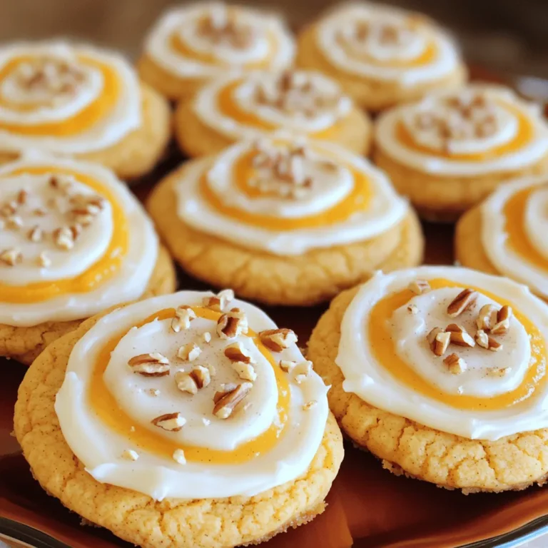 - 2 ½ cups all-purpose flour - 1 teaspoon baking soda - ½ teaspoon baking powder - 1 teaspoon ground cinnamon - ½ teaspoon ground ginger - ¼ teaspoon ground nutmeg - ½ teaspoon salt - ½ cup unsalted butter, softened - 1 cup granulated sugar - 1 large egg - 1 cup pumpkin puree - 1 teaspoon vanilla extract - ½ cup powdered sugar (for icing) - 4 oz cream cheese, softened - 2 tablespoons milk - 1 teaspoon vanilla extract (for icing) These ingredients come together to create a delightful cookie with a warm, spiced flavor. The pumpkin puree adds moisture and a beautiful color. Spices like cinnamon, ginger, and nutmeg give each bite a cozy taste of fall. The cream cheese icing adds a rich, tangy finish that makes these cookies truly special. - For gluten-free options, use a gluten-free all-purpose flour blend. - Substitute dairy-free butter and cream cheese for a dairy-free version. - Adjust sweetness by using less sugar or a sugar alternative like maple syrup. These swaps allow everyone to enjoy pumpkin sugar cookies. You can customize the recipe to fit your diet and taste preferences. Feel free to experiment and make these cookies your own! For the full recipe, check out the complete guide. First, set up your workspace. Clear a flat area on your counter. Gather all your ingredients and tools. You will need mixing bowls, a whisk, a spatula, and cookie sheets. Next, whisk the dry ingredients. In a medium bowl, combine 2 ½ cups of all-purpose flour, 1 teaspoon of baking soda, ½ teaspoon of baking powder, and spices: 1 teaspoon of ground cinnamon, ½ teaspoon of ground ginger, ¼ teaspoon of ground nutmeg, and ½ teaspoon of salt. Mix well and set aside. Now, cream the butter and sugar. In a large bowl, add ½ cup of softened unsalted butter and 1 cup of granulated sugar. Beat together with an electric mixer for about 2-3 minutes. The mixture should be light and fluffy. Time to add the pumpkin and egg. Crack 1 large egg into the butter-sugar mixture. Then, add 1 cup of pumpkin puree and 1 teaspoon of vanilla extract. Beat the mixture until it is smooth. Next, fold in the dry ingredients. Gradually add the dry mixture to the pumpkin mixture. Use a spatula or wooden spoon and stir until just combined. Be careful not to overmix. This step is key for soft cookies. Set your oven to 350°F (175°C). Line two baking sheets with parchment paper. Scoop the dough into rounded balls. Use a cookie scoop or a tablespoon to drop dough onto the sheets. Make sure to space them about 2 inches apart. Bake the cookies for 12-15 minutes. They should be lightly golden at the edges. The centers may look soft but will firm up as they cool. Once baked, let the cookies rest for 5 minutes on the sheets. Then, move them to a wire rack to cool completely. For the cream cheese icing, beat 4 oz of softened cream cheese with ½ cup of powdered sugar until smooth. Then mix in 2 tablespoons of milk and 1 teaspoon of vanilla extract. Once the cookies cool, spread the icing on top. These delightful pumpkin sugar cookies will bring joy to your fall gatherings. Check the Full Recipe for more details! To get the best texture for your pumpkin sugar cookies, start with room temperature ingredients. This helps them mix well, leading to soft and tasty cookies. Cold butter or eggs can cause your dough to become dense. To avoid flat cookies, don’t skip the chilling step. After mixing your dough, chill it for at least 30 minutes. This helps the cookies hold their shape while baking. Also, make sure you measure the flour correctly. Too much flour can make cookies dry and crumbly. For a smooth cream cheese icing, beat the cream cheese and powdered sugar well. Mix until there are no lumps. Adding milk helps make the icing spreadable. If it’s too thick, add a bit more milk, but do it slowly. When frosting your cookies, let them cool completely. This keeps the icing from melting. Use a knife or spatula for an even layer. You can also pipe the icing to create fun designs. Enjoy the process and get creative! For the full recipe, check out the complete instructions above. {{image_4}} You can make these pumpkin sugar cookies even more fun. One way is to add chocolate chips or nuts. Chocolate chips give a sweet bite. Nuts add crunch and flavor. Both options bring new life to the classic cookie. You can also play with spices. For example, you might add a pinch of allspice or cloves. These spices can create a deeper flavor. You can mix and match to find your favorite blend. Be creative and enjoy the process of flavor testing. Icing is another area where you can have fun. While cream cheese icing is a favorite, you can try maple cream icing. This gives a sweet twist with a warm flavor. Just mix maple syrup and powdered sugar for a simple glaze. Alternatively, consider using a glaze instead of thick frosting. To make a glaze, use powdered sugar and a little milk or water. It should be runny enough to drizzle over the cookies. This gives a lovely shine and a lighter taste. You can adjust the sweetness to your liking. For the full recipe, check out the details above. To keep your pumpkin sugar cookies fresh, store them at room temperature. Place them in an airtight container. This keeps them soft and tasty for about a week. If you want them to last longer, you can refrigerate them. Just make sure to wrap them tightly in plastic wrap or foil before placing them in the fridge. For longer storage, consider freezing the cookies. They can stay fresh for up to three months in the freezer. Just remember to use a freezer-safe container. To maintain the freshness of your iced cookies, seal them well. Use wax paper between layers to avoid sticking. When you want to enjoy them again, you can gently reheat them. Place the cookies on a microwave-safe plate for 10-15 seconds. This will warm them up without melting the icing. For the best taste, eat them fresh, but these tips will help keep them delicious longer. If you want the full details on making these cookies, refer to the Full Recipe. Yes, you can make the dough ahead of time. Just wrap it in plastic wrap and chill it in the fridge. The dough can stay fresh for up to three days. When you are ready to bake, scoop and place the dough on the baking sheets. You may need to let it sit at room temperature for a few minutes to soften before baking. These cookies keep well for about a week at room temperature. Store them in an airtight container to keep them fresh. If you want them to last longer, you can refrigerate them for up to two weeks. Just remember that the cream cheese icing may soften in the fridge. If your cookies are too soft, it might be due to too much moisture in the dough. You can try adding a bit more flour to the dough next time. If they are baked and still soft, let them cool completely. They may firm up a bit as they set. Serve them chilled for a firmer texture. No, you should not use canned pumpkin pie filling. It contains added spices and sugars. This can change the flavor and texture of your cookies. Always opt for pure pumpkin puree for the best results. If you want to add spices, you can do that separately in the recipe. For the right taste, use the ingredients listed in the Full Recipe. You learned how to make tasty pumpkin sugar cookies from scratch. We covered the key ingredients, like spices and pumpkin puree, and how to substitute if needed. The step-by-step process helped you create perfect dough and bake cookies with the right texture. Plus, I shared tips for icing and storage. Now, you can impress friends and family with your cookies. Enjoy making them in many fun ways! Your cookie journey starts today.