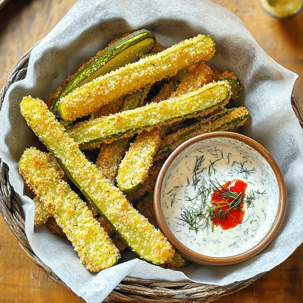 - 4 large dill pickles, sliced into fry shapes - 1 cup all-purpose flour - 1 teaspoon garlic powder - 1 teaspoon onion powder - 1 teaspoon paprika - 1/2 teaspoon cayenne pepper - 2 large eggs - 1 cup breadcrumbs (preferably panko) - Vegetable oil, for frying Spicy Ranch Dipping Sauce: - 1/2 cup ranch dressing - 1 tablespoon hot sauce (like Sriracha) - 1 teaspoon minced fresh dill For the best taste, I often choose Dill Pickles from Claussen. Their crunch and flavor are perfect. For Breadcrumbs, I prefer Panko from Kikkoman. It gives a fantastic crunch. For ranch dressing, Hidden Valley is a classic choice. Their flavor pairs well with spicy hot sauce. If you need gluten-free options, swap the all-purpose flour with almond flour. For the breadcrumbs, use gluten-free breadcrumbs. You can also use any hot sauce you love for the ranch. If you want a milder dip, skip the cayenne pepper or reduce the amount. Start by patting the sliced dill pickles dry using paper towels. This removes extra moisture. Dry pickles help create a crispy texture when frying. Now, let’s set up your breading station. Place three shallow bowls in a line. In the first bowl, mix 1 cup of flour, 1 teaspoon of garlic powder, 1 teaspoon of onion powder, 1 teaspoon of paprika, and 1/2 teaspoon of cayenne pepper. In the second bowl, crack two large eggs and beat them until smooth. The third bowl should have 1 cup of breadcrumbs. Take a pickle fry and dip it into the flour mix first. Make sure it’s covered well. Then, dip it into the beaten eggs to coat it, letting excess drip off. Finally, roll it in the breadcrumbs. Ensure each fry is covered for a crunchy finish. In a deep skillet, pour in about 1 inch of vegetable oil. Heat it over medium-high until it hits 350°F (175°C). To check, drop in a piece of breadcrumb. If it sizzles, the oil is ready. Carefully place the breaded pickle fries in the hot oil, working in small batches. Fry them for about 2-3 minutes on each side. They should turn golden brown and crispy. Use a slotted spoon to take them out and drain them on paper towels. While frying, mix up the spicy ranch. In a small bowl, combine 1/2 cup of ranch dressing, 1 tablespoon of hot sauce, and 1 teaspoon of minced fresh dill. Stir until everything blends smoothly. Transfer your crispy dill pickle fries to a serving platter. Place the spicy ranch in a small bowl beside them for dipping. Enjoy your delicious creation! To achieve the perfect crispy texture, start with dry pickles. Pat the sliced dill pickles with paper towels. This step removes excess moisture that can make your fries soggy. Use panko breadcrumbs for extra crunch. They add a delightful crispiness that regular breadcrumbs cannot match. Fry in small batches to keep the oil hot. Overcrowding lowers the oil temperature, leading to less crispy results. Finally, drain the fried pickles on paper towels to remove extra oil. If you want a milder flavor, reduce the cayenne pepper in the breading mix. A half teaspoon works well for most people. For more heat, add more cayenne or try a hotter hot sauce in the ranch dip. Sriracha packs a punch, but you can pick any sauce that suits your taste. Experiment with different amounts to find your perfect spice level. Having the right tools makes cooking easier. Use a deep skillet or frying pan for frying. A thermometer helps track the oil temperature, ensuring it stays at 350°F. Shallow bowls work well for the breading station. A slotted spoon is great for lifting out the fries. Finally, keep some paper towels handy for draining excess oil after frying. For the full recipe, check out the detailed steps above! {{image_4}} You can customize your crispy dill pickle fries by adding spices. Try using cayenne pepper for heat or smoked paprika for a nice twist. You might enjoy a pinch of dill weed for a fresh taste. If you prefer a kick, add some chili powder or black pepper. Experimenting lets you find your ideal flavor. The spicy ranch sauce is fantastic, but you can switch it up. Try a tangy mustard sauce for a zesty touch. A honey mustard mix adds sweetness that contrasts nicely with the pickles. You can also blend Greek yogurt with garlic and herbs for a creamy dip. Each sauce brings a new flavor adventure. Baking is a great choice if you want a lighter version. Preheat your oven to 425°F (220°C). Place the breaded pickle fries on a baking sheet lined with parchment paper. Spray them lightly with cooking oil for crispness. Bake for about 15-20 minutes, flipping halfway. This method gives you crunch without frying. Enjoy a healthier option that keeps the flavor intact. To keep your crispy dill pickle fries fresh, place them in an airtight container. Make sure they cool down first. Store them in the fridge for up to three days. This helps maintain their flavor and prevents sogginess. When you're ready to enjoy leftovers, reheat them in the oven. Preheat your oven to 375°F (190°C). Place the pickle fries on a baking sheet. Heat for about 10 minutes or until they are crispy again. Avoid using the microwave, as it makes them soft. You can freeze uncooked pickle fries before frying. Arrange them in a single layer on a baking sheet. Freeze until solid, then transfer them to a freezer-safe bag. They will last for up to two months. When ready to eat, fry them straight from the freezer. Just add a couple of extra minutes to the cooking time. For the full recipe, check the above section! Yes, you can use pickled okra. They will offer a different flavor. Pickled okra has a nice crunch, just like dill pickles. The spice mix works well with this swap. Try it for a new twist on the recipe! Crispy dill pickle fries pair well with many dishes. You can serve them with burgers, sandwiches, or even as a snack. They work great as an appetizer too. Add some veggies or a fresh salad for a balanced meal. Serve them with the spicy ranch for extra flavor! To make it gluten-free, swap regular flour for gluten-free flour. You can also use gluten-free breadcrumbs. Check the labels to ensure they are certified gluten-free. This change will help you enjoy the crispy dill pickle fries without gluten. Yes, you can prepare the pickle fries in advance. Bread the pickles and store them in the fridge for a few hours. This helps the coating stick better. When you’re ready, just fry them up for a quick snack. Enjoy the full recipe for detailed steps! You now have a clear guide to making crispy dill pickle fries. We covered the right ingredients, brands, and easy substitutions. You learned step-by-step instructions to prep, bread, and fry your pickles. Tips for a crispy texture and storage advice were shared too. Remember, experimenting with spices and dips can enhance your flavor. Feel free to make this recipe your own. Enjoy your crunchy, spicy snack!