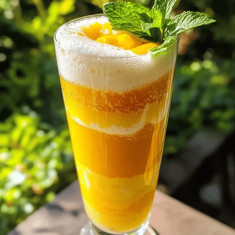 To make a delicious Peach Bellini Mocktail, you need a few key ingredients: - 2 ripe peaches, peeled and diced - 1 tablespoon honey or agave syrup - 1 tablespoon freshly squeezed lemon juice - 1 cup sparkling water or club soda - Fresh mint leaves for garnish - Ice cubes (optional) These ingredients create a sweet and bubbly drink perfect for summer. You can add a few optional ingredients to make your mocktail unique. Here are some ideas: - A splash of orange juice for citrus flavor - A few berries like raspberries or strawberries for color - Flavored sparkling water for extra zest Feel free to mix and match to suit your taste. If you can’t find ripe peaches, you can use frozen peaches. Just make sure to thaw them first. For sweetening, maple syrup works well as a substitute for honey. To keep your mocktail fresh: - Use ripe fruits for the best flavor. - Serve immediately after making for the best bubbles. - Store any leftovers in the fridge and consume within a day. This will help maintain the drink's delicious taste and texture. For the full recipe, check the main section. Enjoy your refreshing Peach Bellini Mocktail! To make the peach puree, start with two ripe peaches. Peel and dice them into small pieces. Place the diced peaches into a blender. Add one tablespoon of honey or agave syrup. This sweetens the puree nicely. Then, squeeze in one tablespoon of fresh lemon juice. The lemon adds a bright touch that balances the sweetness. Blend the mixture on high speed until it is smooth and creamy. If you want a silkier texture, use a fine mesh sieve. Strain the puree to remove any pulp. This step is optional but gives you a smooth drink. Now, grab a glass. If you enjoy chilled drinks, fill it halfway with ice cubes. Carefully pour the peach puree over the ice. Fill the glass until it is about two-thirds full. Next, gently pour sparkling water or club soda into the glass. Fill it to the rim for that fizzy touch. Use a spoon or straw to stir lightly. This helps mix the puree with the bubbles, creating a refreshing drink. To finish, take several fresh mint leaves. Place them on top of the drink. This adds a lovely aroma and a pop of color. For presentation, serve the mocktail in chilled glasses. Pair it with a small plate of peach slices for a nice touch. Enjoy your Peach Bellini Mocktail! For the full recipe, check the ingredients section. To get the best flavor, choose ripe peaches. They should feel soft when you gently press them. Peel and dice the peaches before blending. This makes it easy for the blender to create a smooth puree. I like to blend on high speed. This ensures all the peach bits get mixed well. If you want a silkier drink, strain the puree. Use a fine mesh sieve to remove any leftover pulp. This step is not a must, but it helps. Chilling your glasses can make a big difference. Before you serve, place your glasses in the freezer for a few minutes. This keeps the drink cold longer. You can also add ice cubes to the glass. This adds a refreshing touch, especially on hot days. If you want to chill the mocktail faster, blend the peaches with ice. It adds a nice frosty texture and keeps every sip cool. Serve your Peach Bellini Mocktail in clear glasses. This lets the lovely peach color shine through. To make it special, add fresh mint leaves on top. They add a pop of color and smell great too. You can also place a slice of peach on the rim of the glass. This adds a fun touch and gives guests a hint of the flavors inside. For a fancy look, serve with a small plate of peach slices. This makes your table setting beautiful and inviting. {{image_4}} You can switch up the fruit in your Peach Bellini mocktail. Try using ripe mangoes or juicy strawberries. Both fruits add a unique flavor and color. You might also enjoy using raspberries for a tart twist. Each choice brings a fresh taste to your drink. Blend the fruits just like you did with peaches. This way, you keep the same creamy texture. When it comes to sparkling water, you have many choices. Club soda is a classic option, but flavored sparkling water works great too. Lemon or lime sparkling water adds a nice zing. For a fun twist, try ginger ale. It brings a sweet and spicy kick that pairs well with fruits. Choose a bubbly drink that you love for the best taste. Seasons change, and so can your mocktail! In summer, stick with fresh peaches. In fall, you might want to use apples or pears. Winter calls for citrus fruits like oranges or grapefruits. Spring is perfect for berries like blueberries or blackberries. Each season brings new flavors, so let your choice of fruit reflect what’s fresh and in season. This keeps your drink exciting all year long. If you have leftover peach puree, store it in an airtight container. Make sure the container is clean and dry. You can refrigerate it for up to three days. If you want to keep it longer, freeze it. Use ice cube trays to portion the puree. Once frozen, transfer the cubes to a freezer bag. This way, you can use small amounts later. To keep sparkling water fresh, store it in a cool, dark place. Avoid sunlight and heat, as they can make the bubbles go flat. Keep it sealed until you are ready to use it. If you open a bottle but have leftovers, drink it within a day. You can try to reseal it with a bottle cap, but it may lose some fizz. Peach puree lasts about three days in the fridge. Always check for off smells or changes in color. Frozen peach puree is good for up to six months. When using your frozen puree, let it thaw in the fridge overnight. For sparkling water, check the expiration date on the bottle. Freshness matters for the best taste in your Peach Bellini Mocktail. For the full recipe, check out the earlier sections. A Peach Bellini Mocktail is a non-alcoholic drink made with fresh peaches. It blends peach puree with sparkling water for a fizzy treat. This mocktail is fruity and refreshing, perfect for summer days. You can enjoy it any time without alcohol. Yes, you can prepare the peach puree ahead of time. Store it in the fridge for up to two days. Just mix it with sparkling water when you're ready to serve. This makes it easy for parties or gatherings. To change the sweetness, you can add more or less honey or agave syrup. Taste the puree before mixing in the sparkling water. If it’s not sweet enough, just add a bit more sweetener. You can also use ripe peaches for natural sweetness. Yes, the classic Peach Bellini contains Prosecco or champagne. To make it alcoholic, mix the peach puree with chilled Prosecco instead of sparkling water. This gives it a bubbly kick while staying true to the original. Many fruits make great mocktails! You can try strawberries, mangoes, or raspberries. They blend well and add unique flavors. Citrus fruits like oranges and limes also work, giving a zesty twist. Mix and match for fun variations! This article covers everything you need for a great Peach Bellini Mocktail. We discussed key ingredients, optional items, and tips for freshness. You learned how to prepare peach puree, assemble your drink, and add final touches. I shared tips for blending, chilling, and serving. You even explored fruit alternatives and storage info. In summary, this mocktail is easy and fun to make. Enjoy experimenting with flavors and sharing your creations. Cheers to a tasty, refreshing drink anytime!